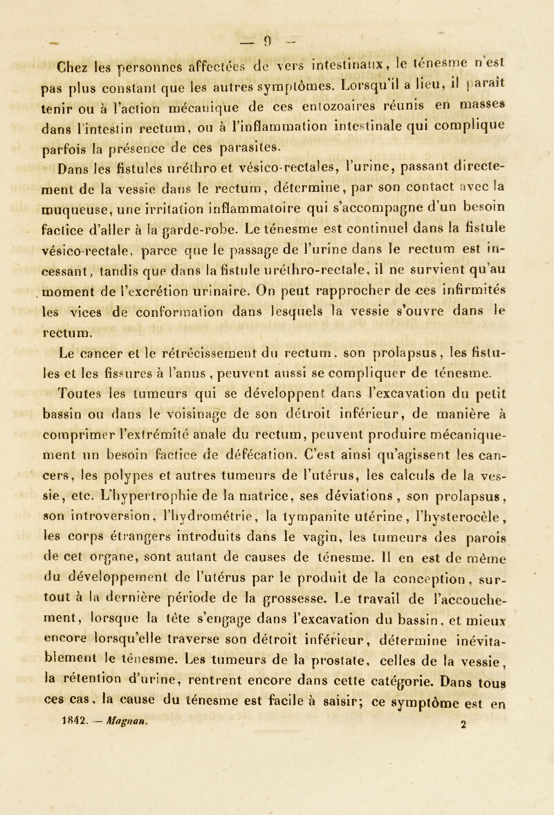 Chez les personnes arfeclées de vers intestinaux, le ténesme n est pas plus constant que les autres symptômes. Lorsqu il a lieu, il paraît tenir ou à l’action mécanique de ces entozoaires reunis en masses dans rintcslin rectum, ou à l’inflammation intestinale qui complique parfois la présence de ces parasites. Dans les fistules uréthroet vésico-rectales, l’urine, passant directe- ment de la vessie daris le rectum, détermine, par son contact avec la rnuqueuse, une irritation inflammatoire qui s’accompagne d un besoin factice d’aller à la garde-robe. Le ténesme est continuel dans la fistule vésico-rectale, parce que le passage de l’urine dans le rectum est in- cessant, tandis que dans la fistule nréthro-rectale, il ne survient qu’au .moment de l’excrétion urinaire. On peut rapprocher de ces infirmités les vices de conformation dans lesquels la vessie s’ouvre dans le rectum. Le cancer et le rétrécissement du rectum, son prolapsus, les fistu- les et les fissures à l’anus , peuvent aussi se compliquer de ténesme. Toutes les tumeurs qui se développent dans l’excavation du petit bassin ou dans le voisinage de son détroit inférieur, de manière à comprimer l’extrémité anale du rectum, peuvent produire mécanique- ment un besoin factice de défécation. C’est ainsi qu’agissent les can- cers, les polypes et autres tumeurs de l’utérus, les calculs de la ves- sie, etc. L’hypei'trophie de la matrice, ses déviations, son prolapsus, son introversion, l’hydrométrie, la tympanite utérine, l’hysterocèle, les corps étrangers introduits dans le vagin, les tumeurs des parois de cet organe, sont autant de causes de ténesme. Il en est de même du développement de l’utérus par le produit de la conception, sur- tout à la dernière période de la grossesse. Le travail de l’accouche- ment, lorsque la tête s’engage dans l’excavation du bassin, et mieux encore lorsqu’elle traverse son détroit inférieur, détermine inévita- blement le téîîesme. Les tumeurs de la prostate, celles de la vessie, la rétention d’urine, rentrent encore dans cette catégorie. Dans tous ces cas, la cause du ténesme est facile à saisir; ce symptôme est en 2 1842. — Magnan.