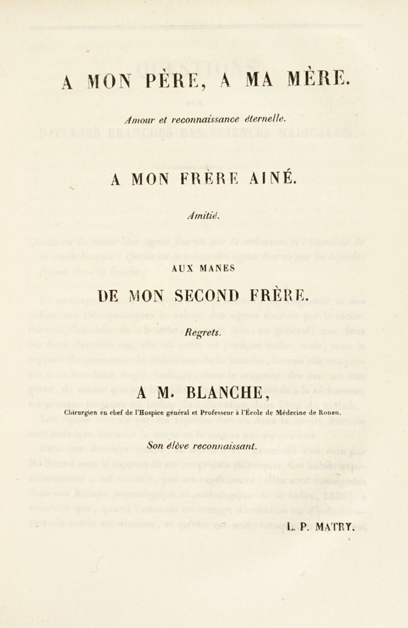 A MON PÈRE, A MA MÈRE. Amour et reconnaissance éternelle. A MON FRÈRE AÎNÉ. Amitié. AUX MANES DE MON SECOND FRÈRE. Regrets. A M. BLANCHE, Chirurgien en chef de l’Hospice général et Professeur à l’École de Médeciae de Rouen. Son élève reconnaissant. L. P. MATRY.