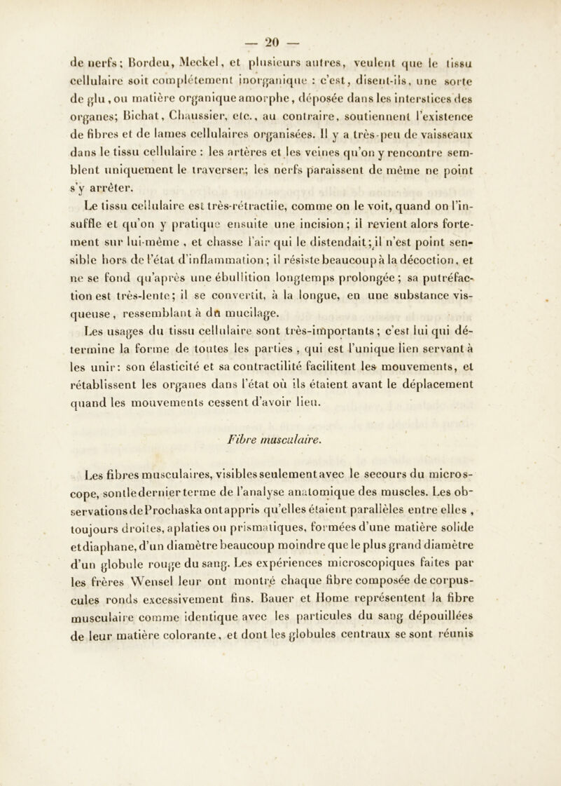 — ‘20 — de nerfs; Bordeu, Meckel, et plusieurs autres, veulent que le tissu cellulaire soit complètement inorganique : c’est, disent-ils, une sorte de glu ,ou matière organique amorphe, déposée dans les interstices des organes; Bichat, Chaussier, etc., au contraire, soutiennent l’existence de fibres et de lames cellulaires organisées. Il y a très-peu de vaisseaux dans le tissu cellulaire : les artères et les veines qu’on y rencontre sem- blent uniquement le traverser,; les nerfs paraissent de même ne point s’y arrêter. Le tissu cellulaire est très-rétractile, comme on le voit, quand on l’in- suffle et qu’on y pratique ensuite une incision; il revient alors forte- ment sur lui-même , et chasse l’air qui le distendait ; il n’est point sen- sible hors de l’état d’inflammation; il résiste beaucoup à la décoction, et ne se fond qu’après une ébullition longtemps prolongée ; sa putréfac- tion est très-lente; il se convertit, à la longue, en une substance vis- queuse , ressemblant à du mucilage. Les usages du tissu cellulaire sont très-importants; c’est lui qui dé- termine la forme de toutes les parties , qui est l’unique lien servant à les unir: son élasticité et sa contractilité facilitent les mouvements, et rétablissent les organes dans l’état où ils étaient avant le déplacement quand les mouvements cessent d’avoir lieu. Fibre musculaire. Les fibres musculaires, visiblesseulementavec le secours du micros- cope, sonde dernier terme de l’analyse anatomique des muscles. Les ob* servationsdeProchaska ontappris qu’elles étaient parallèles entre elles , toujours droites, aplaties ou prismatiques, formées d’une matière solide etdiaphane, d’un diamètre beaucoup moindre que le plus grand diamètre d’un globule rouge du sang. Les expériences microscopiques faites par les frères Wensel leur ont montré chaque fibre composée de corpus- cules ronds excessivement fins. Bauer et Home représentent la fibre musculaire comme identique avec les particules du sang dépouillées de leur matière colorante, et dont les globules centraux se sont réunis