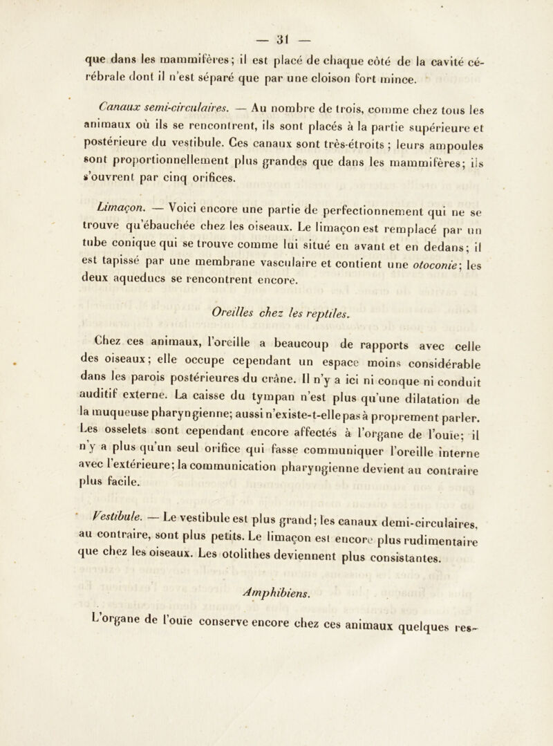 que dans les mammifères; il est placé de chaque côté de la cavité cé- rébrale dont il n’est séparé que par une cloison fort mince. Canaux semi-circulaires. — Au nombre de trois, comme chez tous les animaux où ils se rencontrent, ils sont placés à la partie supérieure et postérieure du vestibule. Ces canaux sont très-étroits ; leurs ampoules sont proportionnellement plus grandes que dans les mammifères; ils s’ouvrent par cinq orifices. Limaçon. Voici encore une partie de perfectionnement qui ne se trouve qu’ébauchée chez les oiseaux. Le limaçon est remplacé par un tube conique qui se trouve comme lui situé en avant et en dedans; il est tapissé par une membrane vasculaire et contient une otoconie; les deux aqueducs se rencontrent encore. Oreilles chez les reptiles. Chez ces animaux, 1 oreille a beaucoup de rapports avec celle des oiseaux; elle occupe cependant un espace moins considérable dans les paiois postérieures du crâne. Il n’y a ici ni conque ni conduit auditif externe. La caisse du tympan n’est plus qu’une dilatation de la muqueuse pharyngienne; aussi n’existe-t-elle pas à proprement parler. Les osselets sont cependant encore affectés à l’organe de l’ouïe; il n y a plus qu’un seul orifice qui fasse communiquer l’oreille interne avec l’extérieure; la communication pharyngienne devient au contraire plus facile. Vestibule. — Le vestibule est plus grand ; les canaux demi-circulaires, au contraire, sont plus petits. Le limaçon est encore plus rudimentaire que chez les oiseaux. Les otolithes deviennent plus consistantes. Amphibiens. L organe de l’ouïe conserve encore chez ces animaux quelques res-