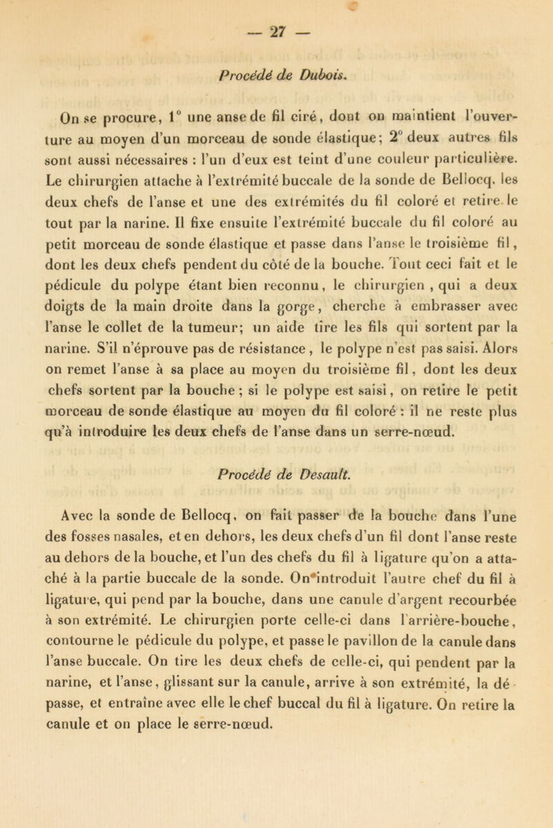 Procédé de Dubois. On se procure, 1° une anse de fil ciré, dont on maintient l’ouver- ture au moyen d’un morceau de sonde élastique; 2° deux autres fils sont aussi nécessaires : l’un d’eux est teint d’une couleur particulière. Le chirurgien attache à l’extrémité buccale de la sonde de Belioeq, les deux chefs de l’anse et une des extrémités du fil coloré et retire le tout par la narine. Il fixe ensuite l’extrémité buccale du fil coloré au petit morceau de sonde élastique et passe dans l’anse le troisième fil, dont les deux chefs pendent du côté de la bouche. Tout ceci fait et le pédicule du polype étant bien reconnu, le chirurgien , qui a deux doigts de la main droite dans la gorge, cherche à embrasser avec l’anse le collet de la tumeur; un aide tire les fils qui sortent par la narine. S’il n’éprouve pas de résistance , le polype n'est pas saisi. Alors on remet l’anse à sa place au moyen du troisième fil, dont les deux chefs sortent par la bouche ; si le polype est saisi, on retire le petit morceau de sonde élastique au moyen du fil coloré : il ne reste plus qu’à introduire les deux chefs de l’anse dans un serre-nœud. Procédé de Desault. Avec la sonde de Bellocq, on fait passer de la bouche dans l’une des fosses nasales, et en dehors, les deux chefs d’un fil dont l’anse reste au dehors de la bouche, et l’un des chefs du fil à ligature qu’on a atta- ché à la partie buccale de la sonde. On’introduit l’autre chef du fil à ligature, qui pend par la bouche, dans une canule d’argent recourbée à son extrémité. Le chirurgien porte celle-ci dans 1 arrière-bouche, contourne le pédicule du polype, et passe le pavillon de la canule dans l’anse buccale. On tire les deux chefs de celle-ci, qui pendent par la narine, et l’anse, glissant sur la canule, arrive à son extrémité, la dé passe, et entraîne avec elle le chef buccal du fil à ligature. On retire la canule et on place le serre-nœud.