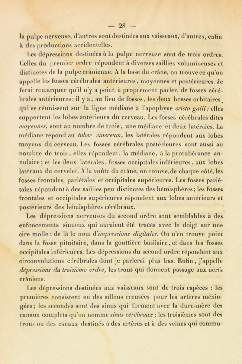 — — la pulpe nerveuse, d’autres sont destinées aux vaisseaux, d’autres, enfin à des productions accidentelles. Les dépressions destinées à la pulpe nerveuse sont de trois ordres. Celles du premier ordre répondent à diverses saillies volumineuses et distinctes de la pulpe crânienne. A la base du crâne, on trouve ce qu on appelle les fosses cérébrales antérieures, moyennes et postérieures. Je ferai remarquer qu’il n’y a point, à proprement parler, de fosses céré- brales antérieures; il y a, au lieu de fosses, les deux bosses orbitaires ? qui se réunissent sur la ligne médiane à l’apophyse crista-galli; elles supportent les lobes antérieurs du cerveau. Les fosses cérébrales dites moyennes, sont au nombre de trois, une médiane et deux latérales. La médiane répond au tuber cinereurn, les latérales répondent aux lobes moyens du cerveau. Les fosses cérébrales postérieures sont aussi au nombre de trois, elles répondent, la médiane, à la protubérance an- nulaire ; et les deux latérales, fosses occipitales inférieures , aux lobes latéraux du cervelet. A la voûte du crâne, on trouve,de chaque côté, les fosses frontales, pariétales et occipitales supérieures. Les fosses parié- tales répondent à des saillies peu distinctes des hémisphères; les fosses frontales et occipitales supérieures répondent aux lobes antérieurs et postérieurs des hémisphères cérébraux. Les dépressions nerveuses du second ordre sont semblables à des enfoncements sinueux qui auraient été tracés avec le doigt sur une cire molle : de là le nom d'impressions digitales. On n’en trouve point dans la fosse pituitaire, dans la gouttière basilaire, et dans les fosses occipitales inférieures. Les dépressions du second ordre répondent aux circonvolutions cérébrales dont je parlerai plus bas. Enfin, j’appelle dépressions du troisième ordre, les trous qui donnent passage aux nerfs crâniens. Les dépressions destinées aux vaisseaux sont de trois espèces : les premières consistent en des sillons creusées pour les artères ménin- gées; les secondes sont des sinus qui forment avec la dure-mère des canaux complets qu’on nommew’^ cérébraux ; les troisièmes sont des trous ou des canaux destinés à des artères et à des veines qui commu-