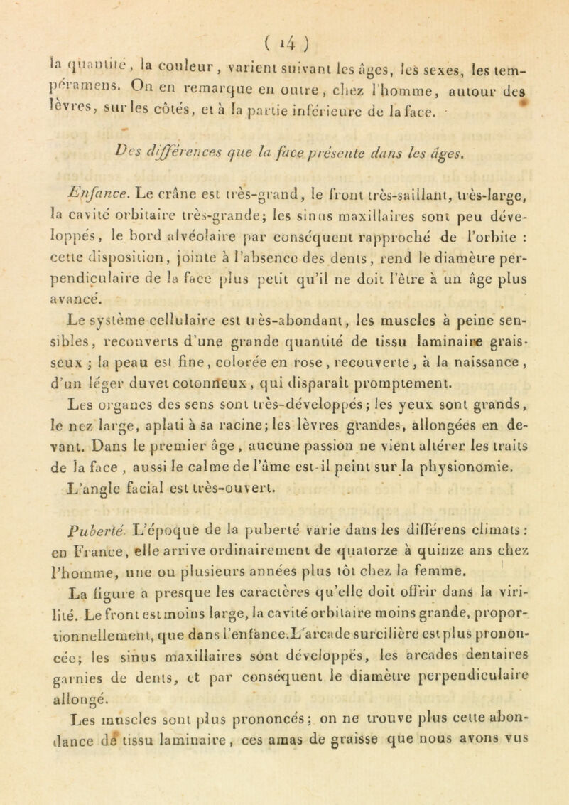 ( »4 } la quainlté, la couleur, varieni suivant lesa^es, les sexes, les le m- poiamciis. Ou en remarque en outre, cliez l’homine, autour des levics, sur les côtés, et à la partie inférieure de la face. * Des cKJlferences que la face présente clans les âges. Enfance. Le crâne est très-grand, le front très-saillant, très-large, la cavité orbitaire très-grande; les sinus maxillaires sont peu déve- loppés, le bord alvéolaire par conséquent rapproché de l’orbite : cette disposition, jointe à l’absence des dents, rend le diamètre per- pendiculaire de la face plus petit qu’il ne doit l’ètre à un âge plus avancé. Le système cellulaire est très-abondant, les muscles à peine sen- sibles, recouverts d’une grande quantité de tissu laminaii^e grais- seux ; la peau est fine, colorée en rose , recouverte, à la naissance , d’un léger duvet cotonneux , qui disparaît promptement. Les organes des sens sont très-développés; les yeux sont grands, le nez large, aplati a sa racine; les lèvres grandes, allongées en de- vant. Dans le premier âge , aucune passion ne vient altérer les traits de la face , aussi le calme de l’âme est-il peint sur la physionomie. L’angle facial est très-ouvert. Puberté L’époque de la puberté varie dans les différens climats: en France, elle arrive ordinairement de quatorze à quinze ans chez l’homme, une ou plusieurs années plus tôt chez la femme. La figure a presque les caractères qu’elle doit offrir dans la viri- lité. Le front est moins large, la cavité orbitaire moins grande, propor- lionnellement, que dans l’enfance.L^arcade surcilière est plus pronon- cée; les sinus maxillaires sont développés, les arcades dentaires garnies de dents, et par consc^jueni le diamètre perpendiculaire allongé. Les muscles sont plus prononcés: on ne trouve plus cette abon- dance dé tissu laminaire, ces amas de graisse que nous avons vus