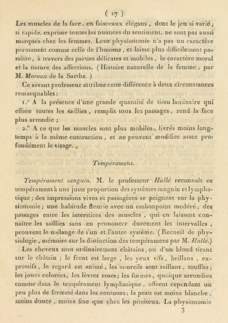 Les muscles de la face, en faisceaux e'Ie'gans , dont le jeu si varié, si rapide, exprime toutes les nuances du sentiment, ne sont pas aussi marqués chez les femmes. Leur physionomie n’a pas un caractère permanent comme celle de rhomme, et laisse plus difficilement pa- raître , à travers des parties délicates et mobiles , le caractère moral et la nature des affections. ( Histoire naturelle de la femme , par M. Moreau de la Sarihe. ) Ce savant professeur attribue cette différence a deux circonstances remarquables : 1. “ A la présence d’une grande quantité de tissu laminaire qui efface toutes les saillies , remplit tous les passages , rend la face plus arrondie ; 2.  A ce que les muscles sont plus mobiles > livrés moins long-r temps à la mênrie contraction , et ne peuvent’ modifier assez pro- fondément le visage, , î ■ ' - . Tempéramens. Tempérament sanguin. M. le professeur Halle reconnaît ce tempéramenia une juste proportion des systèmes sanguin etlyinpha- tique ; des impressions vives et passagères se peignent sur la phy- sionomie ; une habitude fleurie avec un embonpoint modéré, des passages entre les interstices des muscles , qui en laissent con- naître les saillies sans en prononcer durement les intervalles , prouvent le mélange de l’un et l’autre système. ( Piecueil de phy- siologie , mémoire sur la distinction des tempéramens par M. Halle.') Les cheveux sont ordinairement châtains, ou d’un blond tirant sur le châtain ; le front est large , les yeux vifs , brillans , ex- pressifs , le regard est animé, les sourcils sont saillans , touffus; les joues colorées, les lèvres roses; les formes, quoique arrondies comme dans le tempérament lymphatique , offrent cependant un peu plus de fermeté dans les contours; la peau est moins blanche , moins douce ,/moins fine que chez les pituiteux. La physionomie 3