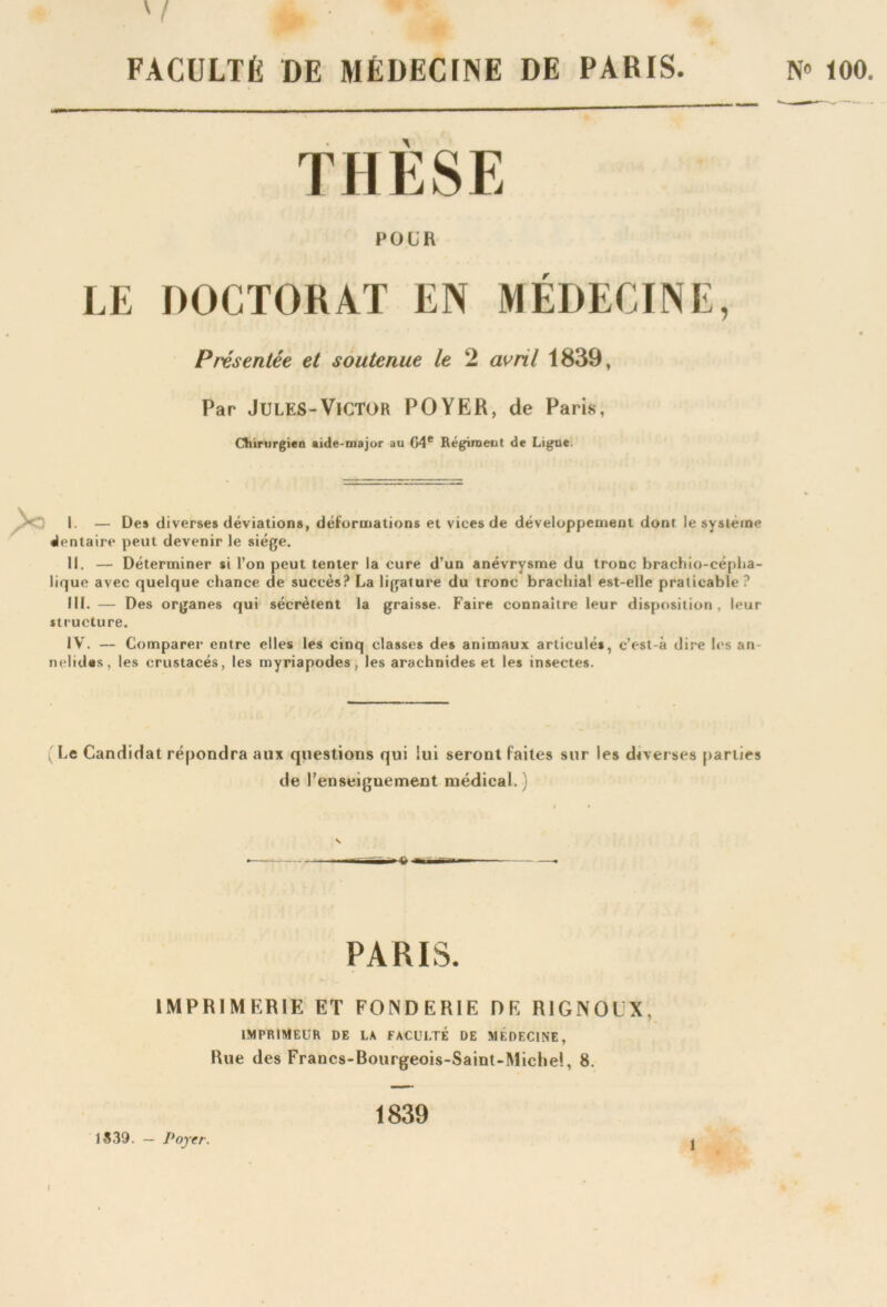 N« 100. ' t FACULTÉ DE MÉDECINE DE PARIS. THÈSE POUR LE DOCTORAT EN MÉDECINE, Présentée et soutenue le 2 avril 1839, Par Jules-Victor POYER, de Paris, Chirurgien aide-major au 04* Régiment de Ligne. I. — Des diverses déviations, déforuiations et vices de développement dont le système dentaire peut devenir le siège. II. — Déterminer si l’on peut tenter la cure d’un anévrysme du tronc bracliio-céplia- lique avec quelque chance de succès? La ligature du tronc brachial est-elle praticable ? III. — Des organes qui sécrètent la graisse. Faire connaître leur disposition, leur structure. IV'. — Comparer entre elles les cinq classes des animaux articulés, c’est-à dire les an- nelides, les crustacés, les myriapodes, les arachnides et les insectes. (Le Candidat répondra aux questions qui lui seront faites sur les diverses j)ariies de l’enseignement médical. ) \ PARIS. IMPRIMERIE ET FONDERIE DE RIGNOLX, IMPRIMEUR DE LA FACULTÉ DE MEDECINE, Rue des Francs-Bourgeois-Sainl-Miche!, 8. 1839. — Payer. 1839 1