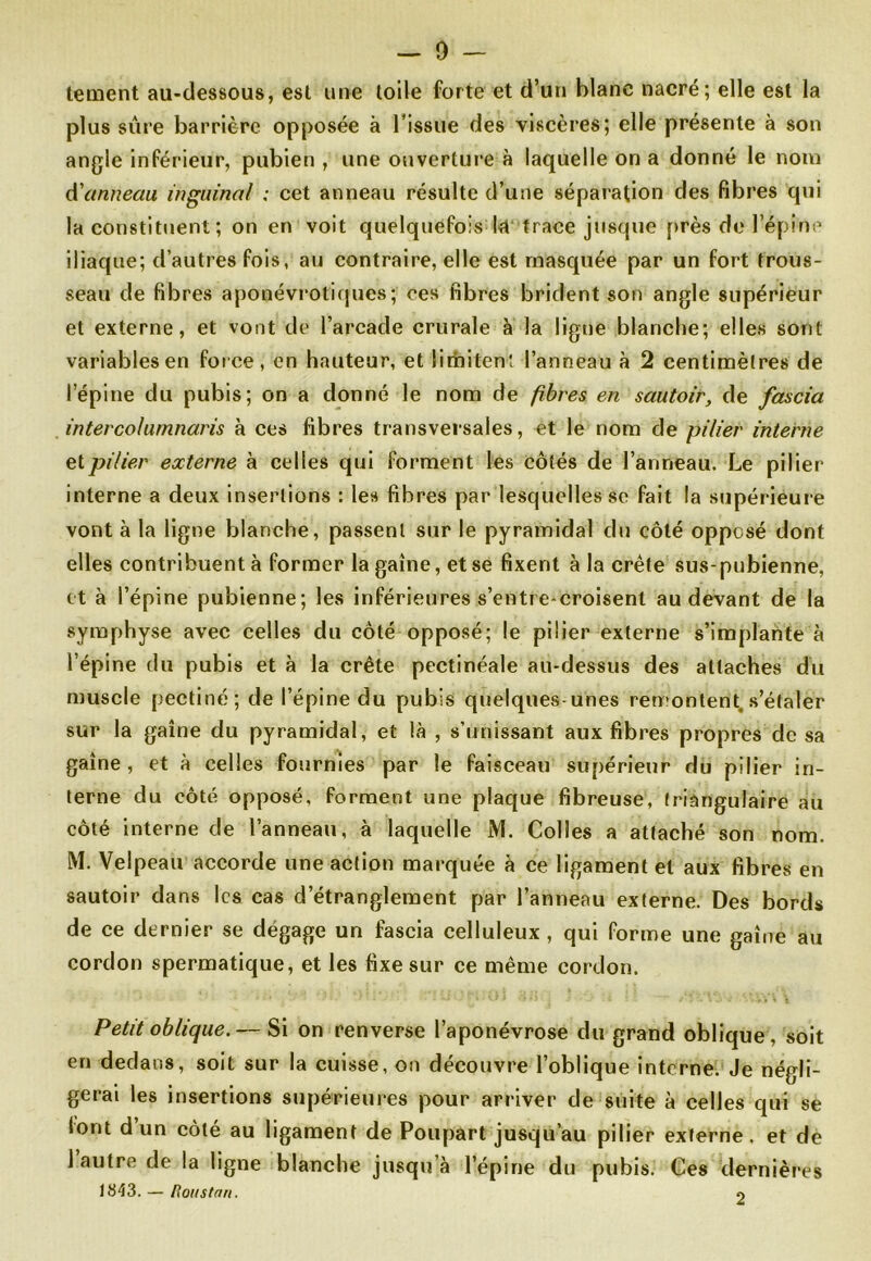 tement au-dessous, est une toile forte et d’un blanc nacré; elle est la plus sûre barrière opposée à l’issue des viscères; elle présente à son angle inférieur, pubien , une ouverture à laquelle on a donné le nom d'anneau inguinal ; cet anneau résulte d’une séparation des fibres qui la constituent ; on en voit quelquefois la trace jusque près de l’épine iliaque; d’autres fois, au contraire, elle est masquée par un fort trous- seau de fibres aponévrotiques; ces fibres brident son angle supérieur et externe, et vont de l’arcade crurale à la ligne blanche; elles sont variables en force, en hauteur, et limitent l’anneau à 2 centimètres de l’épine du pubis; on a donné le nom de fibres en sautoir, de fascia interco/umnaris à ces fibres transversales, et le nom de pilier interne et pilier externe à celles qui forment les côtés de l’anneau. Le pilier interne a deux insertions : les fibres par lesquelles se fait la supérieur e vont à la ligne blanche, passent sur le pyramidal du côté opposé dont elles contribuent à former la gaine, et se fixent à la crête sus-pubienne, et à l’épine pubienne; les inférieures s’entre-croisenl au devant de la symphyse avec celles du côté opposé; le pilier externe s’implante à l’épine du pubis et à la crête pectinéale au-dessus des attaches du muscle pectiné; de l’épine du pubis quelques unes remontent, s’étaler sur la gaine du pyramidal, et là , s’unissant aux fibres propres de sa gaine, et à celles fournies par le faisceau supérieur du pilier in- terne du côté opposé, forment une plaque fibreuse, triangulaire au côté interne de l’anneau, à laquelle M. Colles a attaché son nom. M. Velpeau accorde une action marquée à ce ligament et aux fibres en sautoir dans les cas d’étranglement par l’anneau externe. Des bords de ce dernier se dégage un fascia celluleux, qui forme une gaine au cordon spermatique, et les fixe sur ce même cordon. Petit oblique.— Si on renverse l’aponévrose du grand oblique, soit en dedans, soit sur la cuisse, on découvre l’oblique interne. Je négli- gerai les insertions supérieures pour arriver de suite à celles qui se (ont d un côté au ligament de Poupart jusqu’au pilier externe, et de 1 autre de la ligne blanche jusqu’à l’épine du pubis. Ces dernières 1843. — Bon s tan. o