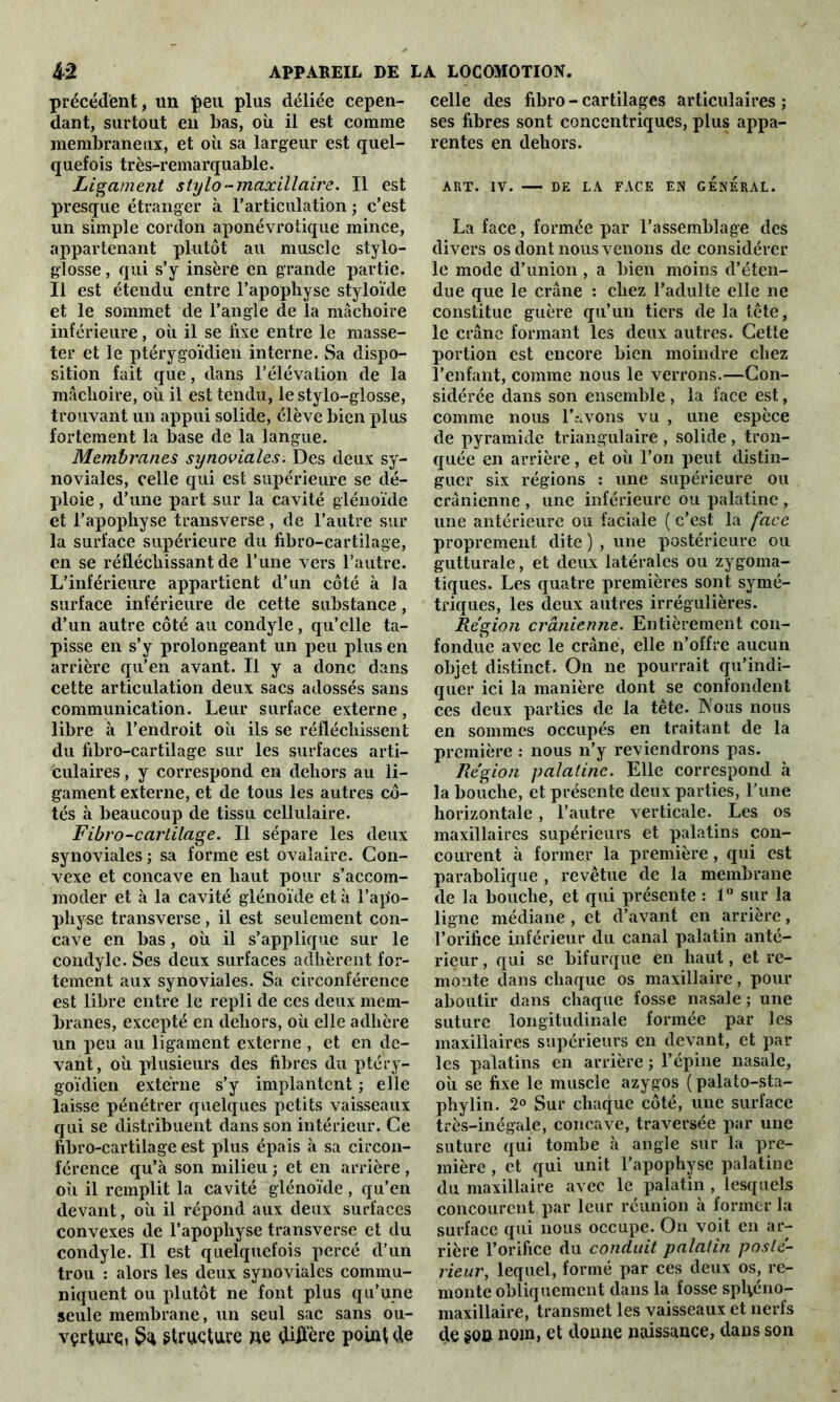 précédent, un peu plus déliée cepen- dant, surtout en bas, où il est comme membraneux, et où sa largeur est quel- quefois très-remarquable. Ligament stylo-maxillaire. Il est presque étranger à l’articulation ; c’est un simple cordon aponévrotique mince, appartenant plutôt au muscle stylo- glosse, qui s’y insère en grande partie. Il est étendu entre l’apophyse styloïde et le sommet de l’angle de la mâchoire inférieure, où il se fixe entre le masse- ter et le ptérygoïdien interne. Sa dispo- sition fait que, dans l’élévation de la mâchoire, où il est tendu, le stylo-glosse, trouvant un appui solide, élève bien plus fortement la base de la langue. Membranes synoviales. Des deux sy- noviales, celle qui est supérieure se dé- ploie , d’une part sur la cavité glénoïde et l’apophyse transverse, de l’autre sur la surface supérieure du fibro-cartilage, en se réfléchissant de l’une vers l’autre. L’inférieure appartient d’un côté à la surface inférieure de cette substance, d’un autre côté au condyle, qu’elle ta- pisse en s’y prolongeant un peu plus en arrière qu’en avant. Il y a donc dans cette articulation deux sacs adossés sans communication. Leur surface externe, libre à l’endroit où ils se réfléchissent du fibro-cartilage sur les surfaces arti- culaires , y correspond en dehors au li- gament externe, et de tous les autres cô- tés à beaucoup de tissu cellulaire. Fibro-cartilage. Il sépare les deux synoviales ; sa forme est ovalaire. Con- vexe et concave en haut pour s’accom- moder et à la cavité glénoïde et à l’apo- physe transverse, il est seulement con- cave en bas, où il s’applique sur le condyle. Ses deux surfaces adhèrent for- tement aux synoviales. Sa circonférence est libre entre le repli de ces deux mem- branes, excepté en dehors, où elle adhère un peu au ligament externe , et en de- vant, où plusieurs des fibres du ptéry- goïdien externe s’y implantent ; elle laisse pénétrer quelques petits vaisseaux qui se distribuent dans son intérieur. Ce fibro-cartilage est plus épais à sa circon- férence qu’à son milieu ; et en arrière, où il remplit la cavité glénoïde , qu’en devant, où il répond aux deux surfaces convexes de l’apophyse transverse et du condyle. Il est quelquefois percé d’un trou : alors les deux synoviales commu- niquent ou plutôt ne font plus qu’une seule membrane, un seul sac sans ou- vçrturç, structure ne diffère point de celle des fibro - cartilages articulaires ; ses fibres sont concentriques, plus appa- rentes en dehors. ART. IV. — DE LA FACE EN GENERAL. La face, formée par l’assemblage des divers os dont nous venons de considérer le mode d’union , a bien moins d’éten- due que le crâne : chez l’adulte elle ne constitue guère qu’un tiers de la tête, le crâne formant les deux autres. Cette portion est encore bien moindre chez l’enfant, comme nous le verrons.—Con- sidérée dans son ensemble , la face est, comme nous l’avons vu , une espèce de pyramide triangulaire , solide, tron- quée en arrière, et où l’on peut distin- guer six régions : une supérieure ou crânienne , une inférieure ou palatine , une antérieure ou faciale ( c’est la face proprement dite ) , une postérieure ou gutturale, et deux latérales ou zygoma- tiques. Les quatre premières sont symé- triques, les deux autres irrégulières. Région crânienne. Entièrement con- fondue avec le crâne, elle n’offre aucun objet distinct. On ne pourrait qu’indi- quer ici la manière dont se confondent ces deux parties de la tête. Nous nous en sommes occupés en traitant de la première : nous n’y reviendrons pas. Région palatine. Elle correspond à la bouche, et présente deux parties, l’une horizontale, l’autre verticale. Les os maxillaires supérieurs et palatins con- courent à former la première, qui est parabolique , revêtue de la membrane de la bouche, et qui présente : 1° sur la ligne médiane , et d’avant en arrière, l’orifice inférieur du canal palatin anté- rieur , qui se bifurque en haut, et re- monte dans chaque os maxillaire, pour aboutir dans chaque fosse nasale ; une suture longitudinale formée par les maxillaires supérieurs en devant, et par les palatins en arrière ; l’épine nasale, où se fixe le muscle azygos ( palato-sta- phylin. 2° Sur chaque côté, une surface très-inégale, concave, traversée par une suture qui tombe à angle sur la pre- mière , et qui unit l’apophyse palatine du maxillaire avec le palatin , lesquels concourent par leur réunion à former la surface qui nous occupe. On voit en ar- rière l’orifice du conduit palatin posté- rieur, lequel, formé par ces deux os, re- monte obliquement dans la fosse spfiéno- maxillaire, transmet les vaisseaux et nerfs de §oo nom, et donne naissance, dans son