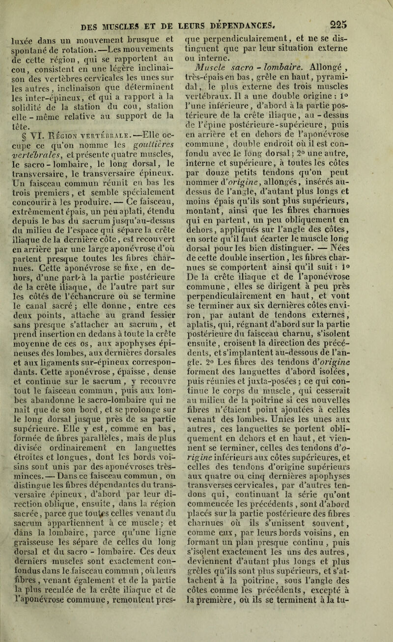 luxée dans un mouvement brusque et spontané de rotation. —Les mouvements de cette région, qui se rapportent au cou, consistent en une légère inclinai- son des vertèbres cervicales les unes sur les autres , inclinaison que déterminent les inter-épineux, et qui a rapport à la solidité de la station du cou, station elle - même relative au support de la tête. § VI. Région vertébrale.—Elle oc- cupe ce qu’on nomme les goultières vertébrales, et présente quatre muscles, le sacro - lombaire, le long dorsal, le transversaire, le transversaire épineux. Un faisceau commun réunit en bas les trois premiers, et semble spécialement concourir à les produire. — Ce faisceau, extrêmement épais, un peu aplati, étendu depuis le bas du sacrum jusqu’au-dessus du milieu de l’espace qui sépare la crête iliaque de la dernière côte, est recouvert en arrière par une large aponévrose d’où partent presque toutes les fibres char- nues. Cette aponévrose se fixe, en de- hors, d’une part/à la partie postérieure de la crête iliaque, de l’autre part sur les côtés de l’échancrure où se termine le canal sacré ; elle donne, entre ces deux points, attache au grand fessier sans presque s’attacher au sacrum , et prend insertion en dedans à toute la crête moyenne de ces os, aux apophyses épi- neuses des lombes, aux dernières dorsales et aux ligaments sur-épineux correspon- dants. Cette aponévrose , épaisse , dense et continue sur le sacrum, y recouvre tout le faisceau commun, puis aux lom- bes abandonne le sacro-lombaire qui ne naît que de son bord, et se prolonge sur le long dorsal jusque près de sa partie supérieure. Elle y est, comme en bas, formée de fibres parallèles, mais de plus divisée ordinairement en languettes étroites et longues, dont les bords voi- sins sont unis par des aponévroses très- minces. — Dans ce faisceau commun, on distingue les fibres dépendantes du trans- versaire épineux , d’abord par leur di- rection oblique, ensuite, dans la région sacrée, parce que toutes celles venant du sacrum appartiennent à ce muscle; et dàns la lombaire , parce qu’une ligne graisseuse les sépare de celles du long dorsal et du sacro - lombaire. Ces deux derniers muscles sont exactement con- fondus dans le faisceau commun, où leurs fibres , venant également et de la partie la plus reculée de la crête iliaque et de l’aponévrose commune, remontent pres- que perpendiculairement, et ne Se dis- tinguent que par leur situation externe ou interne. Muscle sacro - lombaire. Allongé , très-épais en bas, grêle en haut, pyrami- dal , le plus externe des trois muscles vertébraux. Il a une double origine : 1° l’une inférieure, d’abord à la partie pos- térieure de la crête iliaque, au - dessus de l’épine postérieure - supérieure, puis en arrière et en dehors de l’aponévrose commune , double endroit où il est con- fondu avec le long dorsal ; 2° une autre, interne et supérieure, à toutes les côtes par douze petits tendons qu’on peut nommer à’origine, allongés, insérés au- dessus de l’angle, d’autant plus longs et moins épais qu’ils sont plus supérieurs, montant, ainsi que les fibres charnues qui en partent, un peu obliquement en dehors, appliqués sur l’angle des côtes, en sorte qu’il faut écarter le muscle long dorsal pour les bien distinguer. — Nées de cette double insertion, les fibres char- nues se comportent ainsi qu’il suit : 1° De la crête iliaque et de l’aponévrose commune, elles se dirigent à peu près perpendiculairement en haut, et vont se terminer aux six dernières côtes envi- ron , par autant de tendons externes, aplatis, qui, régnant d’abord sur la partie postérieure du faisceau charnu, s’isolent ensuite, croisent la direction des précé- dents, et s’implantent au-dessous de l’an- gle. 2° Les fibres des tendons à’origine forment des languettes d’abord isolées, puis réunies et juxta-posées ; ce qui con- tinue le corps du muscle, qui cesserait au milieu de la poitrine si ces nouvelles fibres n’étaient point ajoutées à celles venant des lombes. Unies les unes aux autres, ces languettes se portent obli- quement en dehors et en haut, et vien- nent se terminer, celles des tendons d’o- rigine inférieurs aux côtes supérieures, et celles des tendons d’origine supérieurs aux quatre ou cinq dernières apophyses transverses cervicales, par d’autres ten- dons qui, continuant la série qu’ont commencée les précédents , sont d’abord placés sur la partie postérieure des fibres charnues où ils s’unissent souvent, comme eux, par leurs bords voisins, en formant un plan presque continu, puis s’isolent exactement les uns des autres, deviennent d’autant plus longs et plus grêles qu’ils sont plus supérieurs, et s’at- tachent à la poitrine, sous l’angle des côtes comme les précédents, excepté à la première, où ils se terminent à la tu-