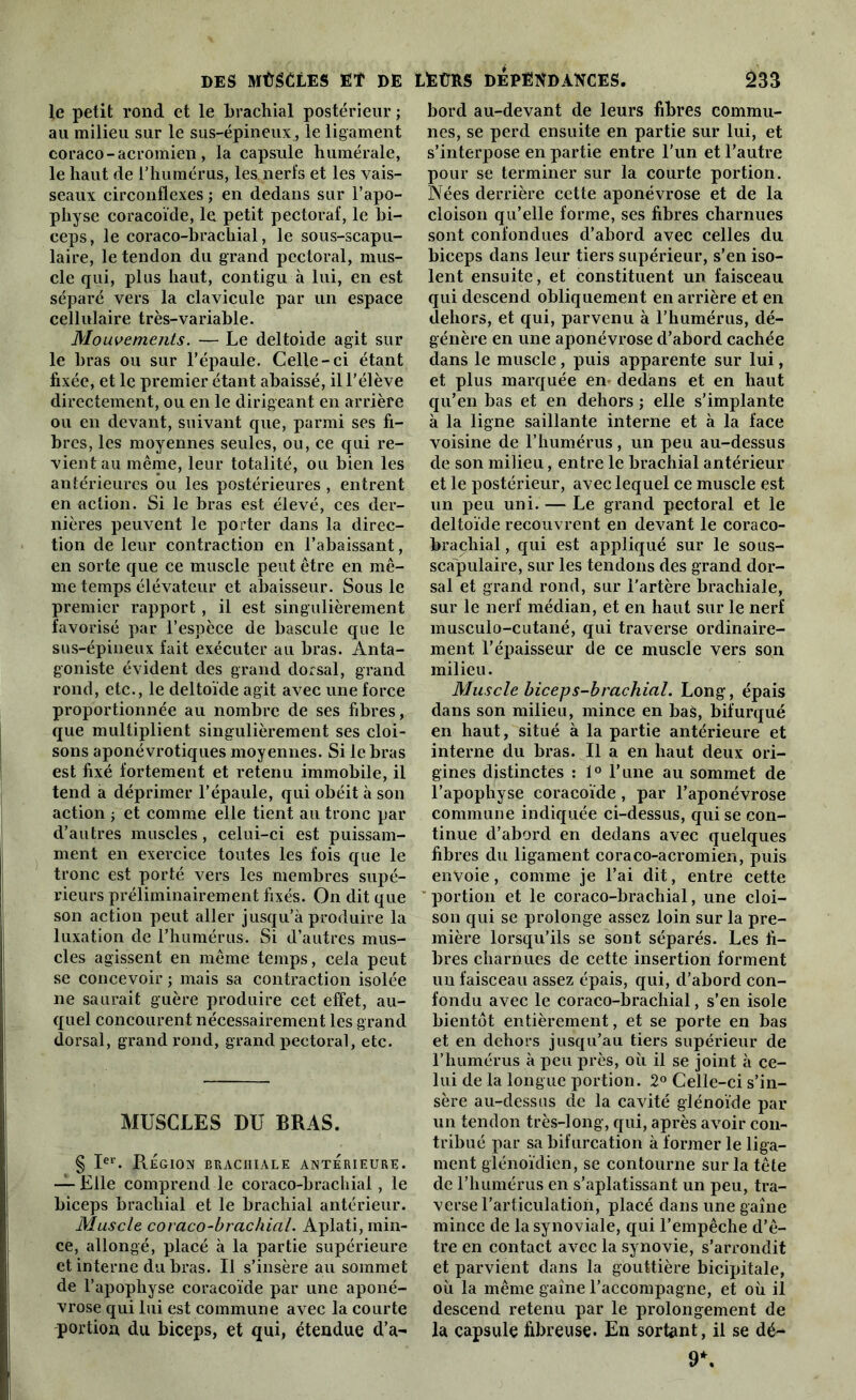 le petit rond et le brachial postérieur ; au milieu sur le sus-épineux, le ligament coraco-acromien, la capsule humérale, le haut de l’humérus, les nerfs et les vais- seaux circonflexes ; en dedans sur l’apo- physe coracoïde, le petit pectoral', le bi- ceps, le coraco-brachial, le sous-scapu- laire, le tendon du grand pectoral, mus- cle qui, plus haut, contigu à lui, en est séparé vers la clavicule par un espace cellulaire très-variable. Mouvements. — Le deltoïde agit sur le bras ou sur l’épaule. Celle-ci étant fixée, et le premier étant abaissé, il l’élève directement, ou en le dirigeant en arrière ou en devant, suivant que, parmi ses fi- bres, les moyennes seules, ou, ce qui re- vient au même, leur totalité, ou bien les antérieures ou les postérieures , entrent en action. Si le bras est élevé, ces der- nières peuvent le porter dans la direc- tion de leur contraction en l’abaissant, en sorte que ce muscle peut être en mê- me temps élévateur et abaisseur. Sous le premier rapport, il est singulièrement favorisé par l’espèce de bascule que le sus-épineux fait exécuter au bras. Anta- goniste évident des grand dorsal, grand rond, etc., le deltoïde agit avec une force proportionnée au nombre de ses fibres, que multiplient singulièrement ses cloi- sons aponévrotiques moyennes. Si le bras est fixé fortement et retenu immobile, il tend a déprimer l’épaule, qui obéit à son action ; et comme elle tient au tronc par d’autres muscles, celui-ci est puissam- ment en exercice toutes les fois que le tronc est porté vers les membres supé- rieurs préliminairement fixés. On dit que son action peut aller jusqu’à produire la luxation de l’humérus. Si d’autres mus- cles agissent en même temps, cela peut se concevoir ; mais sa contraction isolée ne saurait guère produire cet effet, au- quel concourent nécessairement les grand dorsal, grand rond, grand pectoral, etc. MUSCLES DU BRAS. § Ier. Région brachiale anterieure. — Elle comprend le coraco-brachial, le biceps brachial et le brachial antérieur. Muscle coraco-brachial. Aplati, min- ce, allongé, placé à la partie supérieure et interne du bras. Il s’insère au sommet de l’apophyse coracoïde par une aponé- vrose qui lui est commune avec la courte portion du biceps, et qui, étendue d’a- bord au-devant de leurs fibres commu- nes, se perd ensuite en partie sur lui, et s’interpose en partie entre l’un et l’autre pour se terminer sur la courte portion. Nées derrière cette aponévrose et de la cloison qu’elle forme, ses fibres charnues sont confondues d’abord avec celles du biceps dans leur tiers supérieur, s’en iso- lent ensuite, et constituent un faisceau qui descend obliquement en arrière et en dehors, et qui, parvenu à l’humérus, dé- génère en une aponévrose d’abord cachée dans le muscle, puis apparente sur lui, et plus marquée en< dedans et en haut qu’en bas et en dehors ; elle s’implante à la ligne saillante interne et à la face voisine de l’humérus, un peu au-dessus de son milieu, entre le brachial antérieur et le postérieur, avec lequel ce muscle est un peu uni. — Le grand pectoral et le deltoïde recouvrent en devant le coraco- brachial , qui est appliqué sur le sous- scapulaire, sur les tendons des grand dor- sal et grand rond, sur l’artère brachiale, sur le nerf médian, et en haut sur le nerf musculo-cutané, qui traverse ordinaire- ment l’épaisseur de ce muscle vers son milieu. Muscle biceps-brachial. Long, épais dans son milieu, mince en baà, bifurqué en haut, situé à la partie antérieure et interne du bras. Il a en haut deux ori- gines distinctes : 1° l’une au sommet de l’apophyse coracoïde, par l’aponévrose commune indiquée ci-dessus, qui se con- tinue d’abord en dedans avec quelques fibres du ligament coraco-acromien, puis envoie, comme je l’ai dit, entre cette portion et le coraco-brachial, une cloi- son qui se prolonge assez loin sur la pre- mière lorsqu’ils se sont séparés. Les fi- bres charnues de cette insertion forment un faisceau assez épais, qui, d’abord con- fondu avec le coraco-brachial, s’en isole bientôt entièrement, et se porte en bas et en dehors jusqu’au tiers supérieur de l’humérus à peu près, où il se joint à ce- lui de la longue portion. 2° Celle-ci s’in- sère au-dessus de la cavité glénoïde par un tendon très-long, qui, après avoir con- tribué par sa bifurcation à former le liga- ment glénoïdien, se contourne sur la tête de l’humérus en s’aplatissant un peu, tra- verse l’articulation, placé dans une gaine mince de la synoviale, qui l’empêche d’ê- tre en contact avec la synovie, s’arrondit et parvient dans la gouttière bicipitale, où la même gaine l’accompagne, et où il descend retenu par le prolongement de la capsule fibreuse. En sortant, il se dé- 9*.