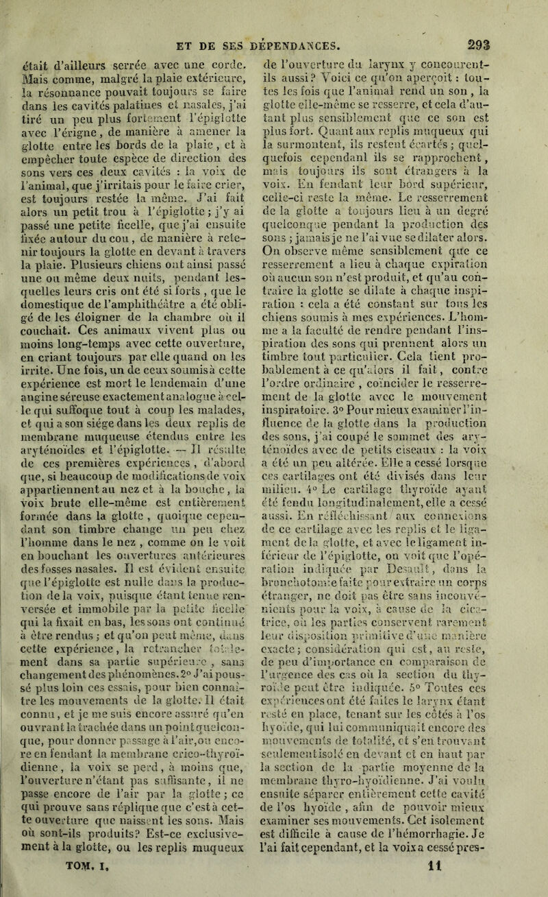 était d’ailleurs serrée avec une corde. Mais comme, malgré la plaie extérieure, la résonnance pouvait toujours se faire dans les cavités palatines et nasales, j’ai tiré un peu plus fortement l’épiglotte avec l’érignc, de manière à amener la glotte entre les bords de la plaie , et à empêcher toute espèce de direction des sons vers ces deux cavités : la voix de l’animal, que j’irritais pour le faire crier, est toujours restée la même. J’ai fait alors un petit trou à l’épiglotte ; j’y ai passé une petite ficelle, que j’ai ensuite fixée autour du cou, de manière à rete- nir toujours la glotte en devant à travers la plaie. Plusieurs chiens ont ainsi passé une ou même deux nuits, pendant les- quelles leurs cris ont été si forts , que le domestique de l’amphithéâtre a été obli- gé de les éloigner de la chambre où il couchait. Ces animaux vivent plus ou moins long-temps avec cette ouverture, en criant toujours par elle quand on les irrite. Une fois, un de ceux soumisà cette expérience est mort le lendemain d’une angine séreuse exactement analogue à cel- le qui suffoque tout à coup les malades, et qui a son siège dans les deux replis de membrane muqueuse étendus entre les aryténoïdes et l’épiglotte. — Il résulte de ces premières expériences , d’abord que, si beaucoup de modifications de voix appartiennent au nez et à la bouche, la voix brute elle-même est entièrement formée dans la glotte , quoique cepen- dant son timbre change un peu chez l’homme dans le nez , comme on le voit en bouchant les ouvertures antérieures des fosses nasales. Il est évident ensuite que l’épiglotte est nulle dans la produc- tion delà voix, puisque étant tenue ren- versée et immobile par la petite ficelle qui la fixait en bas, les sons ont continué à être rendus ; et qu’on peut même, dans cette expérience, la retrancher totale- ment dans sa partie supérieure , sans changement des phénomènes. 2° J’ai pous- sé plus loin ces essais, pour bien connaî- tre les mouvements de la glotte. Il était connu, et je me suis encore assuré qu’en ouvrant la trachée dans un point quel con- que, pour donner passage à l’air,ou enco- re en fendant la membrane crico-thyroï- dienne, la voix se perd, à moins que, l’ouverture n’étant pas suffisante, il ne passe encore de l’air par la glotte ; ce qui prouve sans réplique que c’est à cet- te ouverture que naissent les sons. Mais où sont-ils produits? Est-ce exclusive- ment à la glotte, ou les replis muqueux TOM. I. de l’ouverture du larynx y concourent- ils aussi? Yoici ce qu'on aperçoit : tou- tes les fois que l’animal rend un son , la glotte elle-même se resserre, et cela d’au- tant plus sensiblement que ce son est plus fort. Quant aux replis muqueux qui la surmontent, ils restent écartés ; quel- quefois cependanl ils se rapprochent, mais toujours ils sont étrangers à la voix. En fendant leur bord supérieur, celle-ci reste la même. Le resserrement de la glotte a toujours lieu à un degré quelconque pendant la production des sons ; jamais je ne l’ai vue se dilater alors. On observe même sensiblement que ce resserrement a lieu à chaque expiration où aucun son n’est produit, et qu’au con- traire la glotte se dilate à chaque inspi- ration : cela a été constant sur tous les chiens soumis à mes expériences. L’hom- me a la faculté de rendre pendant l’ins- piration des sons qui prennent alors un timbre tout particulier. Gela tient pro- bablement à ce qu’alors il fait, contre l’ordre ordinaire , coïncider le resserre- ment de la glotte avec le mouvement inspiratoire. 3° Pour mieux examiner l’in- fluence de la glotte dans la production des sons, j’ai coupé le sommet des ary- ténoïdes avec de petits ciseaux : la voix a été un peu altérée. Elle a cessé lorsque ces cartilages ont été divisés dans leur milieu. 4° Le cartilage thyroïde ayant été fendu longitudinalement,elle a cessé aussi. En réfléchissant aux connexions de ce cartilage avec les replis et le liga- ment delà glotte, et avec le ligament in- férieur de l’épiglotte, on voit que l’opé- ration indiquée par Besauït, dans la bronchotomie faite pou,r extraire un corps étranger, ne doit pas être sans inconvé- nients pour la voix, a cause de la cica- trice, où les parties conservent rarement leur disposition primitive d’une manière exacte ; considération qui est, au reste, de peu d’importance en comparaison de l’urgence des cas où la section du thy- roïde peut être indiquée. 5° Toutes ces expériences ont été faites le larynx étant resté en place, tenant sur les côtés à l’os hyoïde, qui lui communiquait encore des mouvements de totalité, et s’eii trouvant seulement isolé en devant et en haut par la section de la partie moyenne de la membrane thyro-hyoïdienne. J’ai voulu ensuite séparer entièrement cette cavité de l’os hyoïde , afin de pouvoir mieux examiner ses mouvements. Cet isolement est difficile à cause de l’hémorrhagie. Je l’ai fait cependant, et la voixa cessé pres- 11