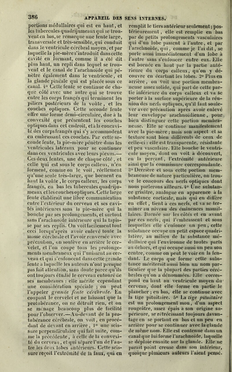 portions médullaires qui est en haut, et les tubercules quadrijumeaux qui se trou- vent en bas,se remarque une fente large, transversale et très-sensible, qui conduit dans le ventricule cérébral moyen, et par laquelle la pie-mère s’introduit dans cette cavité en formant, comme il a été dit plus haut, un repli dans lequel se trou- vent et le canal de l’arachnoïde qui pé- nètre également dans le ventricule , et la glande pinéale qui est placée sous ce canal. 4° Cette fente se continue de cha- que côté avec une autre qui se trouve entre les corps frangés qui terminent les piliers postérieurs de la voûte , et les couches optiques. Cette seconde fente offre une forme demi-circulaire, due à la convexité que présentent les couches optiques dans cet endroit, et à la concavi- té des corps frangés qui s’y accommodent en embrassant ces couches. Par cette se- conde fente, la pie-mère pénètre dans les ventricules latéraux pour se continuer dans ces ventricules avec leurs plexus.— Ces deux fentes, une de chaque côté , et celle qui est sous le corps calleux, n’en forment, comme on le voit, réellement qu’une seule très-large, que bornent en haut la voûte , le corps calleux, les corps frangés, en bas les tubercules quadriju- meaux et les couches optiques. Cette large fente établirait une libre communication entre l’extérieur du cerveau et ses cavi- tés intérieures sans la pie-mère qui la bouche par ses prolongements, et surtout sans l’arachnoïde intérieure qui la tapis- se par ses replis. O11 voit facilement tout ceci lorsqu’après avoir enlevé toute la masse cérébrale et l’avoir renversée avec précaution, on soulève en arrière le cer- velet, et l’on coupe tous les prolonge- ments membraneux qui l’unissent au cer- veau et qui s’enfoncent dans cette grande fente a laquelle les auteurs n’ont presque pas fait attention, sans doute parce qu’ils ont toujours étudié le cerveau entouré de ses membranes : elle mérite cependant une considération spéciale ; on peut l’appeler grande fente cérébrale. En coupant le cervelet et ne laissant que la protubérance, on ne détruit rien, et on se ménage beaucoup plus de facilité pour l’observer.—Au-devant de la pro- tubérance cérébrale, on voit, en procé- dant de devant en arrière , 1° une scis- sure perpendiculaire qui fait suite, com- me la précédente, à celle de la convexi- té du cerveau, et qui sépare l’un de l’au- tre les deux lobes antérieurs. Cette scis- sure reçoit l’extrémité de la faux, qui en remplit le tiers antérieur seulement ; pos- térieurement, elle est remplie en bas par de petits prolongements vasculaires qui d’un lobe passent à l’autre, et par l’arachnoïde, qui, comme je l’ai dit, se porte aussi immédiatement d’un lobe à l’autre sans s’enfoncer entre eux. Elle est bornée en haut par la partie anté- rieure du corps calleux, qu’on y dé- couvre en écartant les lobes. 2° Plus en arrière, on voit une portion membra- neuse assez solide, qui part de cette par- tie inférieure du corps calleux et va Se porter à la surface supérieure de la réu- nion des nerfs optiques, qu’il faut soule- ver avec précaution après avoir enlevé leur enveloppe arachnoïdienne, pour bien distinguer cette portion membra- neuse. Elle se continue manifestement avec la pie-mère -, mais son aspect et sa texture sont bien différents de ceux de celle-ci : elle est transparente, résistante et peu vasculaire. Elle bouche le ventri- cule moyen, dont on voit à découvert, en la perçant, l’extrémité antérieure ainsique la commissure correspondante. 3° Derrière et sous cette portion mem- braneuse de nature particulière, on trou- ve le concours des nerfs optiques dont nous parlerons ailleurs. 4° Une substan- ce grisâtre, analogue en apparence à la substance corticale, mais qui en diffère en effet, tient à ces nerfs, et va se ter- miner au niveau des éminences mamil- laires. Bornée sur les côtés et en avant par ces nerfs, qui l’embrassent et sous lesquelles elle s’enfonce un peu, cette substance occupe un petit espace quadri- latère, au milieu de la substance mé- dullaire qui l’environne de toutes parts au dehors, et qui occupe aussi un peu son centre, comme on peut le voir en la fen- dant. Le corps que forme cette subs- tance mériterait aussi bien un nom par- ticulier que la plupart des parties céré- brales qu’on a dénommées. Elle corres- pond en haut au ventricule moyen du cerveau, dont elle forme en partie le plancher ; en bas, elle se continue avec la tige pituitaire. 5° La lige pituitaire est un prolongement mou, d’un aspect rougeâtre, assez épais à son origine su- périeure, se rétrécissant toujours davan- tage en se portant en bas et un peu en arrière pour se continuer avec la glande de même nom. Fille est contenue dans un canal que lui forme l’arachnoïde, laquelle se déploie ensuite sur la glande. Elle ne parait point creuse dans son intérieur, quoique plusieurs auteurs l’aient pensé.