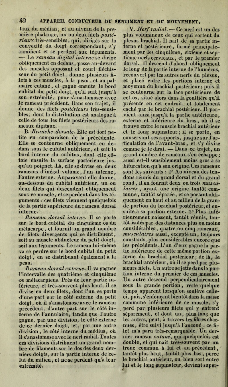 taux du médian, et au niveau de la pre- mière phalange, un ou deux filets posté- rieurs très-sensibles, qui, dirigés sur la convexité du doigt correspondant, s’y ramifient et se perdent aux téguments. — Le rameau digital interne se dirige obliquement en dedans, passe au-devant des muscles opposant et court fléchis- seur du petit doigt, donne plusieurs fi- lets à ces muscles , à la peau , et au pal- maire cutané , et gagne ensuite le bord cubital du petit doigt, qu’il suit jusqu’à son extrémité, pour s’anastomoser avec le rameau précédent. Dans son trajet, il donne des filets postérieurs très-sensi- bles , dont la distribution est analogue à celle de tous les filets postérieurs des ra- meaux digitaux. B. Branche dorsale. Elle est fort pe- tite en comparaison de la ’ précédente. Elle se contourne obliquement en de- dans sous le cubital antérieur, et suit le bord interne du cubitus, dont elle cô- toie ensuite la surface postérieure jus- qu’au poignet. Là, elle se divise en deux rameaux d’inégal volume, l’un interne, l’autre externe. Auparavant elle donne, au-dessous du cubital antérieur, un ou deux filets qui descendent obliquement sous ce muscle, et se perdent dans les té- guments : ces filets viennent quelquefois de la partie supérieure du rameau dorsal interne. Rameau dorsal interne. Il se porte sur le bord cubital du cinquième os du métacarpe, et fournit un grand nombre de filets divergents qui se distribuent, soit au muscle abducteur du petit doigt, soit aux téguments. Le rameau lui-même va se perdre sur le bord cubital du petit doigt, en se distribuant également à la peau. Rameau dorsal externe. Il va gagner l’intervalle des quatrième et cinquième os métacarpiens. Près de leur partie in- férieure, et très-souvent plus haut, il se divise en deux filets, dont l’un se porte d’une part sur le côté externe du petit doigt, où il s’anastomose avec le rameau précédent, d’autre part sur le côté in- terne de l’annulaire ; tandis que l’autre gagne, par une division, le côté externe de ce dernier doigt, et, par une autre division , le côté interne du médius, où il s’anastomose avec le nerf radial.Toutes ces divisions distribuent un grand nom- bre de filaments sur le dos des deux der- niers doigts, sur la partie interne de ce- lui du milieu, et ne se perdent qu’à leur extrémité. Y. Nerf radial. — Ce nerf est un des plus volumineux de ceux qui sortent du plexus brachial. Il naît de sa partie in- terne et postérieure, formé principale- ment par les cinquième, sixième et sep- tième nerfs cervicaux, et par le premier dorsal. Il descend d’abord obliquement le long de la partie interne de l’humérus, recouvert par les autres nerfs du plexus, et placé entre les portions interne et moyenne du brachial postérieur ; puis il se contourne sur la face postérieure de cet os, situé alors dans la gouttière qu’il présente en cet endroit, et totalement caché par le brachial postérieur. Il par- vient ainsi jusqu’à la partie antérieure, externe et inférieure du bras , où il se trouve entre le muscle brachial antérieur et le long supinateur ; il se porte, en conservant ses rapports, jusque sur l’ar- ticulation de l’avant-bras, et s’y divise comme je le dirai. — Dans ce trajet, un grand nombre de rameaux s’en échappe ; aussi est-il sensiblement moins gros à sa bifurcation qu’à son origine.Ces rameaux sont les suivants : 1° Au niveau des ten- dons réunis du grand dorsal et du grand rond , il en fournit deux ou trois muscu- laires , ayant une origine tantôt com- mune , tantôt séparée, et se portant obli- quement en haut et au milieu de la gran- de portion du brachial postérieur, et en- suite à sa portion externe. 2° Plus infé- rieurement naissent, tantôt réunis, tan- tôt isolés par des distances plus ou moins considérables, quatre ou cinq rameaux, musculaires aussi, excepté un, toujours constants, plus considérables encore que les précédents. L’un d’eux gagne la par- tie inférieure de cette même portion ex- terne du brachial postérieur; de là, le brachial antérieur, où il se perd par plu- sieurs filets. Un autre se jette dans la por- tion interne du premier de ces muscles. Un autre descend perpendiculairement sous la grande portion, reste quelque temps apparent lorsqu’on soulève celle- ci, puis, s’enfonçant bientôt dans la masse commune inférieure de ce muscle, s’y perd par plusieurs filets qui y entrent séparément, et dont un, plus long que les autres, peut, à travers les fibres char- nues , être suivi jusqu’à l’anconé : ce fi- let m’a paru très-remarquable. Un der- nier rameau cutané, qui quelquefois est double, et qui naît très-souvent par un tronc commun à lui et au précédent, tantôt plus haut, tantôt plus bas , perce le brachial antérieur, ou bien sort entre lui et lç long supinateur, devient super-