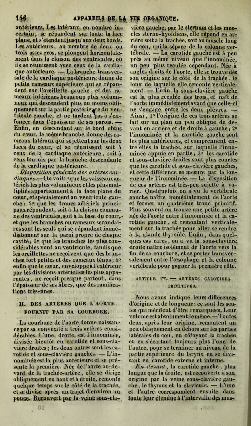 antérieurs. Les latéraux, en nombre in- certain , se répandent sur toute la face plane, et s’étendent jusqu’aux deux bords. Les antérieurs, au nombre de deux ou trois assez gros, se plongent horizontale- ment dans la cloison des ventricules, où. ils se réunissent avec ceux de la cardia- que antérieure. — La branche transver- sale de la cardiaque postérieure donne de petits rameaux supérieurs qui se répan- dent sur l’oreillette gauche , et des ra- meaux inférieurs beaucoup plus volumi- neux qui descendent plus ou moins obli- quement sur la partie postérie ure du ven- tricule gauche, et ne tardent qias à s’en- foncer dans l’épaisseur de ses parois. — Enfin, en descendant sur le bord obtus du cœur, la même branche donne des ra- meaux latéraux qui sejettent sur les deux faces du cœur, et se réunissent soit à ceux de la cardiaque antérieure , soit à ceux fournis par la branche descendante de la cardiaque postérieure. Disposition generale des artères car- diaques.—On voit 1 ° que les vaisseaux ar- tériels les plus volumineux et les plus mul- tipliés appartiennent à la face plane du cœur, et spécialement au ventricule gau- che ; 2° que les troncs artériels princi- paux répondent, soit à la cloison commu- ne des ventricules, soit à la base du cœiuv et que les branches ou rameaux secondai- res sont les seuls qui se répandent immé- diatement sur la paroi propre de chaque cavité; 3° que les branches les plus con- sidérables vont au ventricule, tandis que les oreillettes ne reçoivent que des bran- ches fort petites et des rameaux ténus ; 4° enfin que le cœur, enveloppé à l’extérieur par les divisions artérielles les plus appa- rentes , ne reçoit presque partout, dans l’épaisseur de ses fibres, que des ramifica- tions très-fines. II. DES ARTÈRES QUE i/AORTE FOURNIT PAR SA COURBURE. La courbure de l’aorte donne naissan- ce par sa convexité à trois artères consi- dérables. L’une, droite, est l’innominée, divisée bientôt en carotide et sous-cla- vière droites ; les deux autres sont les ca- rotide et sous-clavière gauches. — L’in- nominée est la plus antérieure et se pré- sente la première. Née de l’aorte au-de- vant de la trachée-artère, elle se dirige obliquement en haut et à droite, remonte quelque temps sur le côté de la trachée, et se divise après un trajet d’environ un pouce. Recouvert par la veine sous-cla- vière gauche, par le sternum et les mus- cles sterno-hyoïdiens, elle répond en ar- rière soit à la trachée, soit au muscle long du cou, qui la sépare de la colonne ver- tébrale. —<’ La carotide gauche est à peu près au même niveau que l’innominée, un peu plus reculée cependant. Née à angles droits de l’aorte, elle se trouve dès son origine sur le côté de la trachée , le long de laquelle elle remonte verticale- ment. — Enfin la sous-clavière gauche est la plus reculée des trois, et naît de l’aorte immédiatement avant que celle-ci ne s’engage entre les deux plèvres. — Ainsi, 1° l’origine de ces trois artères se fait sur un plan un peu oblique de de- vant en arrière et de droite à gauche ; 2° l’innominée et la carotide gauche sont les plus antérieures, et comprennent en- tre elles la trachée, sur laquelle l’inno- minée appuie en partie ; 3° les carotide et sous-clavière droites sont plus courtes que les çarotide et sous-clavière gauches, et cette différence se mesure par la lon- gueur de l’innominée. — La disposition de ces artères est très-peu sujette à va- rier. Quelquefois on a vu la vertébrale gauche naître immédiatement de l’aorte et former un quatrième tronc primitif. Plus souvent on trouve une petite artère née de l’aorte entre l’innominée et la ca- rotide gauche , et remontant verticale- ment sur la trachée pour aller se rendre à la glande thyroïde. Enfin , dans quel- ques cas rares, on a vu la sous-clavière droite naître isolément de l’aorte vers la fin de sa courbure, et se porter transver- salement entre l’œsophage et la colonne vertébrale pour gagner la première côte. ARTICLE Ier. — ARTÈRES CAROTIDES PRIMITIVES. Nous avons indiqué leurs différences d’origine et de longueur : ce sont les seu- les qui méritent d’être remarquées. Leur volume est absolument le même.—Toutes deux, après leur origine, remontent un peu obliquement en dehors sur les parties latérales du cou, en côtoyant la trachée et en s’écartant toujours plus l’une de l’autre, poiir se terminer au niveau de la partie supérieure du larynx en se divi- sant en carotide externe et interne. En devant, la carotide gauche , plus longue que la droite, est recouverte à son origine par la veine sous-clavière gau- che , le thymus et la clavicule. — L’une et l’autre correspondent ensuite dans toute leur étendue à l’intervulle des mus-