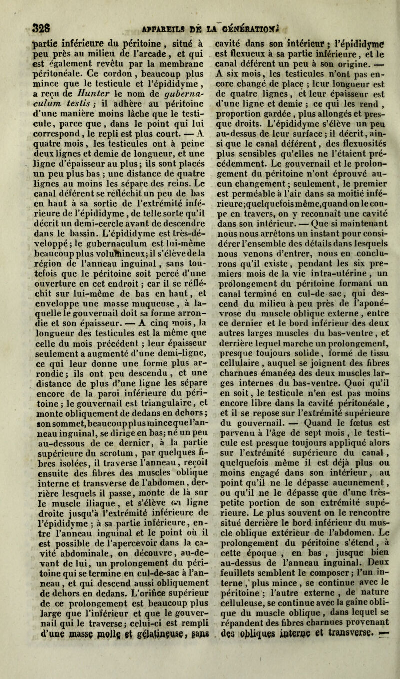 partie inférieure du péritoine , situé à peu près au milieu de l’arcade, et qui est également revêtu par la membrane péritonéale. Ce cordon, beaucoup plus mince que le testicule et l’épididyme, a reçu de Hunter le nom de guberna- culum testis ; il adhère au péritoine d’une manière moins lâche que le testi- cule, parce que, dans le point qui lui correspond, le repli est plus court. — A quatre mois, les testicules ont à peine deux lignes et demie de longueur, et une ligne d’épaisseur au plus ; ils sont placés un peu plus bas ; une distance de quatre lignes au moins les sépare des reins. Le canal déférent se réfléchit un peu de bas en haut à sa sortie de l’extrémité infé- rieure de l’épididyme , de telle sorte qu’il décrit un demi-cercle avant de descendre dans le bassin. L’épididyme esttrès-dé- veloppé;le gubernaculum est lui-même beaucoup plus volulhineux; il s’élève de la région de l’anneau inguinal, sans tou- tefois que le péritoine soit percé d’une ouverture en cet endroit ; car il se réflé- chit sur lui-même de bas en haut, et enveloppe une masse muqueuse , à la- quelle le gouvernail doit sa forme arron- die et son épaisseur. — A cinq mois, la longueur des testicules est la même que celle du mois précédent ; leur épaisseur seulement a augmenté d’une demi-ligne, ce qui leur donne une forme plus ar- rondie ; ils ont peu descendu , et une distance de plus d’une ligne les sépare encore de la paroi inférieure du péri- toine ; le gouvernail est triangulaire, et monte obliquement de dedans en dehors ; son sommet, beaucoup pl us mince que l’an- neau inguinal, se dirige en bas; né un peu au-dessous de ce dernier, à la partie supérieure du scrotum, par quelques fi- bres isolées, il traverse l’anneau, reçoit ensuite des fibres des muscles oblique interne et transverse de l’abdomen, der- rière lesquels il passe, monte de là sur le muscle iliaque, et s’élève c**i ligne droite jusqu’à l’extrémité inférieure de l’épididyme ; à sa partie inférieure, en- tre l’anneau inguinal et le point où il est possible de l’apercevoir dans la ca- vité abdominale, on découvre , au-de- vant de lui, un prolongement du péri- toine qui se termine en cul-de-sac à l’an- neau , et qui descend aussi obliquement de dehors en dedans. L’orifice supérieur de ce prolongement est beaucoup plus large que l’inférieur et que le gouver- nail qui le traverse ; celui-ci est rempli d’une masse moUe et gélatineuse, fans cavité dans son intérieur ; l’épididyme est flexueux à sa partie inférieure , et le canal déférent un peu à son origine. — A six mois, les testicules n’ont pas en- core changé de place ; leur longueur est de quatre lignes, et leur épaisseur est d’une ligne et demie ; ce qui les rend , proportion gardée , plus allongés et pres- que droits. L’épididyme s’élève un peu au-dessus de leur surface ; il décrit, ain- si que le canal déférent, des flexuosités plus sensibles qu’elles ne l’étaient pré- cédemment. Le gouvernail et le prolon- gement du péritoine n’ont éprouvé au- cun changement ; seulement, le premier est perméable à l’air dans sa moitié infé- rieure quelquefois même,quand on le cou- pe en travers, on y reconnaît une cavité dans son intérieur. — Que si maintenant nous nous arrêtons un instant pour consi- dérer l’ensemble des détails dans lesquels nous venons d’entrer, nous en conclu- rons qu’il existe, pendant les six pre- miers mois de la vie intra-utérine , un prolongement du péritoine formant un canal terminé en cul-de sac, qui des- cend du milieu à peu près de l’aponé- vrose du muscle oblique externe , entre ce dernier et le bord inférieur des deux autres larges muscles du bas-ventre , et derrière lequel marche un prolongement, presque toujours solide, formé de tissu cellulaire , auquel se joignent des fibres charnues émanées des deux muscles lar- ges internes du bas-ventre. Quoi qu’il en soit, le testicule n’en est pas moins encore libre dans la cavité péritonéale , et il se repose sur l’extrémité supérieure du gouvernail. — Quand le fœtus est parvenu à l’âge de sept mois , le testi- cule est presque toujours appliqué alors sur l’extrémité supérieure du canal , quelquefois même il est déjà plus ou moins engagé dans son intérieur, ail point qu’il ne le dépasse aucunement, ou qu’il ne le dépasse que d’une très- petite portion de son extrémité supé- rieure. Le plus souvent on le rencontre situé derrière le bord inférieur du mus- cle oblique extérieur de l’abdomen. Le prolongement du péritoine s’étend, à cette époque , en bas , jusque bien au-dessus de l’anneau inguinal. Deux feuillets semblent le composer; l’un in- terne ,'plus mince , se continue avec le péritoine ; l’autre externe , de nature celluleuse, se continue avec la gaîne obli- que du muscle oblique , dans lequel se répandent des fibres charnues provenant dçs obliques Ûitenie et trausverse. —