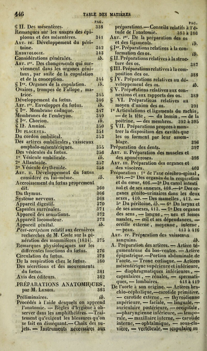 PAG. § II. Des mésentères. 338 Remarques sur les usages des épi- ploons et des mésentères. 341 Art. iv. Développement du péri- toine. 342 Embryologie. 343 Considérations générales. ib. Art. ier. Des changements qui sur- viennent dans les organes géni- taux, par suite de la copulation et de la conception. 344 § Ier. Organes de la copulation. ib. Ovaires, trompes de Fallope, ma- trice. 345 Développement du fœtus. 346 Art. 1er. Enveloppes du fœtus. ib. § Ier. Membrane caduque. 347 Membranes de l’embryon. 349 § Ier. Chorion. ib. § Iï. Amnios. 350 Du PLACENTA. 351 Du cordon ombilical. 353 Des artères ombilicales, vaisseaux omphalo-mésentériques. 355 Des vésicules du fœtus. 356 1° Vésicule ombilicale. ib. 2° Allantoïde. 357 3° Vésicule érythroïde. 358 Art. ii. Développement du fœtus considéré en lui-même. ib. Accroissement du fœtus proprement dit. 360 Du thymus. 366 Système nerveux. 368 Appareil digestif. 370 Capsules surrénales. 371 Appareil des sensations. 372 Appareil locomoteur. 373 Appareil génital. ib. Post-scriptum relatif aux dernières recherches de M. Coste sur la gé- nération des mammifères (1834). 375 Remarques physiologiques sur les différentes fonctions du fœtus. 376 Circulation du fœtus. 378 De la respiration chez le fœtus. 380 Des sécrétions et des mouvements du fœtus. 381 Avis des éditeurs. 382 PRÉPARATIONS ANATOMIQUES, par M. Lenoir. 383 Préliminaires. ib. Procédés à l'aide desquels on apprend l’anatomie. — Règles d’hygiène à ob- server dans les amphithéâtres.—Trai- tement qu’exigent les blessures qu’on se fait en disséquant.— Choix des su- jets. —' Instruments nécessaires aux ^ PAG* préparations.— Conseils relatifs à l’é- tude de l’anatomie. 383 à 386 Art. 1er. De la préparation des os et des ligaments. ib. § Ier. Préparations relatives à la con- formation des os. ib, § IL Préparations relatives à la struc- ture des os. 387 § III • Préparations relatives à la com- position des os. 388 § IV. Préparations relatives au dé- veloppement des os. ib. § V- Prépafations relatives aux con- nexions et aux rapports des os. 389 § VI. Préparations relatives au moyen d’union des os. 391 1° Articulations et ligaments du rachis, — de la tête , — du bassin , — de la poitrine, — des memhres. 392 à 395 § VII. Préparations propres à mon- trer la disposition des cavités que les os forment par leur assem- blage. 396 Préparation des dents. 397 Art. ii. Préparation des muscles et des aponévroses. 398 Art. iii. Préparation des organes et des viscères. 403 Préparation : 1° de l’axe cérébro-sjpinal, 404.2° Des organes de la respiration et du cœur, 406.-3° Du canal intesti nalet de ses annexes, 408.—4° Des or- ganes génito-urinaires dans les deux sexes, 410. — Des mamelles, 412. — 5° Du péritoine, ib.— 6° Du larynx et de ses annexes, 413. — 7° Des organes des sens, — langue , — nez et fosses nasales, — œil et ses dépendances, — oreille externe , moyenne, interne , — peau. 413 à 416 Art. iv. Préparation des vaisseaux sanguins. ib. A. Préparation des artères. — Artère té- guraenteuse du bas-ventre. — Artère épigastrique.—Portion abdominale de l’aorte. — Tronc cœliaque. — Artères mésentérique supérieure et inférieure, — diaphragmatiques inférieures , — capsulaires , — rénales, — spermati- ques, — lombaires. 418 5 419 De l’aorte à son origine. — Artères bra- cliio-céphalique,—carotide primitive, . — carotide externe, — thyroïdienne snpérieure, — faciale, — linguale, — auriculaire postérieure, — occipitale, —pharyngienne inférieure, — tempo- rale, — maxillaire interne, — carotide interne, — ophtalmique, — sous-cla- vière, — vertébrale, — scapulaire su