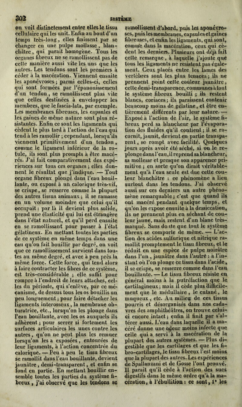 on voit distinctement entre elles le tissu cellulaire qui les unit. Enfin au bout d’un temps très-long, elles finissent par se changer en une pulpe mollasse , blan- châtre , qui parait homogène. Tous les organes fibreux ne se ramollissent pas de cette manière aussi vite les uns que les autres. Les tendons sont les premiers à céder à la macération. Viennent ensuite les aponévroses ; parmi celles-ci, celles qui sont formées par l’épanouissement d’un tendon , se ramollissent plus vite que celles destinées à envelopper les membres, que le fascia-lata, par exemple. Les membranes fibreuses, les capsules et les gaines de même nature sont plus ré- sistantes. Enfin ce sont les ligaments qui cèdent le plus tard à l’action de l’eau qui tend à les ramollir ; cependant, lorsqu’ils viennent primitivement d’un tendon, comme le ligament inférieur de la ro- tule, ils sont plus prompts à être macé- rés. J’ai fait comparativement des expé- riences sur tous ces organes ; elles don- nent le résultat que j’indique. — Tout organe fibreux plongé dans l’eau bouil- lante, ou exposé à un calorique très-vif, se crispe, se resserre comme la plupart des autres tissus animaux ; il se ramasse en un volume moindre que celui qu’il occupait : par là il devient plus solide, prend une élasticité qui lui est étrangère dans l’état naturel, et qu’il perd ensuite en se ramollissant pour passer à l’état gélatineux. En mettant toutes les parties de ce système en même temps dans une eau qu’on fait bouillir par degré, on voit que ce ramollissement survient dans tou- tes au même degré, et avec à peu près la même force. Cette force, qui tend alors à faire contracter les fibres de ce système, est très-considérable ; elle sufiit pour rompre à l’endroit de leurs attaches, cel- les du périoste, qui s’enlève, par ce mé- canisme, de dessus tous les os bouillis un peu longuement ; pour faire détacher les ligaments interosseux, la membrane ob- turatrice, etc., lorsqu’on les plonge dans l’eau bouillante, avec les os auxquels ils adhèrent ; pour serrer si fortement les surfaces articulaires les unes contre les autres, qu’on ne peut plus les remuer lorsqu’on les a exposées , entourées de leur ligaments, à l’action concentrée du calorique. — Peu à peu le tissu fibreux se ramollit dans l’eau bouillante, devient jaunâtre , demi-transparent, et enfin se fond en partie. En mettant bouillir en- semble toutes les parties du système fi- breux , j’ai observé que les tendons se ramollissent d’abord, puis les aponévro- ses, puis les membranes, capsules et gaines fibreuses, et enfin les ligaments, qui sont, connue dans la macération, ceux qui cè- dent les derniers. Plusieurs ont déjà fait cette remarque, à laquelle j’ajoute que tous les ligaments ne résistent pas égale- ment. Ceux placés entre les lames des vertèbres sont les plus tenaces ; ils ne prennent point cette couleur jaunâtre, cette demi-transparence, communes à tout le système fibreux bouilli ; ils restent blancs, coriaces ; ils paraissent contenir beaucoup moins de gélatine, et être en- tièrement différents par leur nature. —• Exposé à l’action de l’air, le système fi- breux perd sa blancheur par l’évapora- tion des fluides qU’il contient ; il se ra- cornit, jaunit, devient en partie transpa- rent , se rompt avec facilité. Quelques jours après avoir été séché, si on le re- plonge dans l’eau,il reprend sa blancheur, sa mollesse et presque son apparence pri- mitive ; en sorte qu’on dirait véritable- ment qu’à l’eau seule est due cette cou- leur blanchâtre : ce phénomène a lieu surtout dans les tendons. J’ai observé aussi sur ces derniers un autre phéno- mène remarquable ; c’est que quand ils ont macéré pendant quelque temps, et qu’on les expose ensuite à la dessiccation, ils ne prennent plus en séchant de cou- leur jaune, mais restent d’un blanc très- marqué. Sans doute que tout le système fibreux se comporte de même. — L’ac- tion des acides sulfurique et nitrique ra- mollit promptement le tissu fibreux, et le réduit en une espèce de pulpe noirâtre dans l’un , jaunâtre dans l’autré : à l’in- stant où l’on plonge ce tissu dans l’acide, il se crispe, se resserre comme dans l’eau bouillante. — Le tissu fibreux résiste en général moins à la putréfaction que le cartilagineux ; mais il cède plus difficile- ment que le médullaire , le cutané, le muqueux , etc. Au milieu de ces tissus pourris et désorganisés dans nos cada- vres des amphithéâtres, on trouve celui- ci encore intact ; enfin il finit par s’al- térer aussi. L’eau dans laquelle il a ma- céré donne une o$eur moins infecte que celle qui a servi à la macération de la plupart des autres systèmes. — Plus di- gestible que les cartilages et que les fi- bro-cartilages, le tissu fibreux l’est moins que la plupart des autres. Les expériences de Spallanzani et de Gosse l’ont prouvé. Il paraît qu’il cède à l’action des sucs digestifs dans le même ordre qu’à la ma- cération, à l’ébullition : ce sont, !• les