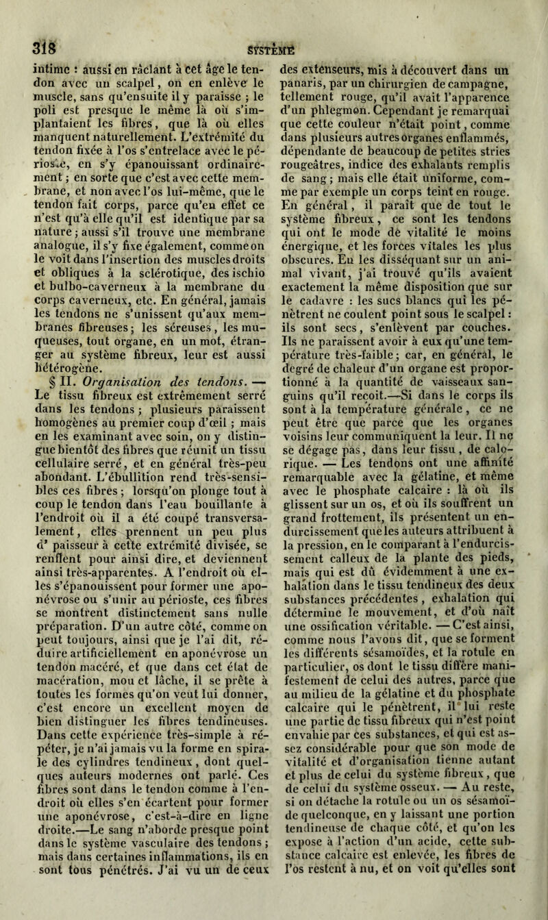 intime : aussi en raclant à cet âge le ten- don avec un scalpel, on en enlève le muscle, sans qu’ensuite il y paraisse ; le poli est presque le même là où s’im- plantaient les fibres, que là où elles manquent naturellement. L’extrémité du tendon fixée à l’os s’entrelace avec le pé- rioste, en s’y épanouissant ordinaire- ment ; en sorte que c’est avec cette mem- brane, et non avec l’os lui-même, que le tendon fait corps, parce qu’en effet ce n’est qu’à elle qu’il est identique par sa nature ; aussi s’il trouve une membrane analogue, il s’y fixe également, comme on le voit dans l'insertion des muscles droits et obliques à la sclérotique, des ischio et bulbo-caverneux à la membrane du corps caverneux, etc. En général, jamais les tendons ne s’unissent qu’aux mem- branes fibreuses ; les séreuses , les mu- queuses, tout organe, en un mot, étran- ger au système fibreux, leur est aussi hétérogène. § II. Organisation des tendons. — Le tissu fibreux est extrêmement serré dans les tendons ; plusieurs paraissent homogènes au premier coup d’œil ; mais en les examinant avec soin, on y distin- gue bientôt des fibres que réunit un tissu cellulaire serré, et en général très-peu abondant. L’ébullition rend très-sensi- bles ces fibres ; lorsqu’on plonge tout à coup le tendon dans l’eau bouillante à l’endroit où il a été coupé transversa- lement , elles prennent un peu plus d* paisseur à cette extrémité divisée, se renflent pour ain$i dire, et deviennent ainsi très-apparentes. A l’endroit où el- les s’épanouissent pour former une apo- névrose ou s’unir au périoste, ces fibres se montrent distinctement sans nulle préparation. D’un autre côté, comme on peut toujours, ainsi que je l’ai dit, ré- duire artificiellement en aponévrose un tendon macéré, et que dans cet élat de macération, mou et lâche, il se prête à toutes les formes qu’on veut lui donner, c’est encore un excellent moyen de bien distinguer les fibres tendineuses. Dans cette expérience très-simple à ré- péter, je n’ai jamais vu la forme en spira- le des cylindres tendineux , dont quel- ques auteurs modernes ont parlé. Ces fibres sont dans le tendon comme à l’en- droit où elles s’en écartent pour former une aponévrose, c’est-à-dire en ligne droite.—Le sang n’aborde presque point dans le système vasculaire des tendons ; mais dans certaines inflammations, ils en sont tous pénétrés. J’ai vu un de ceux des extenseurs, mis à découvert dans un panaris, par un chirurgien de campagne, tellement rouge, qu’il avait l’apparence d’un phlegmon. Cependant je remarquai que cette couleur n’était point, comme dans plusieurs autres organes enflammés, dépendante de beaucoup de petites stries rougeâtres, indice des exhalants remplis de sang ; mais elle était uniforme, com- me par exemple un corps teint en rouge. En général, il paraît que de tout le système fibreux, ce sont les tendons qui ont le mode dè vitalité le moins énergique, et les forces vitales les plus obscures. En les disséquant sur un ani- mal vivant, j’ai trouvé qu’ils avaient exactement la même disposition que sur le cadavre : les sucs blancs qui les pé- nètrent ne coulent point sous le scalpel : ils sont secs, s’enlèvent par couches. Ils ne paraissent avoir à eux qu’une tem- pérature très-faible; car, en général, le degré de chaleur d’un organe est propor- tionné à la quantité de vaisseaux san- guins qu’il reçoit.—-Si dans le corps ils sont à la température générale , ce ne peut être que parce que les organes voisins leur communiquent la leur. Il nç se dégage pas, dans leur tissu, de calo- rique. — Les tendons ont une affinité remarquable avec la gélatine, et même avec le phosphate calcaire : là où ils glissent sur un os, et où ils souffrent un grand frottement, ils présentent un en- durcissement que les auteurs attribuent à la pression, en le comparant à l’endurcis- sement calleux de là plante des pieds, mais qui est dû évidemment à une ex- halation dans le tissu tendineux des deux substances précédentes , exhalation qui détermine le mouvement, et d’où naît une ossification véritable. — C’est ainsi, comme nous l’avons dit, que se forment les différents sésamoïdes, et la rotule en particulier, os dont le tissu diffère mani- festement de celui des autres, parce que au milieu de la gélatine et du phosphate calcaire qui le pénètrent, il lui reste une partie de tissu fibreux qui n’est point envahie par Ces substances, et qui est as- sez considérable pour que son mode de vitalité et d’organisation tienne autant et plus de celui du système fibreux , que de celui du système osseux. — Au reste, si on détache la rotule ou un os sésamoï- de quelconque, en y laissant une portion tendineuse de chaque côté, et qu’on les expose à l’action d’un acide, cette sub- stance calcaire est enlevée, les fibres de l’os restent à nu, et on voit qu’elles sont