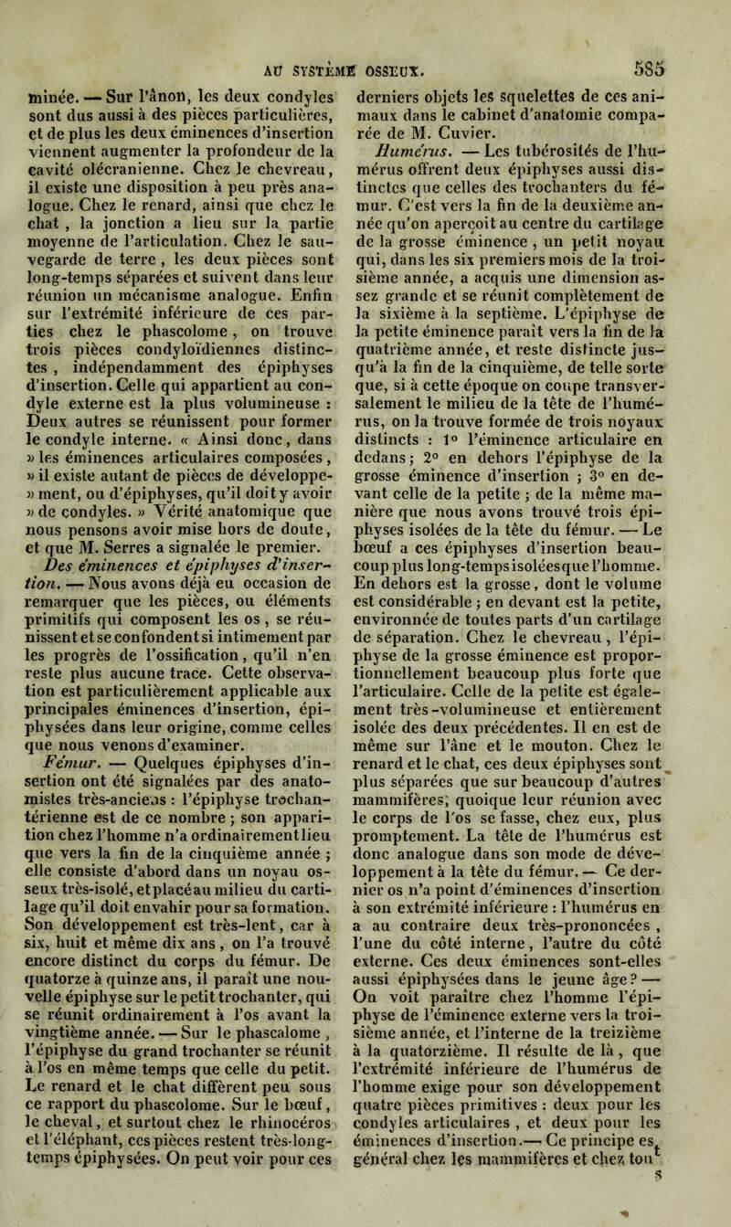 minée.— Sur l’ânon, les deux condyles sont dus aussi à des pièces particulières, et de plus les deux éminences d’insertion viennent augmenter la profondeur de la cavité olécranienne. Chez le chevreau, il existe une disposition à peu près ana- logue. Chez le renard, ainsi que chez le chat , la jonction a lieu sur la partie moyenne de l’articulation. Chez le sau- vegarde de terre , les deux pièces sont long-temps séparées et suivent dans leur réunion un mécanisme analogue. Enfin sur l’extrémité inférieure de ces par- ties chez le phascolome, on trouve trois pièces condyloïdiennes distinc- tes , indépendamment des épiphyses d’insertion. Celle qui appartient au con- dyle externe est la plus volumineuse : Deux autres se réunissent pour former le condyle interne. « Ainsi donc, dans » les éminences articulaires composées , » il existe autant de pièces de développe- » ment, ou d’épiphyses, qu’il doit y avoir «de condyles. « Vérité anatomique que nous pensons avoir mise hors de doute, et que M. Serres a signalée le premier. Des éminences et épiphyses d'inser- tion. —Nous avons déjà eu occasion de remarquer que les pièces, ou éléments primitifs qui composent les os , se réu- nissent et se confondent si intimement par les progrès de l’ossification, qu’il n’en reste plus aucune trace. Cette observa- tion est particulièrement applicable aux principales éminences d’insertion, épi— pliysées dans leur origine, comme celles que nous venons d’examiner. Fémur. — Quelques épiphyses d’in- sertion ont été signalées par des anato- mistes très-anciens : l’épiphyse trochan- térienne est de ce nombre ; son appari- tion chez l’homme n’a ordinairement lieu que vers la fin de la cinquième année ; elle consiste d’abord dans un noyau os- seux très-isolé, etplacéau milieu du carti- lage qu’il doit envahir pour sa formation. Son développement est très-lent, car à six, huit et même dix ans , on l’a trouvé encore distinct du corps du fémur. De quatorze à quinze ans, il paraît une nou- velle épiphyse sur le petit trochanter, qui se réunit ordinairement à l’os avant la vingtième année. — Sur le phascalome , l’épiphyse du grand trochanter se réunit à l’os en même temps que celle du petit. Le renard et le chat diffèrent peu sous ce rapport du phascolome. Sur le bœuf, le cheval, et surtout chez le rhinocéros et l'éléphant, ces pièces restent très-long- temps épiphysées. On peut yoir pour ces derniers objets les squelettes de ces ani- maux dans le cabinet d'anatomie compa- rée de M. Cuvier. Humérus. — Les tubérosités de l’hu- mérus offrent deux épiphyses aussi dis- tinctes que celles des trochanters du fé- mur. C'est vers la fin de la deuxième an- née qu’on aperçoit au centre du cartilage de la grosse éminence , un petit noyau qui, dans les six premiers mois de la troi- sième année, a acquis une dimension as- sez grande et se réunit complètement de la sixième à la septième. L'épiphyse de la petite éminence paraît vers la fin de la quatrième année, et reste distincte jus- qu'à la fin de la cinquième, de telle sorte que, si à cette époque on coupe transver- salement le milieu de la tête de l’humé- rus, on la trouve formée de trois noyaux distincts : 1° l’éminence articulaire en dedans; 2° en dehors l’épiphyse de la grosse éminence d’insertion ; 3° en de- vant celle de la petite ; de la même ma- nière que nous avons trouvé trois épi- physes isolées de la tête du fémur. — Le bœuf a ces épiphyses d’insertion beau- coup plus long-tempsisoléesque l’homme. En dehors est la grosse, dont le volume est considérable ; en devant est la petite, environnée de toutes parts d’un cartilage de séparation. Chez le chevreau, l’épi- physe de la grosse éminence est propor- tionnellement beaucoup plus forte que l’articulaire. Celle de la petite est égale- ment très-volumineuse et entièrement isolée des deux précédentes. Il en est de même sur l’âne et le mouton. Chez le renard et le chat, ces deux épiphyses sont plus séparées que sur beaucoup d’autres mammifères, quoique leur réunion avec le corps de l'os se fasse, chez eux, plus promptement. La tête de l’humérus est donc analogue dans son mode de déve- loppement à la tête du fémur. — Ce der- nier os n’a point d’éminences d’insertion à son extrémité inférieure : l’humérus en a au contraire deux très-prononcées , l’une du côté interne, l’autre du côté externe. Ces deux éminences sont-elles aussi épiphysées dans le jeune âge? — On voit paraître chez l’homme l’épi- physe de l’éminence externe vers la troi- sième année, et l’interne de la treizième à la quatorzième. Il résulte de là, que l’extrémité inférieure de l’humérus de l’homme exige pour son développement quatre pièces primitives : deux pour les condyles articulaires , et deux pour les éminences d’insertion.— Ce principe es général chez les mammifères et cfiez; tou1