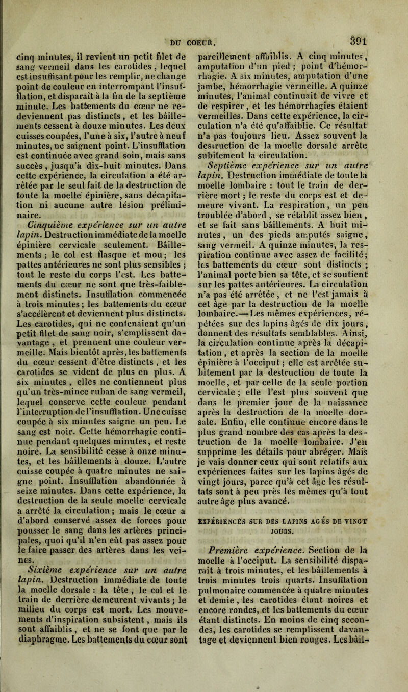 cinq minutes, il revient un petit filet de sang- vermeil dans les carotides , lequel est insuffisant pour les remplir, ne change point de couleur en interrompant l’insuf- flation, et disparaît à la fin de la septième minute. Les batbements du cœur ne re- deviennent pas distincts, et les bâille- ments cessent à douze minutes. Les deux cuisses coupées, l’une à six, l’autre à neuf minutes, ne saignent point. L’insufflation est continuée avec grand soin, mais sans succès , jusqu’à dix-huit minutes. Dans cette expérience, la circulation a été ar- rêtée par le seul fait de la destruction de toute la moelle épinière, sans décapita- tion ni aucune autre lésion prélimi- naire. Cinquième expérience sur un autre lapin. Destruction immédiate de la moelle épinière cervicale seulement. Bâille- ments ; le col est flasque et mou; les pattes antérieures ne sont plus sensibles ; tout le reste du corps l’est. Les batte- ments du cœur ne sont que très-faible- ment distincts. Insufflation commencée à trois minutes; les battements du cœur s’accélèrent et deviennent plus distincts. Les carotides, qui ne contenaient qu'un petit filet de sang noir, s’emplissent da- vantage , et prennent une couleur ver- meille. Mais bientôt après, les battements du cœur cessent d’être distincts, et les carotides se vident de plus en plus. A six minutes , elles ne contiennent plus qu’un très-mince ruban de sang vermeil, lequel conserve cette couleur pendant l’interruption de l’insufflation. Une cuisse coupée à six minutes saigne un peu. Le sang est noir. Celte hémorrhagie conti- nue pendant quelques minutes, et reste noire. La sensibilité cesse à onze minu- tes, et les bâillements à douze. L’autre cuisse coupée à quatre minutes ne sai- gne point. Insufflation abandonnée à seize minutes. Dans cette expérience, la destruction de la seule moelle cervicale a arrêté la circulation ; mais le cœur a d’abord conservé assez de forces pour pousser le sang dans les artères princi- pales, quoi qu’il n’en eût pas assez pour le faire passer des artères dans les vei- nes. Sixième expérience sur un autre lapin. Destruction immédiate de toute la moelle dorsale : la tête , le col et le train de derrière demeurent vivants ; le milieu du corps est mort. Les mouve- ments d’inspiration subsistent, mais ils sont affaiblis, et ne se font que par le diaphragme. Les battements du coeur sont S91 pareillement affaiblis. A cinq minutes, amputation d’un pied; point d’hémor- rhagie. A six minutes, amputation d’une jambe, hémorrhagie vermeille. A quinze minutes, l’animal continuait de vivre et de respirer, et les hémorrhagies étaient vermeilles. Dans cette expérience, la cir- culation n’a été qu'affaiblie. Ce résultat n’a pas toujours lieu. Assez souvent la destruction de la moelle dorsale arrête subitement la circulation. Septième expérience sur un autre lapin. Destruction immédiate de toute la moelle lombaire : tout le train de der- rière mort ; le reste du corps est et de- meure vivant. La respiration, un peu troublée d’abord , se rétablit assez bien , et se fait sans bâillements. A huit mi- nutes, un des pieds amputés saigne, sang vermeil. A quinze minutes, la res- piration continue avec assez de facilité; les battements du cœur sont distincts ; l’animal porte bien sa tête, et se soutient sur les pattes antérieures. La circulation n’a pas été arrêtée, et ne l’est jamais à cet âge par la destruction de la moelle lombaire.— Les mêmes expériences, ré- pétées sur des lapins âgés de dix jours, donnent des résultats semblables. Ainsi, la circulation continue après la décapi- tation , et après la section de la moelle épinière à l’occiput ; elle est arrêtée su- bitement par la destruction de toute la moelle, et par celle de la seule portion cervicale ; elle l’est plus souvent que dans le premier jour de la naissance après la destruction de la moelle dor- sale. Enfin, elle continue encore dans le plus grand nombre des cas après la des- truction de la moelle lombaire. J’en supprime les détails pour abréger. Mais je vais donner ceux qui sont relatifs aux expériences faites sur les lapins âgés de vingt jours, parce qu’à cet âge les résul- tats sont à peu près les mêmes qu’à tout autre âge plus avancé. EXPERIENCÉS SUR DES LAPINS AGES DE VINGT JOURS. Première expérience. Section de la moelle à l’occiput. La sensibilité dispa- raît à trois minutes, et les bâillements à trois minutes trois quarts. Insufflation pulmonaire commencée à quatre minutes et demie , les carotides étant noires et encore rondes, et les battements du cœur étant distincts. En moins de cinq secon- des, les carotides se remplissent davan- tage et deviennent bien rouges. Lesbâil-