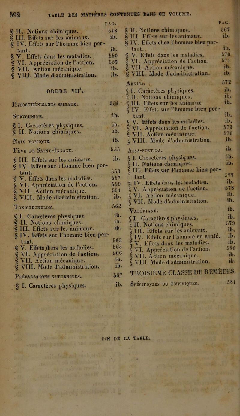 S92 TABLE DES MATIERES CONTENUES DANS CE VOLUME. l'AG. PAG. § II. Notions chimiques. MS § III. Effets sur les animaux. ib. § IV. Effets sur l’homme bien por- tant. ib. | V. Effets clans les maladies. 550 § VI. Appréciation de l’action. 552 § VII. Action mécanique. ib. § VIII. Mode d’administration. ib. ORDRE Vil*. HyPOSTIIÉNISANTS SPINAUX. 55GA Strychnine. ib* § I. Caractères physiques. ib. § II. Notions chimiques. ib. Noix vomique. ib. Fève de Saint-Ignace. 555 § III. Effets sur les animaux. ib. § IV. Effets sur l’homme bien por- tant. 55G § V. Effets dans les maladies. 557 § VI. Appréciation de l’action. 559 § VII. Action mécanique. 5G1 § VIII. Mode d’administration. ib. Toxicod.-nduon. 562 § I. Caractères physiques. ib. § II. Notions chimiques. ib. § III. Effets sur les animaux. ib. § IV. Effets sur l’homme bien por- tant. 563 § V. Effels.dans les maladies. 5G5 § VI. Appréciation de l’action. 5GG § VII. Action mécanique. ib- § VIH. Mode d’administration. ib- Préparations saturnines. 5G7 § I. Caractères physiques. § II. Notions chimiques. 5G7 § 111. Effets sur les animaux. il). § IV. Effets chez 1 homme bien por- tant.. ib. § V- Effets dans les maladies. 570 § VI. Appréciation de l’action. 571 § VII. Action mécanique. ib. § VIII. Mode d’administration. ib. Arnica* . 572 § I. Caractères physiques, tj II. Notions chimiques. § III. Effets sur les animaux. 5 IV. Effets sur l’homme bien por- tant. § V. Effets dans les maladies, tj VI. Appréciation de l’action. § VII. Action mécanique. § VIH- Mode d’administration. Assa-foetida. § I. Caractères physiques. § II. Notions chimiques. § III. Effets sur l’homme bien por- tant. § IV- Effets dans les maladies. § V. Appréciation de l’action. § VI. Action mécanique. § VII. Mode d’administration. Valériane. §1. Caractères physiques, tj II. Notions chimiques. § III. Effets sur les animaux, ÿ IV. Effets sur l’homme en santé. V. Effets dans les maladies. § VI. Appréciation de l’action. § VII. Action mécanique, t) VUE Mode d’administration. ib. ib. ib. ib. ib. 573 57G ib. ib. ib. ib. 577 ib. 578 ib. ib. ib. ib. 579 il), ib. ib. 580 ib. ib. TROISIÈME CLASSE DE REMÈDES. Spécifiques ou empiriques. 581 FIN DE LA TABLE.