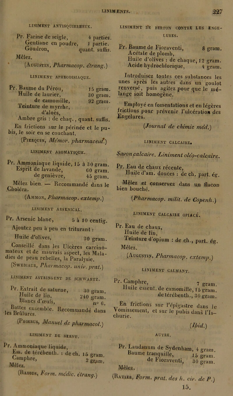 UNIMENT ANTISQUIRRIIEUX. Pr. Farine de seigle, 4 parties. Gentiane en poudre, 1 partie. Goudron, quant, suffis. Mêlez. (Augustin, Pharmacop. elrang.) UNIMENT APHRODISIAQUE. Pr. Baume du Pérou, 15 grain. Huile de laurier, 30 gram. de camomille, 92 gram. Teinture de myrrhe, d’aloès, Ambre gris : de chaq., quant, suffis. En frictions sur le périnée et le pu- bis, le soir en se couchant. (Pierqüin, Mcmo?\ pharmaceut.) UNIMENT Dit BERTON CONTRE UES ENGE- LURES. Pr. Baume de Fioraventi, 8 gram. Acétate de plomb, Huile d’olives : de chaque, 12 gram. Acide hydrochlorique, 4 gram. Introduisez toutes ces substances les unes après les autres dans un goulot renversé, puis agitez pour que le mé- lange soit homogène. Employé en fomentations et en légères frictions pour prévenir l’ulcératioit des Engelures. [Journal de chimie med.) UNIMENT CALCAIRE. LINIMENT AROMATIQUE. Pr. Ammoniaque liquide, 15 à 30 gram. Esprit de lavande, 60 gram. de genièvre, 45 gram. Mêlez bien. — Recommandé dans le Choléra. (Ammon, Pharmacop. exiemp.) Savon calcaire. Liniment oleo-calcaire. Pr. Eau de chaux récente, Huile d’am. douces : de ch. part. ég. Mêlez et conservez dans un flacon bien bouché. [Pharmacop. milit. de Copenh.) UNIMENT ARSENICAL. Pr. Arsenic blanc, 5 à 10 cenlig. Ajoutez peu à peu en triturant : Huile d’olives, 30 gram. Conseille dans les Ulcères carcino- mateux et de mauvais aspect, les Mala- dies de peau rebelles, la Paralysie. (Swedjaur, Pharmacop. univ.prat.) UNIMENT ASTRINGENT DE SCHWARTZ. Pr. Extrait de salurne, 30 gra Huile de lin, 240 gra Blancs d’œufs, no Riilcz ensemble. Recommandé da les Urulurcs. (Phoebus, Manuel de pharmacoL LINIMENT CALCAIRE OPIACÉ. Pr. Eau de chaux, Huile de lin, Teinture d’opium : de ch., part. ég. Mêlez. (Augustin, Pharmacop. extemp.) LINIMENT CALMANT. Pr Camphre, 7 gram. Huile essent. de camomille, 15 gram. detérébenth., 30 gram. En frictions sur l’épigastre dans le Vomissement, et sur le pubis dans l’Is- churie. (Ibid.) liniment de rernt. autre. Pr. Ammoniaque liquide, Ess. de lérébenlh. : de ch. Camphre, Mêlez. IA gram. 2 gram. (Radius, Form. mc’dic. ëtrang.) Pr. Laudanum de Sydenham, 4 gram Baume tranquille, 15 gram.' de rioravenli, 30 gram. Mêlez. (Ratikr, Form. prat. des h. civ. de P.) 15.