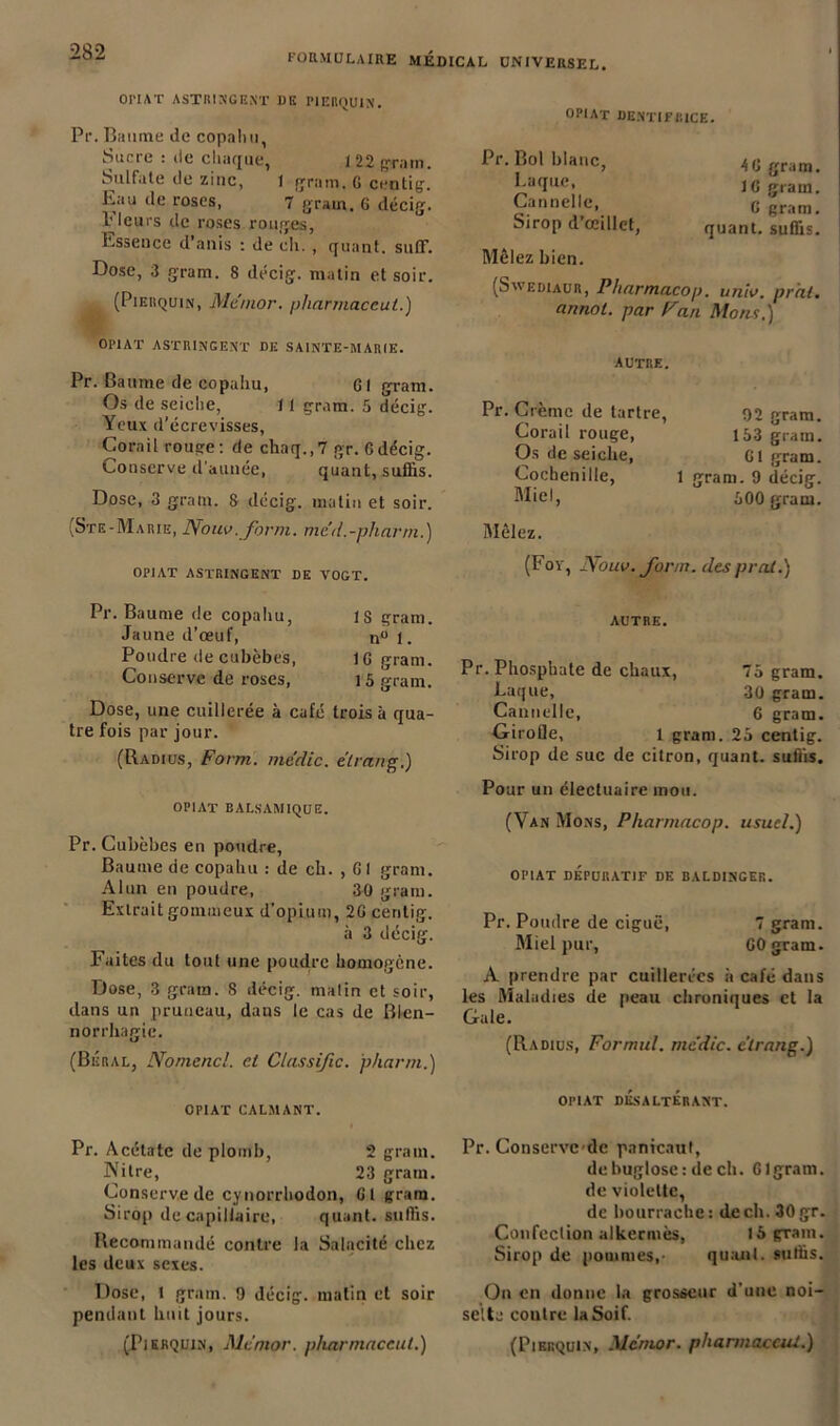 FORMULAIRE MEDICAL UNIVERSEL. Ori A T ASTRINGENT DE P1ERQUIN. Pr. Baume de copahu, Sucre : de chaque, 1 22 grain. Sulfate de zinc, 1 grain. C centig. Kau de roses, 7 grain. G décig. Fleurs de roses rouges, Essence d’anis : de ch. , quant, suffi. Dose, 3 gram. 8 décig. matin et soir. (Pierquin, Mémor. pliarmaccul.) OI’IA'r DENTIFRICE. Pr. Bol blanc, Laque, Cannelle, Sirop d’œillet, Mêlez bien. 40 gram. J C grain. G gram. quant, suffis. (Swediaur, Pharmacoj). unlv. pr'al. annot. par Pan Mous.) OP1AT ASTRINGENT DE SAINTE-MARIE. Pr. Baume de copahu, GI gram. Os de seiche, 11 gram. 5 décig. Yeux d’écrevisses. Corail rouge: de chaq.,7 gr. G décig. Conserve d'année, quant, suffis. Dose, 3 gram. 8 décig. matin et soir. (Ste-Marie, Noua. form. me’d.-pharm.) 0P1AT ASTRINGENT DE VOGT. AUTRE. Pr. Crème de tartre, Corail rouge, Os de seiche, Cochenille, Miel, Mêlez. 02 gram. 153 gram. G1 gram. gram. 9 décig. 500 gram. (Foy, Noua. form. desprat.) Pr. Baume de copahu, 18 gram. Jaune d’œuf, n°l. Poudre de cubèbes, 1G gram. Conserve de roses, 15 gram. Dose, une cuillerée à café trois à qua- tre fois par jour. (Radius, Form. me'dic. e'trang.) OPIAT BALSAMIQUE. Pr. Cubèbes en poudre, Baume de copahu : de ch. , 61 gram. Alun en poudre, 30 gram. Extrait gommeux d’opium, 2G centig. à 3 décig. Faites du tout une poudre homogène. Dose, 3 gram. S décig. malin et soir, dans un pruneau, dans le cas de Blen- norrhagie. (Beral, Nomcncl. et Classifie, pharm.) AUTRE. Pr. Phosphate de chaux, 75 gram. Laque, 30 gram. Cannelle, 6 gram. Girofle, 1 gram. 25 centig. Sirop de suc de citron, quant, suffis. Pour un électuaire mou. (Van Mons, Pharmacop. usuel.) OPIAT DÉPURATIF DE BALDINGER. Pr. Poudre de ciguë, 7 gram. Miel pur, G0 gram. A prendre par cuillerées à café dans les Maladies de peau chroniques et la Gale. (Radius, Formai, me'dic. e’trang.) OPIAT CALMANT. OPIAT DÉSALTÉRANT. Pr. Acétate de plomb, 2 grain. Nitre, 23 grain. Conserve de cynorrhodon, G1 gram. Sirop de capillaire, quant, suffis. Recommandé contre la Salacité chez les deux sexes. Dose, 1 gram. 9 décig. matin et soir pendant huit jours. Pr. Conservcdc panicaut, debugloseidech. Glgram. de violette, de bourrache: de ch. 30 gr. Confection alkermès, lô gram. Sirop de pommes,- quanl. suffis. On en donne la grosseur d’une noi- sette contre la Soif.