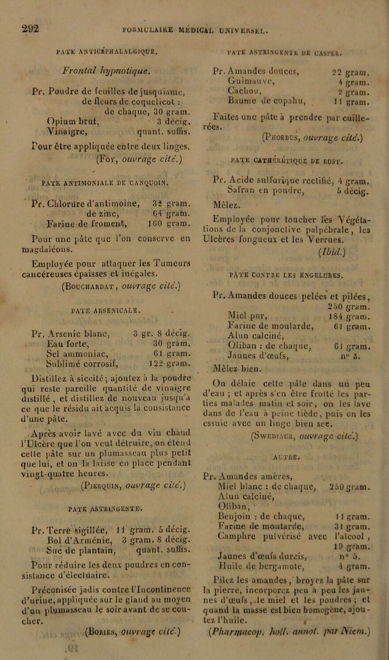 PATE ANTICÉPIIALALGIQUE. PATE ASTRINGENTE UK CASl’ER. Frontal hypnotique. Pr. Poudre de feuilles dejusquiame, de fleurs de coquelicot : de chaque, 30 grain. Opium brut, 3 décig. Vinaigre, quant, suflis. Pour être appliquée entre deux linges. (For, ouvrage cité.) Pr. A mandes douces, Guimauve, Cachou, Baume de copabu, 22 gram. 4 gram. 2 gram. 11 gram. haïtes une pâte a prendre par cuille- rées. (Puoeeus, ouvrage cité.) PATE CATHÉrÉtIQUE DE RUST. PATE ANTIMONIALE DE CANQUOIN. Pr. Chlorure d’antimoine, 32 gram. de zinc, 04' gram. Farine de froment, 100 gram. Pour une pâte que l’on conserve en magdaléons. Employée pour attaquer les Tumeurs cancéreuses épaisses cl inégales. (Bouchardat, ouvrage cité.) PATE ARSENICALE. Pr. Arsenic blanc, Eau forte, Sel ammoniac, Sublimé corrosif, 3 gr. 8 décig. 30 gram. 01 gram. 122 gram. Distillez à siceité; ajoutez à la poudre qui reste pareille quantité de vinaigre distillé, et distillez de nouveau jusqu’à ce que le résidu ait acquis la consistance d’une pâte. Après avoir lavé avec du vin chaud l’Ulcère que l’on veut détruire, on étend cette pâte sur un plumasseau plus petit que lui, et on la laisse en place pendant vingt-quatre heures. (Pierquin, ouvrage cité.) PATE ASTRINGENTE. Pr. Terre sigillée, 11 gram. 5 décig. Bol d’Arménie, 3 gram. 8 décig. Suc de plantain, quant, suflis. Pour réduire les deux poudres en con- sistance d’électuairc. Préconisée jadis contre l'Incontinence d’urine, appliquée sur le gland au moyen d’un plumasseau le soir avant de se cou- cher. (Bories, ouvrage cité.) Pr. Acide sulfurique rectifié, 4 gram. Safran en poudre, 5 décig. Mêlez. Employée pour toucher les Végéta- tions de la conjonctive palpébrale, les Ulcères fongueux et les Verrues. [Ibid.) PATE CONTRE LES ENGELURES. Pr. Amandes douces pelées et pilées, 250 gram. Miel pur, 184 gram. Farine de moutarde, 61 gram. Alun calciné, Oliban : de chaque, 61 gram. Jaunes d’œufs, n° 3. Mêlez bien. On délaie celle pâte dans un peu d’eau ; et après s'en être frotté les par- ties malades mutin et soir, on les lave dans de l’eau à peine tiède, puis on les essuie avec un linge bien sec. (Swediaur, ouvrage cité.) AUTRE. Pr. Amandes amères, Miel blanc : de chaque, 250 gram. Alun calciné, Oliban, Benjoin : de chaque, 11 gram. Farine de moutarde, 31 gram. Camphre pulvérisé avec l’alcool , 10 gram. Jaunes d’œufs durcis, n° 5. Huile de bergamote, 4 gram. Piltz les amandes, broyez la pâte sur la pierre, incorporez peu à peu les jau- nes d’œufs , le miel et les poudres ; et quand la masse est bien homogène, ajou- tez l’huile. « (Phanjiacop. holt. annot. par IS/icm.)