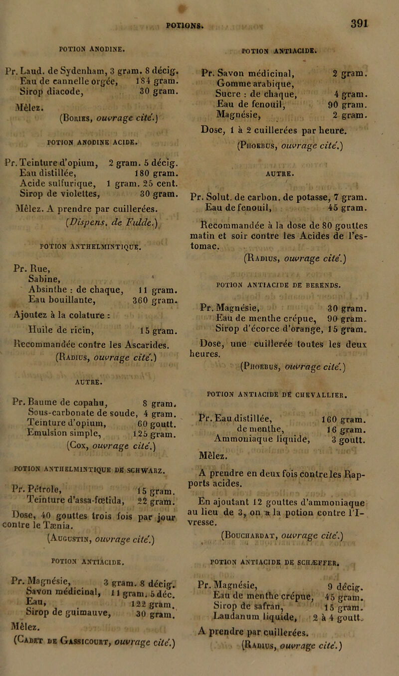 POTION ANODINE. Pr. Laud. de Sydenham, 3 gram. 8 décig. Eau de cannelle orgée, 1S4 gram. Sirop diacode, 30 gram. Mêlez. (Bories, ouvrage cite.) TOTION ANODINE ACIDE. Pr.Teinture d’opium, 2 gram. 5 décig. Eau distillée, 180 gram. Acide sulfurique, 1 gram. 25 cent. Sirop de violettes, 30 gram. Mêlez. A prendre par cuillerées. [Dispens. de Fidde.) POTION ANTHELMINTIQÜE. Pr. Rue, Sabine, Absinthe : de chaque, 11 gram. Eau bouillante, 360 gram. Ajoutez à la colature : Pluile de ricin, 15 gram. Recommandée contre les Ascarides. (Radius, ouvrage cite’.) AUTRE. Pr. Baume de copahu, 8 gram. Sous-carbonate de soude, 4 gram. Teinture d’opium, 60 goutt. Emulsion simple, 125 gram. (Cox, ouvrage cité.) POTION ANTHELMINTIQÜE DE SCHWARZ. Pr. Pétrole, 15 gram. Teinture d’assa-fœtida, 22 gram. Dose, 40 gouttes trois fois par jour contre le Taenia. (Augustin, ouvrage cite'.) POTION ANTIACIDE. Pr. Magnésie, 3 gram. 8 décig. Savon médicinal, 11 gram. 5 déc. E311» 122 gram. Sirop de guimauve, 30 gram. Mêlez. (Cadet de Gassicourt, ouvrage cité.) totion antiacide. Pr. Savon médicinal, 2 gram. Gomme arabique, Sucre : de chaque, 4 gram. Eau de fenouil, 90 gram. Magnésie, 2 gram. Dose, 1 à 2 cuillerées par heure. (Phoebus, ouvrage cité.) autre. Pr. Solut. de carbon, de potasse, 7 gram. Eau de fenouil, 45 gram. Recommandée à la dose de 80 gouttes matin et soir contre les Acides de l’es- tomac. (Radius, ouvrage cité.) POTION ANTIACIDE DE BERENDS. Pr. Magnésie, 30 gram. Eau de menthe crépue, 90 gram. Sirop d’écorce d’orange, 15 gram. Dose, une cuillerée toutes les deux heures. (Phoebus, ouvrage cité.) POTION ANTIACIDE DE CHEVALLIER. Pr. Eau distillée, 160 gram. de menthe, 16 gram. Ammoniaque liquide, 3 goutt. Mêlez. A prendre en deux fois contre les Rap- ports acides. En ajoutant 12 gouttes d’ammoniaque au lieu de 3, on a la potion contre l’I- vresse. (Bouciiardat, ouvrage cite.) % ’ • TOTION ANTIACIDE de sciiæffer. Pr. Magnésie, 9 décig. Eau de menthe crépue, 45 gram. Sirop de safran, 15 gram. Laudanum liquide, 2 à 4 goutta A prendre par cuillerées.