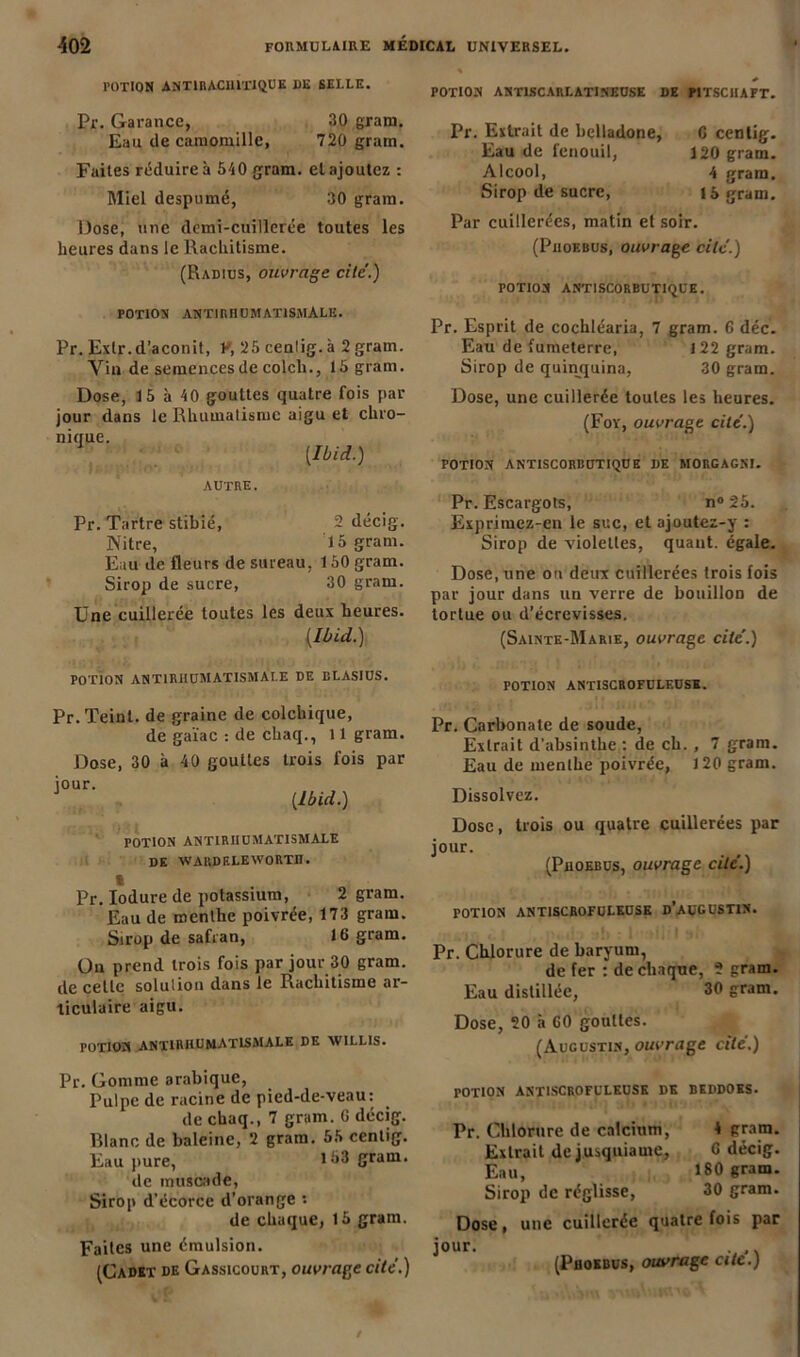 TOTION ANT1RACI11T1QUE RE SELLE. * POTION ANT1SCARLATI.NEUSE DE PITSC1IAFT. Pr. Garance, 30 gram. Eau de camomille, 720 gram. Faites réduire à 540 gram. et ajoutez : Miel despumé, 30 gram. Dose, une demi-cuillerée toutes les heures dans le Rachitisme. (Radius, ouvrage cite'.) POTION ANTIRIIUMATISMALE. Pr. Exlr.d’aconit, V, 25cen!ig.à 2 gram. Vin de semences de colch., 15 gram. Dose, 15 à 40 gouttes quatre fois par jour dans le Rhumatisme aigu et chro- nique. {Ibid.) AUTRE. Pr. Tartre stibié, 2 décig. Nitre, 15 gram. Eau de fleurs de sureau, 150 gram. Sirop de sucre, 30 gram. Une cuillerée toutes les deux heures. {Ibid.) POTION ANTIRIIUMATISMALE DE BLASIUS. Pr. Teint, de graine de colchique, de gaïae : de chaq., 11 gram. Dose, 30 à 40 gouttes trois fois par jour. {Ibid.) POTION ANTIRIIUMATISMALE DE WARDKLEWORTD. Pr. Iodure de potassium, 2 gram. Eau de menthe poivrée, 173 gram. Sirop de safran, 16 gram. Ou prend trois fois par jour 30 gram. de celle solution dans le Rachitisme ar- ticulaire aigu. POTION ANTIRHUMATISMALE DE WILLIS. Pr. Gomme arabique, Pulpe de racine de pied-de-veau: de chaq., 7 gram. G décig. Blanc de baleine, 2 gram. 55 cenlig. Eau pure, 153 gram. de muscade, Sirop d’écorce d’orange •• de chaque, 15 gram. Faites une émulsion. (Cadet de Gassicourt, ouvrage cite.) Pr. Extrait de belladone, Eau de fenouil, Alcool, Sirop de sucre, C centig. 120 gram. 4 gram. 15 gram. Par cuillerées, matin et soir. (Phoebus, ouvrage cite.) POTION ANTISCORBUTIQUE. Pr. Esprit de cochléaria, 7 gram. G déc. Eau de fumeterre, 122 gram. Sirop de quinquina, 30 gram. Dose, une cuillerée toutes les heures. (Foï, ouvrage cite.) POTION ANTISCORBUTIQUE DE MORGAGNI. Pr. Escargots, n° 25. Exprimez-en le suc, et ajoutez-y : Sirop de violettes, quant, égale. Dose, une on deux cuillerées trois fois par jour dans un verre de bouillon de tortue ou d’écrevisses. (Sainte-Marie, ouvrage cite’.) POTION ANTISCROFULEUSE. Pr. Carbonate de soude, Extrait d’absinthe : de ch., 7 gram. Eau de menthe poivrée, 120 gram. Dissolvez. Dose, trois ou quatre cuillerées par jour. (Phoebus, ouvrage cite.) potion antiscrofuleuse d’augustin. ■ 1 -, i a. Pr. Chlorure de baryum, de fer : de chaque, 2 gram. Eau distillée, 30 gram. Dose, 20 à 60 gouttes. (Augustin, ouvrage cite.) TOTION antiscrofuleuse de beddoes. Pr. Chlorure de calcium, 4 gram. Extrait de juxquiame, 6 décig. Eau, 180 gram. Sirop de réglisse, 30 gram. Dose, une cuillerée quatre fois par j°ur- ,,