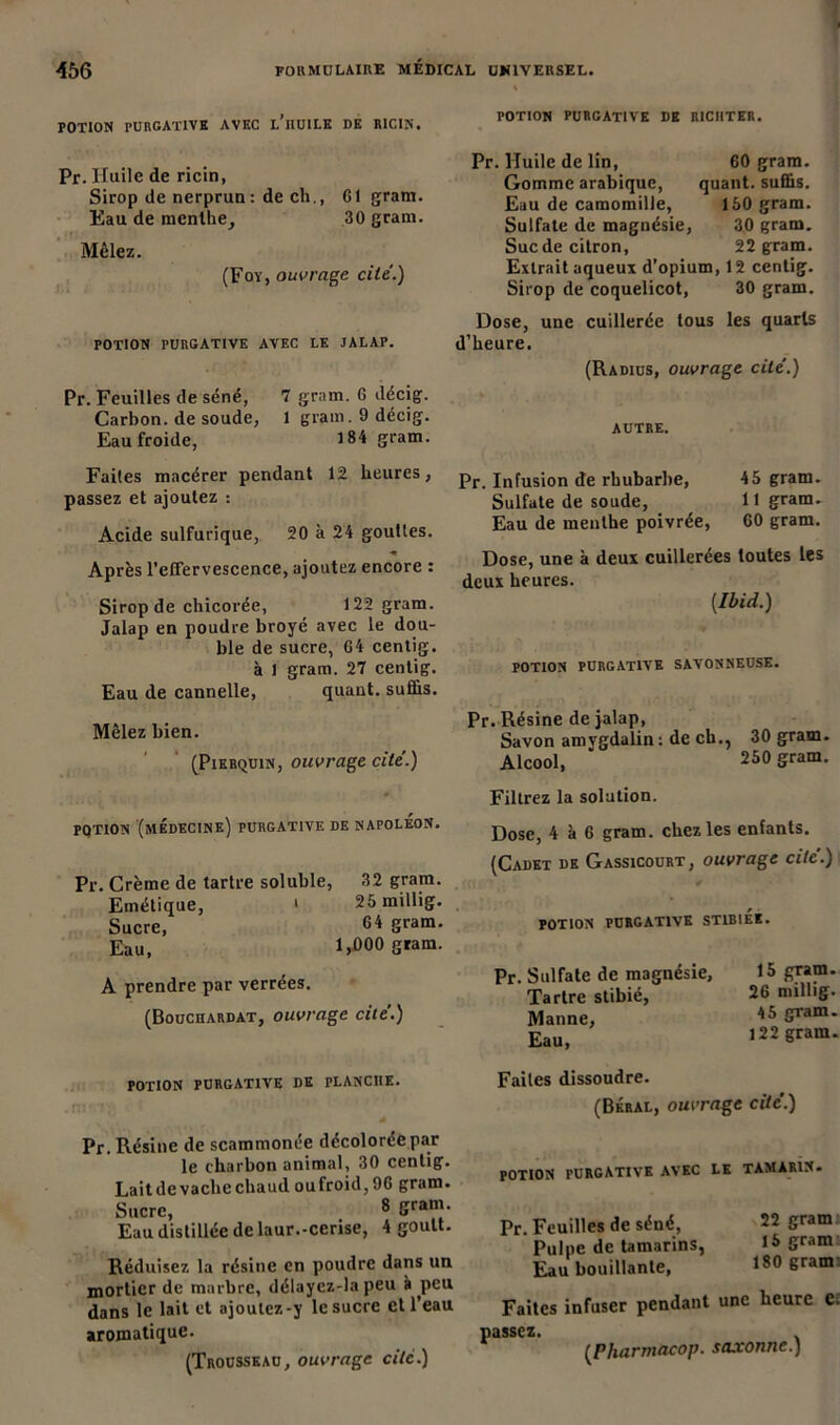 POTION PURGATIVE AVEC l’hUILE DE RICIN. POTION PURGATIVE DE RICIITER. Pr. Huile de ricin, Sirop de nerprun : de ch., 61 gram. Eau de menthe, 30 gram. Mêlez. (Foy, ouvrage cite'.) POTION PURGATIVE AVEC LE JALAP. Pr. Feuilles de séné, 7 gram. 6 décig. Carbon, de soude, 1 gram. 9 décig. Eau froide, 184 gram. Faites macérer pendant 12 heures, passez et ajoutez : Acide sulfurique, 20 à 24 gouttes. Après l’elTervescence, ajoutez encore : Sirop de chicorée, 122 gram. Jalap en poudre broyé avec le dou- ble de sucre, G4 centig. à 1 gram. 27 centig. Eau de cannelle, quant, suffis. Mêlez bien. (Pierquin, ouvrage cité.) PQTION (médecine) PURGATIVE DE NAPOLEON. Pr. Crème de tartre soluble, 32 gram. Emétique, ' 25 millig. Sucre, 64 gram. Eau, 1,000 gram. A prendre par verrées. (Bouchardat, ouvrage cité.) POTION PURGATIVE DE PLANCHE. Pr. Résine de scammonée décolorée par le charbon animal, 30 centig. Lait de vache chaud oufroid,96 gram. Sucre, 8 gram. Eau distillée de laur.-cerise, 4 goult. Réduisez la résine en poudre dans un mortier de marbre, délayez-la peu à peu dans le lait et ajoutez-y le sucre cl l’eau aromatique. (Trousseau, ouvrage cité.) Pr. Huile de lin, 60 gram. Gomme arabique, quant, suffis. Eau de camomille, 150 gram. Sulfate de magnésie, 30 gram. Suc de citron, 22 gram. Extrait aqueux d'opium, 12 centig. Sirop de coquelicot, 30 gram. Dose, une cuillerée tous les quarts d’heure. (Radius, ouvrage cité.) AUTRE. Pr. Infusion de rhubarbe, 45 gram. Sulfate de soude, Il gram- Eau de menthe poivrée, 60 gram. Dose, une à deux cuillerées toutes les deux heures. [Ibid.) POTION PURGATIVE SAVONNEUSE. Pr. Résine de jalap, Savon amvgdalin: de ch., 30 gram. Alcool, * 250 gram. Filtrez la solution. Dose, 4 à 6 gram. chez les enfants. (Cadet de Gassicourt, ouvrage cité.) f ■ potion purgative stibiée. Pr. Sulfate de magnésie. 15 gram. Tartre stibié, 26 millig. Manne, 45 gram. Eau, 122 gram. Faites dissoudre. (Béral, ouvrage cité.) POTION PURGATIVE AVEC LE TAMARIN. Pr. Feuilles de séné, Pulpe de tamarins, Eau bouillante, 22 gram 15 gram 180 gram Faites infuser pendant une heure cc lassez. (.Pharmacop. saxonne.)