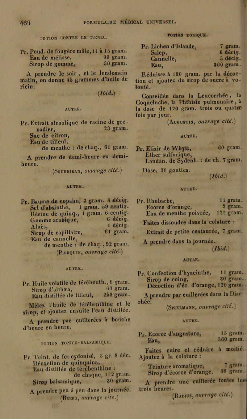 TOTION contre le tænia. POTION TONIQUE. Pr. Poud. de fougère mule, 11 à 15 gram. Eau de mélisse, 90 gram. Sirop de gomme, 30 gram. A prendre le soir , et le lendemain matin, on donne 45 grammes d’huile de ricin. {Ibid.) AUTRE. Pr. Extrait alcoolique de racine de gre- nadier, 23 gram. Suc de citron, Eau de tilleul, de menthe : decliaq., 61 gram. A prendre de demi-heure en demi- heure. (Soubeikan, ouvrage cite’.) Pr. Lichen d’Islande, 7 gram. Salep, 6 décig. Cannelle, 5 décig. Eau, 360 gram. Réduisez à 180 gram. par la décoc- tion et ajoutez du sirop de sucre à vo- lonté. Conseillée dans la Leucorrhée, la Coqueluche, la Phthisie pulmonaire, à la dose de 120 gram. trois ou quatre fois par jour. (Augustin, ouvrage cité.) autre. Pr. Elixir de Whytt, 60 gram. Elher sulfurique, Laudan. de Sydenli. : de cli. 7 gram. Dose, 30 gouttes. [Ibid.) autre. Pr. Baume de copahu, 3 gram. 8 décig. Sel d’absinthe, 1 gram. 59 centig. Résine de quinq., 1 gram. 6 centig. Gomme arabique, 6 décig. Alocs, 1 décig. Sirop de capillaire, 61 gram. Eau de cannelle, de menthe : de chaq.,92 gram. (Pierquin, ouvrage cite'.) AUTRE. Pr. Rhubarbe, 11 gram. Ecorce d’orange, 2 gram. Eau de menthe poivrée, 122 gram. Faites dissoudre dan3 la colature : Extrait de petite centaurée, 7 grain. A prendre dans la journée. (Ibid.) AUTRE. autre. Pr. Huile volatile de lérébenlb., 8 gram. Sirop d’althæa, 60 gram. Eau distillée de tilleul, 250 gram. Mêlez l’huile de térébenthine et le sirop, et ajoutez ensuite l’eau distillée. A prendre par cuillerées à bouche d’heure en heure. POTION TONICO-BALSAMIQUE. Pr. Teint, de 1er cydonisé, 3 gr. S déc. Décoction de quinquina, Eau distillée de térébenthine : de chaque, 122 gram. Sirop balsamique, 30 gram. A prendre peu à peu dans la journée. (Ruera, ouvrage cite.) Pr. Confection d'hyacinthe, 11 gram. Sirop de coing, 30 gram. Décoction d’éc. d’orange, 120 gram. A prendre par cuillerées dans la Diar- rhée. . ,. (Spiklmann, ouvrage cilc.. AUTRE. Pr. Ecorce d’angusturc, 13 gram. Eau, 360 gram. X^aitcs cuire et réduire a moitié. Ajoutez à la colature : Teinture aromatique, ~ Sram- Sirop d’écorce d'orange, 30 gram. A prendre une cuillerée toutes Ics- trois heures.