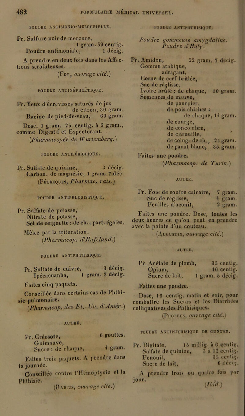 POUDRE ANT1M ON 10-MERCURIELLE. POUDRE ANTIP1ITIIIS1QUE. Pr. Sulfure noir de mercure, 1 grain. 59 centig. Poudre antimoniale, 1 décig. A prendre en deux lois dans les Affec- tions scrofuleuses. (For, ouvrage cite.) POUDRE ANTINÉpUrÉTIQUE. Pr.Yeux d’écrevisses saturés de jus de citron, 30 gram. Racine de pied-de-veau, 00 gram. Dose, 1 gram. 25 centig. à 2 gram-, comme Digestif et Expectorant. [Pharmacopée de Wurtemberg.) POUDRE ANTIPÉRIODIQUE. Pr. Sulfate de quinine, 3 décig. Carbon, de magnésie, 1 grain. 7 déc. (Pétrequin, Pharmac. rais.) POUDRE ANTIPHLOGISTIQUE. Pr. Sulfate de potasse, JNilrale de potasse, Sel de seignelle : de ch., part, égales. Mêlez par la trituration. [Pharmacop. d'Uufeland.) Poudre gommeute amygdaline. Poudre d’Haly. Pr. Amidon, 22 grain. 7 décig. Gomme arabique, adragant, Corne de cerf brûlée, Suc de réglisse. Ivoire brûlé : de chaque, 10 grain. Semences de mauve, de pourpier, de pois chiches : de chaque, 14 gram. de courge, de concombre, de citrouille, de coing: de ch., 21 gram. de pavot blanc, 35 gram. Faites une poudre. (Pharmacop. de Turin.) autre. Pr. Foie de soufre calcaire, 7 gram. Suc de réglisse, 4 gram. Feuilles d’aconit, 2 gram. Faites une poudre. Dose, toutes les deux heures ce qu’on peut en prendre avec la pointe d’un couteau. (Augustin, ouvrage cité.) POUDRE A NT 1 PHTHISIQUE. Pr. Sulfate de cuivre, 3 décig. Ipécacuanha, 1 gram. 3 décig. Faites cinq paquets. Conseillée dans certains cas de Phthi- sie pulmonaire. [Pharmacop. des El.- Un. d'Amàr.) AUTRE. Pr. Créosote, fl gouttes. Guimauve, Sucre : de chaque, gral11- Faites trois paquets. A ['rendre dans la journée. Conseillée contre l’Hémoptysie cl la Phthisie. (Radius, ouvrage cite.) AUTRE. Pr. Acétate de plomb, 35 centig. Opium, 16 centig. Sucre de lait, 1 gram. 5 décig. Faites une poudre. Dose, 16 centig. matin et soir, pour combattre les Sueurs et les Diarrhées eolliqualives des Phthisiques. (Piioebus, ouvrage cité.) POUDRE ANTIPHTHISIQUE DK GUNTER. Pr. Digitale, 15 tnillig. à G centig. Sulfate de quinine, 3 à 12 centig. Fenouil, 35 centig. Sucre de lait, 6 décig. A prendre trois jour. ou quatre fois par