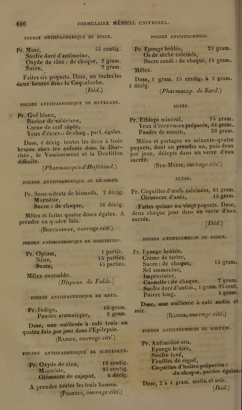 POUDRE ANTISPASMODIQUE DE HINZK. Pr. Musc, 55 centig. Soufre doré d'antimoine, Oxyde de zinc : de chaque, 2 gram. Sucre, Sgram. Faites six paquets. Dose, un toutes les deux heures dans la Coqueluche. [Ibid.) POUDRE ANTISPASMODIQUE DE nUFELAND. Pr. Gui blanc, Racine de valériane, Corne de cerf râpée, Yeux d’écrev.: de chaq., part, égales. Dose, G décig. toutes les deux à trois heures chez les enfants dans la Diar- rhée , le Vomissement et la Dentition difficile. ( Pkarmaco pe'e d’IIufel and.) POUDRE ANTISTRUMHUSE. Pr. Eponge brûlée, 28 gram. Os de sèche calcinés, Sucre candi : de chaque, 14 gram. Mêlez. Dose, 1 gram. 15 centig. à 2 gram. 3 décig. [Pharmacop. de Sard.) AUTRE. Pr. Ethiops minéral, 15 gram. Yeux d’écrevisses préparés, G1 gram. Poudre de succin, 30 gram. Mêlez et partagez en soixante-quatre paquets, dont on prendra un, puis deux par jour, délayés dans un verre d eau sucrée. (Ste-Marie, ouvrage cite.) POUDRE ANTISPASMODIQUE DE KECAMIER. AUTRE. Pr. Sous-nitrate de bismuth, 2 décig. Magnésie, Sucre : de chaque, 2G décig. Mêlez et faites quatre doses égales. A prendre en quatre fois. (Bouchardat, ouvrage cité.) POUDRE ANTISPASMODIQUE DE ROSENSTEIN. Pr. Coquilles d’œufs calcinées, 61 gram. Oléosucre d'anis, 15 gram. Faites quinze ou deux chaque jour sucrée. vingt paquets. Dose, dans un verre d’eau [Ibid.) POUDRE ANT1STRUMEUSE DE IIEDEN. Pr. Opium, * partie. 1S’iIre, 15 parties. Sucre, 45 parties. Mêlez ensemble. (Vispens. de Fulde.) POUDRE ANTISPASMODIQUE DE ROTH. Pr. Indigo, 15 gram. Poudre aromatique, 2 gram. Dose, une cuillerée à café trois ou quatre fois par jour dans 1 Epilepsie. (Radius, ouvrage cite.) POUDRE ANTISPASMODIQUE DE SCHUDAR1H. Pr. Oxyde de zinc, 12 centig. Magnésie, 35 centig. Oléosucre de cajeput, G décig. A ’irendre toutes les trois heures. (Piioebüs, ouvrage cile.) Pr. Eponge brûlée, Crème de tartre, Sucre : de chaque, 15 gram» Sel ammoniac, lmpératoire. Cannelle : de chaque, 1 gram. Soufre doréd’antim., 1 gram. 25cent. Poivre long, ’* Sram* Dose, une cuillerée à café malin et soir. .. ,, (Radius, ouvrage cite.) POUDRE ANTISTRUMHUSE DE KORTUM. Pr. Antimoine cru, Eponge brûlée, Soufre lavé, Feuilles de ciguë, Coquilles d’huître préparées : de chaque, parties égalés. Dose, 2 5 4 gram. matin cl smr. [Ibid.)