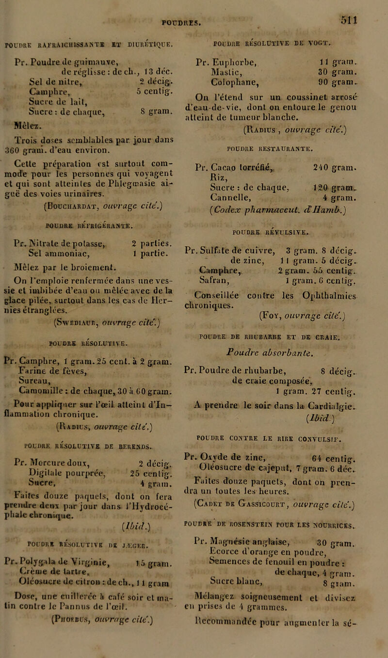 POUDRE RAFRAICHISSANTE ET DIURETIQUE. Pr. Poudre de guimauve, de réglisse : de ch., 13 déc. Sel de nitre, 2 décig. Camphre, 3 ccntig. Sucre de lait. Sucre : de chaque, 8 gram. Mêlez. Trois doses semblables par jour dans 360 graui. d’eau environ. Cette préparation est surtout com- mode pour les personnes qui voyagent et qui sont atteinles de Plileginasie ai- guë des voies urinaires. (Bouciiardat, ouvrage cite.) rouuRE réfrigérante. Pr. Nitrate de potasse, 2 parties. Sel ammoniac, 1 partie. Mêlez par le broiement. On l’emploie renfermée dans une ves- sie et imbibée d’eau ou mêlée avec de la glace pilée, surtout dans les eus de Her- nies étranglées. (Swediaür, ouvrage cite'.) POUDRE RESOLUTIVE. Pr. Camphre, 1 gram. 25 ccnt. à 2 gram. Farine de fèves, Sureau, Camomille : de chaque, 30 à GO gram. Pour appliquer sur l’œil atteint d’in- flammation chronique. (Radius, ouvrage cite.) POUDRE RÉSOLUTIVE DE BERENDS. Pr. Mercure doux, 2 décig. Digitale pourprée, 25 cenlig. Sucre, 4 gram. Faites douze paquets, dont on fera prendre deux par jour dans l’Hydrocé- phale chronique. (Ibid.) POUDRE RESOLUTIVE DE JÆGER. Pr. Polygala de Virginie, j 3 gram. Crème de tartre, Üléosucre de citron : de ch., 11 gram Dose, une cuillerée à café soir et ma- tin contre le Pannes de l’œil. (Piioebus, ouvrage cite'.) POUDRE RÉSOLUTIVE DE VOGT. Pr. Euphorbe, 11 gram. Mastic, 30 gram. Colophane, 90 gram. On l’étend sur un coussinet arrosé d’eau-de-vie, dont on entoure le genou atteint de tumeur blanche. (Radius , ouvrage cite.) POUDRE RESTAURANTE. Pr. Cacao torréfié, 240 gram. Riz, Sucre : de chaque, 120 gram. Cannelle, 4 gram. (Codex pharmaccut. dJIamb.) POUDRE RÉVULSIVE. Pr. Sulfate de cuivre, 3 gram. 8 décig. de zinc, 11 gram. 5 décig. Camphre, 2 gram. 53 cenlig. Safran, l gram. G cenlig. Conseillée contre les Ophthalmies chroniques. (Foy, ouvrage cite'.) POUDRE DE RHUBARBE ET DE CRAIE. Poudre absorbante. Pr. Poudre de rhubarbe, 8 décig. de craie composée, 1 gram. 27 centig. A prendre le soir dans la Cardialgie. (Ibid.) POUDRE CONTRE LE RIRE CONVULSIF. Pr. Oxyde de zinc, 64 cenlig. Oléosucre de cajeput, 7 gram. 6 déc. Faites douze paquets, dont on pren- dra un toutes les heures. (Cadet de Gassicourt, ouvrage cite.) rOUDRE DE ROSENSTEIN TOUR LES NOURRICES. Pr. Magnésie anglaise, 30 gram. Ecorce d'orange en poudre, Semences de fenouil en poudre : de chaque, 4 gram. Sucre blanc, 8 gram. Mélangez soigneusement et divisez en prises de 4 grammes. Recommandée pour augmenter la sé-