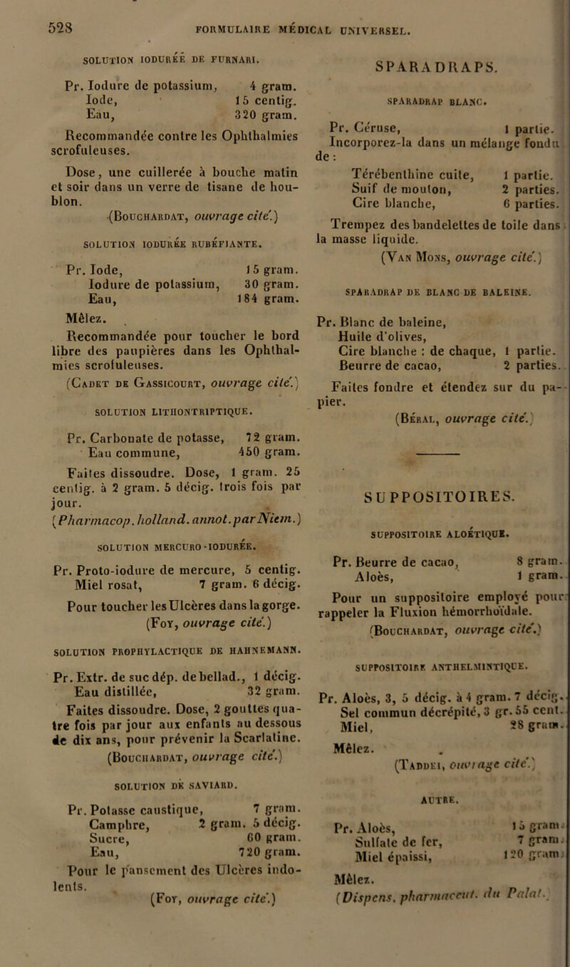 SOLUTION IODURÉÉ DE FURNARI. Pr. Iodu'rc de potassium, 4 gram. Iode, 15 centig. Eau, 320 gram. Recommandée contre les Ophthalmies scrofuleuses. Dose, une cuillerée à bouclie matin et soir dans un verre de tisane de hou- blon. (Bouchardat, ouvrage cite.) SOLUTION IODUREE RUBEFIANTE. Pr. Iode, 15 gram. Iodure de potassium, 30 gram. Eau, 184 gram. Mêlez. Recommandée pour toucher le bord libre des paupières dans les Ophthal- mies scrofuleuses. (Cadet de Gassicourt, ouvrage cite'.) SOLUTION LITIIONTR1PTIQUE. Pr. Carbonate de potasse, 7 2 gram. Eau commune, 450 gram. Faites dissoudre. Dose, 1 gram. 25 centig. à 2 gram. 5 décig. trois fois par jour. (Pharniacop. holland. annot.par Nient.) SOLUTION MERCURO-IODUREE. Pr. Proto-iodure de mercure, 5 centig. Miel rosat, 7 gram. 6 décig. Pour toucher lesUlcères dans la gorge. (Foy, ouvrage cite.) SOLUTION PROPHYLACTIQUE DE HA1INEMANN. Pr. Extr. de sucdép. debellad., 1 décig. Eau distillée, 32 gram. Faites dissoudre. Dose, 2 gouttes Qua- tre fois par jour aux enfants au dessous de dix ans, pour prévenir la Scarlatine. (Bouchardat, ouvrage cite'.) SOLUTION DK SAVIARD. Pr. Potasse caustique, 7 gram. Camphre, 2 gram. 5 décig. Sucre, 00 gram. Eau, 720 gram. Pour le pansement des Ulcères indo- lents. (For, ouvrage cite.) SPARADRAPS. sparadrap blanc. Pr. Céruse, i partie, j Incorporez-la dans un mélange fondu de : Térébenthine cuite, 1 partie. Suif de mouton, 2 parties. Cire blanche, 0 parties. Trempez des bandelettes de toile dans la masse liquide. (Van Mons, ouvrage cité.) SPARADRAP DE BLANC DE BALEINE. Pr. Blanc de baleine, Huile d’olives, Cire blanche : de chaque, 1 partie. Beurre de cacao, 2 parties. Faites fondre et étendez sur du pa- pier. (Béral, ouvrage cité.) SUPPOSITOIRES. SUPPOSITOIRE ALOÉTIQUK. Pr. Beurre de cacao, 8 gram. Aloès, 1 gram. Pour un suppositoire employé pour rappeler la Fluxion hémorrhoïdale. (Bouchardat, ouvrage cité.) SUPPOSITOIRE ANTHELM1NTIQUE. Pr. Aloès, 3, 5 décig. à 4 gram. 7 décig. Sel commun décrépité, 3 gr. 55 cent. Miel, 28 grain. Mêlez. • (Taddki, ouviage cité.) AUTRE. Pr. Aloès, 15 gram Sulfate de fer, 7 gram. Miel épaissi, 120 gram.. Mêlez. (Dispcns. pharmaccut. du Paint.