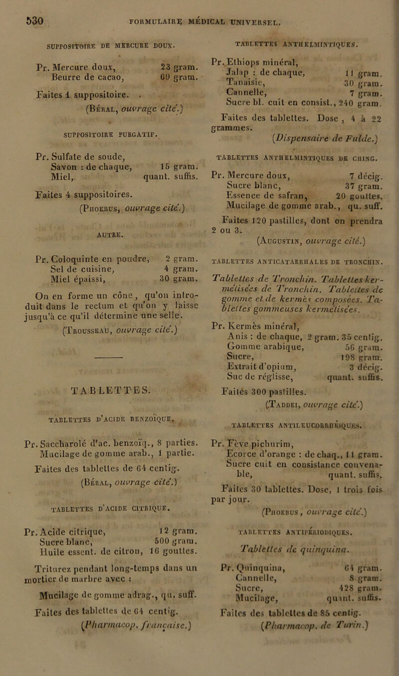 SUPPOSITOIRE DE MERCURE DOUX. Pr. Mercure doux, 23 gram. Beurre de cacao, GU gram. Faites 1 suppositoire. . (Béral, ouvrage cite.) SUPPOSITOIRE PURGATIF. Pr. Sulfate de soude, Savon : de chaque, 15 gram. Miel, quant, suffis. Faites 4 suppositoires. (Proebus, ouvrage cité.) AUTRE. TABLETTES AN'TII ELMINTIQUES. Pr.Elhiops minéral, Jalap : de chaque, Il gram. Tanaisie, 30 gram. Cannelle, 7 gram. Sucre bl. cuit en consist., 240 gram. Faites des tablettes. Dose , 4 à 22 grammes. (.Dispensaire de Fulde.) TABLETTES ANTHE LM1NT1QUES DE CR1NG. Pr. Mercure doux, 7 décig. Sucre blanc, 37 gram. Essence de safran, 20 gouttes. Mucilage de gomme arab., qu. suff. Faites 120 pastilles, dont on prendra 2 ou 3. (Augustin, ouvrage cité.) Pr. Coloquinte en poudre, 2 gram. Sel de cuisine, 4 gram. Miel épaissi, 30 gram. On en forme un cône, qu’on intro- duit dans le rectum et qu’on y laisse jusqu'à ce qu’il détermine une selle. (Trousseau, ouvrage cité.) TAB LETTES. tablettes d’acide benzoïque. tablettes anticatabrhalks de tronchix. Tablettes de Tronchin. Tablettes ker- mélisées de Tronchin. Tablettes de gomme et de kermès composées. Ta- blettes gommeuses kermélisées. Pr. Kermès minéral, Anis : de chaque, 2 gram. 3-5 cenlig. Gomme arabique, Sucre, Extrait d’opium, Suc de réglisse, Failés 300 pastilles. (.Taddei, ouvrage cite’.) 56 gram. 198 gram. 3 décig. quant, suffis. TABLETTES ANT1I.EUCORRI1KIQUES. Pr. Saccliarolé d’ac. benzoiq., 8 parties. Mucilage de gomme arab., 1 partie. Faites des tablettes de 64 centig. (Béral, ouvrage cité.) tablettes d'acide citrique. Pr. Fève pichurim, Ecorce d’orange : de cliaq., 11 gram. Sucre cuit en consistance convena- ble, quant, suffis. Faites 30 tablettes. Dose, 1 trois fois par jour. (Phoebus , ouvrage cité.) Pr. Acide citrique, 12 gram. Sucre blanc, 500 gram. Huile essent. de citron, 16 gouttes. TABLETTES ANTIPKRIODIQUES. Tablettes de quinquina. Triturez pendant long-temps dans un mortier de marbre avec : Mucilage de gomme adrag., qu. suff. Faites des tablettes de 64 centig. (Phannaœp. française.) Pr. Quinquina, Cannelle, Sucre, Mucilage, 64 gram. 8 gram. 42S gram. quint, suffis. Faites des tablettes de 85 centig. (Pharmacop. de Turin.)