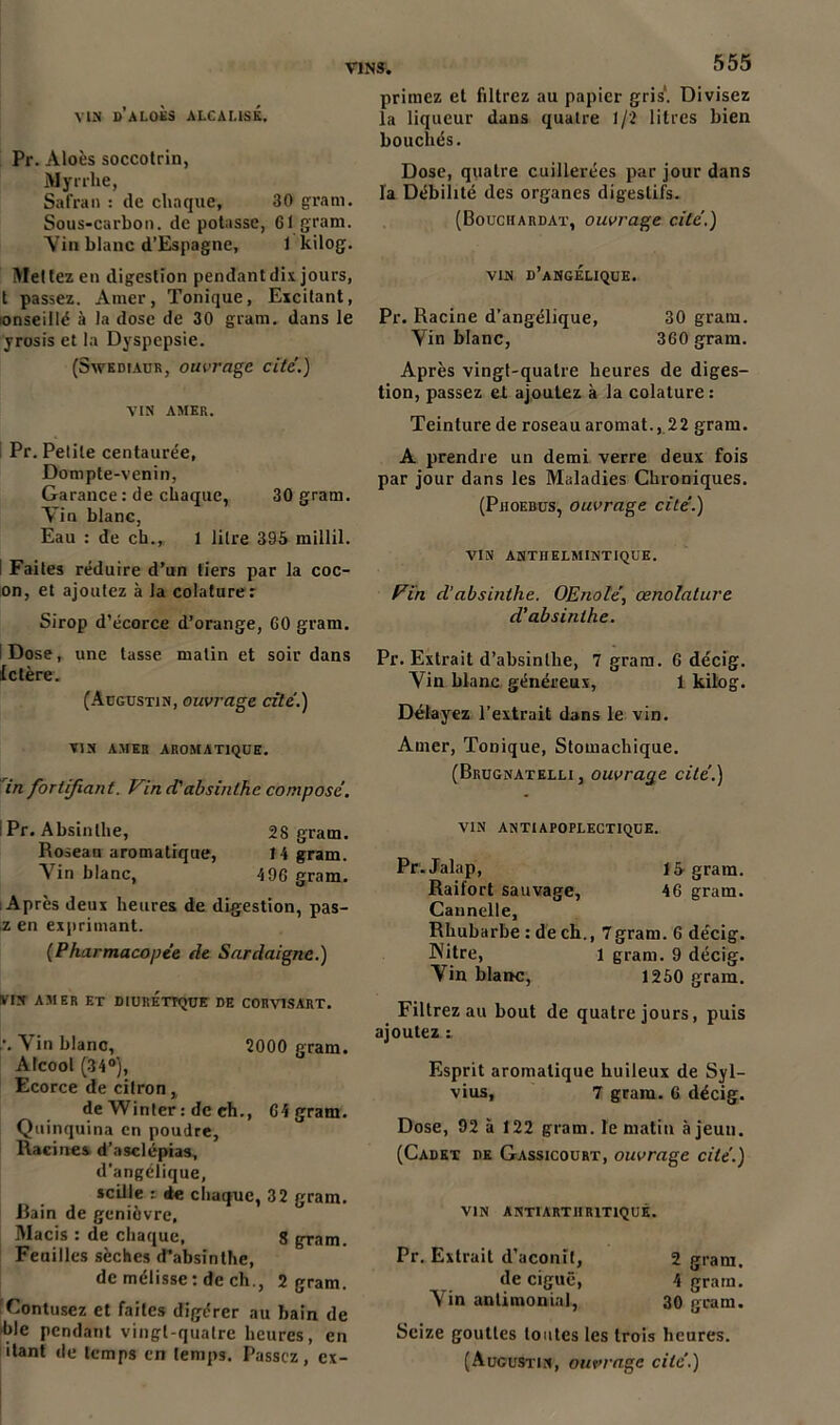 vin d’aloès algausé. Pr. Aloès soccotrin, Myrrhe, Safran : de chaque, 30 gram. Sous-carbon, de potasse, 61 gram. Vin blanc d’Espagne, 1 kilog. Mettez en digestion pendant dix jours, t passez. Amer, Tonique, Excitant, lonseillé à la dose de 30 gram. dans le yrosis et la Dyspepsie. (Swediaur, ouvrage cite’.) VIN AMER. Pr. Petite centaurée, Dompte-venin, Garance : de chaque, 30 gram. Vin blanc, Eau : de ch., 1 litre 395 millil. I Faites réduire d’un tiers par la coc- on, et ajoutez à la colature: Sirop d’écorce d’orange, 60 gram. Dose, une tasse matin et soir dans Ictère. (Augustin, ouvrage cite'.) VIN AMER AROMATIQUE. in fortifiant. Vin d'absinthe composé. ! Pr. Absinthe, 28 gram. Roseau aromatique, 14 gram. Vin blanc, 4 96 gram. Après deux heures de digestion, pas- ,z en exprimant. (Pharmacopée de Sardaigne.) VIN AMER ET DIURÉTIQUE DE C0RV1SART. ;. Vin blanc, 2000 gram. Alcool (34°), Ecorce de cilron, de Winter : de ch., 64 gram. Quinquina en poudre, Racines d’asclépias, d’angélique, scille : de chaque, 32 gram. Bain de genièvre, Macis : de chaque, 8 gram. Feuilles sèches d’absinthe, de mélisse: de ch., 2 gram. Contusez et faites digérer au bain de ble pendant vingt-quatre heures, en itant de temps en temps. Passez, cx- V1NS. 555 primez et filtrez au papier gris'. Divisez la liqueur dans quatre 1/2 litres bien bouchés. Dose, quatre cuillerées par jour dans la Débilité des organes digestifs. (Bouckardat, ouvrage cité.) vin d’angélique. Pr. Racine d’angélique, 30 gram. Vin blanc, 360 gram. Après vingt-quatre heures de diges- tion, passez et ajoutez à la colature: Teinture de roseau aromat., 22 gram. A prendre un demi verre deux fois par jour dans les Maladies Chroniques. (Phoebus, ouvrage cité.) VIN ANTÜELMINTIQUE. Vin d’absinthe. OEnolé, œnolature d’absinthe. Pr. Extrait d’absinthe, 7 gram. 6 décig. Vin blanc généreux, 1 kilog. Délayez l’extrait dans le vin. Amer, Tonique, Stomachique. (Brugnatelli , ouvrage cité.) VIN ANTIAPOPLECTIQUE. Pr.Jalap, 15 gram. Raifort sauvage, 46 gram. Cannelle, Rhubarbe : de ch., 7gram. 6 décig. Ritre, l gram. 9 décig. Vin blanc, 1250 gram. Filtrez au bout de quatre jours, puis ajoutez : Esprit aromatique huileux de Syl- vius, 7 gram. 6 décig. Dose, 92 à 122 gram. le matin à jeun. (Cadet de Gassicourt, ouvrage cité.) vin antiartiirxtiqué. Pr. Extrait d’aconit, 2 gram. de ciguë, 4 gram. Vin antimonial, 30 gram. Seize gouttes toutes les trois heures.