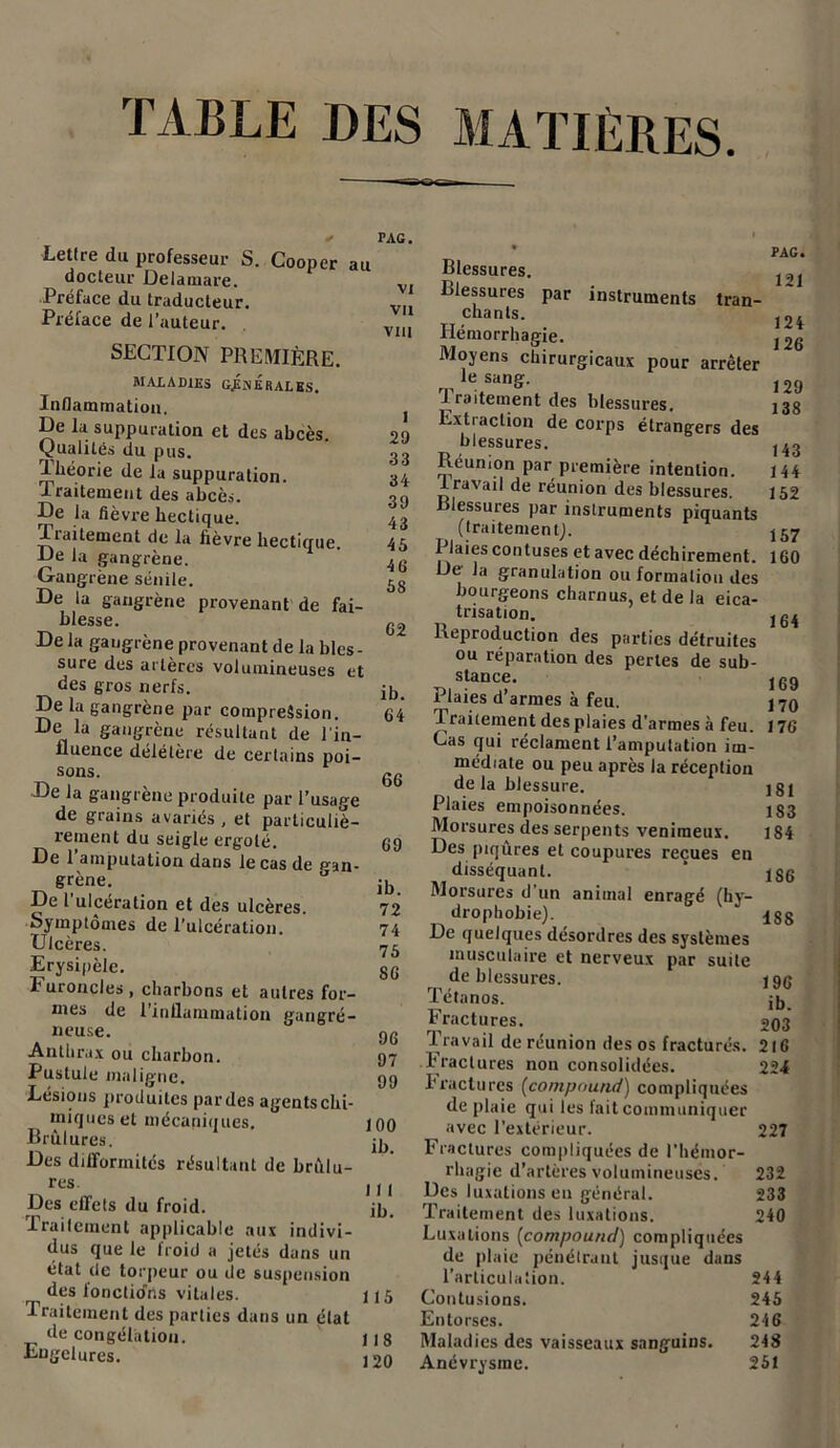 TABLE DES MATIÈRES. PAG. Vil VIII Lettre du professeur S. Cooper au docteur Delamare. VI Préface du traducteur. Préface de l’auteur. SECTION PREMIÈRE. MALADIES GÉNÉRALES. Inflammation. f De la suppuration et des abcès. 29 Qualités du pus. gg Théorie de la suppuration. 34 Iraitement des abcès. g g De la fièvre hectique. 43 Tiaitement de la fièvre hectique. 45 De la gangrène. 4g Gangrène sénile. 58 De la gangrène provenant de fai- blesse. De la gangrène provenant de la bles- sure des artères volumineuses et des gros nerfs. De la gangrène par compression. 64 De la gangrène résultant de l'in- fluence délétère de certains poi- sons. gg De la gangrène produite par l’usage de grains avariés , et particuliè- rement du seigle ergoté. 69 De l’amputation dans le cas de gan- grène. ib De 1 ulcération et des ulcères. 72 oymptomes de l’ulcération. 74 Ulcères. Erysipèle. 8G furoncles, charbons et autres for- mes de 1 inflammation gangré- neuse. gg Anthrax ou charbon. 97 Pustule maligne. 99 Lésions produites par des agents chi- miques et mécaniques, 100 Brûlures. jb Des difformités résultant de brùlu- res jj , Des effets du froid. it,_ Traitement applicable aux indivi- dus que le Iroid a jetés dans un état de torpeur ou de suspension des fonctions vitales. 115 Traitement des parties dans un état décongélation. 118 Engelures. 120 ’ PAC. Blessures. Blessures par instruments tran- chants. Hémorrhagie. j2g Moyens chirurgicaux pour arrêter le sang. 129 traitement des blessures. 138 Extraction de corps étrangers des blessures. ^g Réumon par première intention. 144 iravail de réunion des blessures. 152 Blessures par instruments piquants (traitement). jgy Plaies contuses et avec déchirement. 160 De la granulation ou formation des bourgeons charnus, et de la cica- trisation. jgj Reproduction des parties détruites ou réparation des pertes de sub- stance. jgg Plaies d’armes à feu. 179 Traitement des plaies d’armes à feu. 176 Cas qui réclament l’amputation im- médiate ou peu après la réception de la blessure. 181 Plaies empoisonnées. iS3 Morsures des serpents venimeux. 1S4 Des piqûres et coupures reçues en disséquant. ’ 13g Morsures d un animal enragé (hy- drophobie). ” 43g De quelques désordres des systèmes musculaire et nerveux par suite de blessures. 19g Tétanos. jj, Fractures. §03 I ravail de réunion des os fracturés. 216 Fractures non consolidées. 2241 Efactures (compound) compliquées de plaie qui les fait communiquer avec l'extérieur. 227 Fractures compliquées de l'hémor- rhagie d’artères volumineuses. 232 Des luxations en général. 233 Traitement des luxations. 240 Luxations (compound) compliquées de plaie pénétrant jusque dans l’articulation. 244 Contusions. 245 Entorses. 246 Maladies des vaisseaux sanguins. 248 Anévrysme. 251