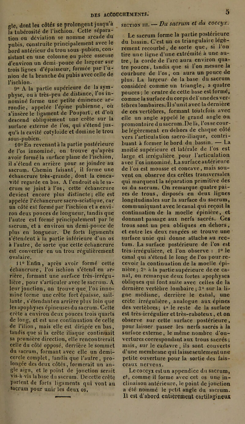 gle, dont les côtés se prolongent jusqu a fa tubérosité de l’ischion. Cette sépara- tion ou déviation se nomme arcade du pubis, construite principalement avec le bord antérieur du trou sous-pubien, con- sistant en une colonne ou pièce osseuse d’environ un demi-pouce de largeur sur trois lignes d’épaisseur, formée par l’u- nion de la branche du pubis avec celle de l’ischion. 9° A la partie supérieure de la sym- physe, ou à très-peu de distance, 1 os in- nommé forme une petite éminence ar- rondie, appelée l’épine pubienne, où s’insère le ligament de Poupart, et d où descend obliquement une crête sur la surface externe de l’os, qui s’étend jus- qu’à la cavité cotyloïde et domine le trou sous-pubien. 10° En revenant à la partie postérieure de l’os innominé, ou trouve qu’après avoir formé la surface plane de l’ischion, il s’étend en arrière pour se joindre au sacrum. Chemin faisant, il forme une échancrure très-grande, dont la conca- vité regarde en bas. A l’endroit où le sa- crum se joint à l’os, cette échancrure devient encore plus distincte; elle est appelée l’échancrure sacro-sciatique, car un côté est formé par l’ischion et a envi- ron deux pouces de longueur, tandis que l’autre est formé principalement par le sacrum, et a environ un demi-pouce de plus en longueur. De forts ligaments s'étendent à la partie inférieure d’un os à l’autre, de sorte que celte échancrure est convertie en un trou régulièrement ovalaire. 11° Enfin, après avoir formé cette échancrure, l'os ischion s’étend en ar- rière, formant une surface très-irrégu- lière , pour s’articuler avec le sacrum. A leur jonction, on trouve que l’os inno- miné forme une crête fort épaisse, sail- lante , s’étendant en arrière plus loin que les apophyses épineuscsdu sacrum. Cette crête a environ deux pouces trois quarts de long, et est une continuation de celle de l’ilion, mais elle est dirigée en bas, tandis que si la crête iliaque continuait sa première direction, elle rencontrerait celle du côté opposé, derrière le sommet du sacrum, formant avec elle un demi- cercle complet, tandis que l’autre , pro- longée des deux côtés, formerait un an- gle aigu, et le point de jonction serait vis-à-vis la base du sacrum. Dccctte crête parlent de forts ligaments qui vont au sacrum pour unir les deux os, section lit. — Du saci'ut)i et du coccyx. Le sacrum forme la partie postérieure du bassin. C’est un os triangulaire légè- rement recourbé, de sorte que, si 1 on tire une ligne d’une extrémité à une au- tre, la corde de l’arc aura environ qua- tre pouces, tandis que si l’on mesure la courbure de l’os, on aura un pouce de plus. La largeur de la base du sacrum considéré comme un triangle, a quatre pouces ; le centre de cette base est formé, comme la surface du corps de l’une des ver- tèbres lombaires. Il s’unit avec la dernière de ces vertèbres, formant toutefois avec elle un angle appelé le grand angle ou promontoire d u sacrum.De là, l’os se cour- be légèrement en dehors de chaque côté vers l’articulation sacro-iliaque, contri- buant à former le bord du bassin. — La moitié supérieure et latérale de l’os est large et irrégulière pour l’articulation avec l’os innominé. La surface antérieure de l’os est mousse et concave, mais sou- vent on observe des crêtes transversales qui marquent la séparation primitive des os du sacrum. On remarque quatre pai- res de trous, disposés en deux lignes longitudinales sur la surface du sacrum, communiquant avec le canal qui reçoit la continuation de la moelle épinière, et donnant passage aux nerfs sacrés. Ces trous sont un peu obliques en dehors, et entre les deux rangées se trouve une surface unie qui donne attache au rec- tum. La surface postérieure de l’os est très-irrégulière, et l’on observe : 1° le canal qui s’étend le long de l’os pour re- cevoir la continuation de la moelle épi- nière ; 2° à la partie supérieure de ce ca- nal, on remarque deux fortes apophyses obliques qui font suite avec celles de la dernière vertèbre lombaire; 3° sur la li- gne médiane, derrière le canal, une crètc irrégulière, analogue aux épines des vertèbres; 4° le reste de la surface est très-irrégulier et très-raboteux, et on observe sur cette surface postérieure, pour laisser passer les nerfs sacrés à la surface externe, le même nombre d’ou- vertures correspondant aux trous sacrés ; mais, sur le cadavre, ils sont couverts d’une membrane qui laisseseulementune petite ouverture pour la sortie des fais- ceaux nerveux. Le coccyx est un appendice du sacrum, et, comme il forme avec cet os une in- clinaison antérieure, le poiut de jonction a été nommé le petit angle du sacrum. Il est d’abord entièrement cartilagineux