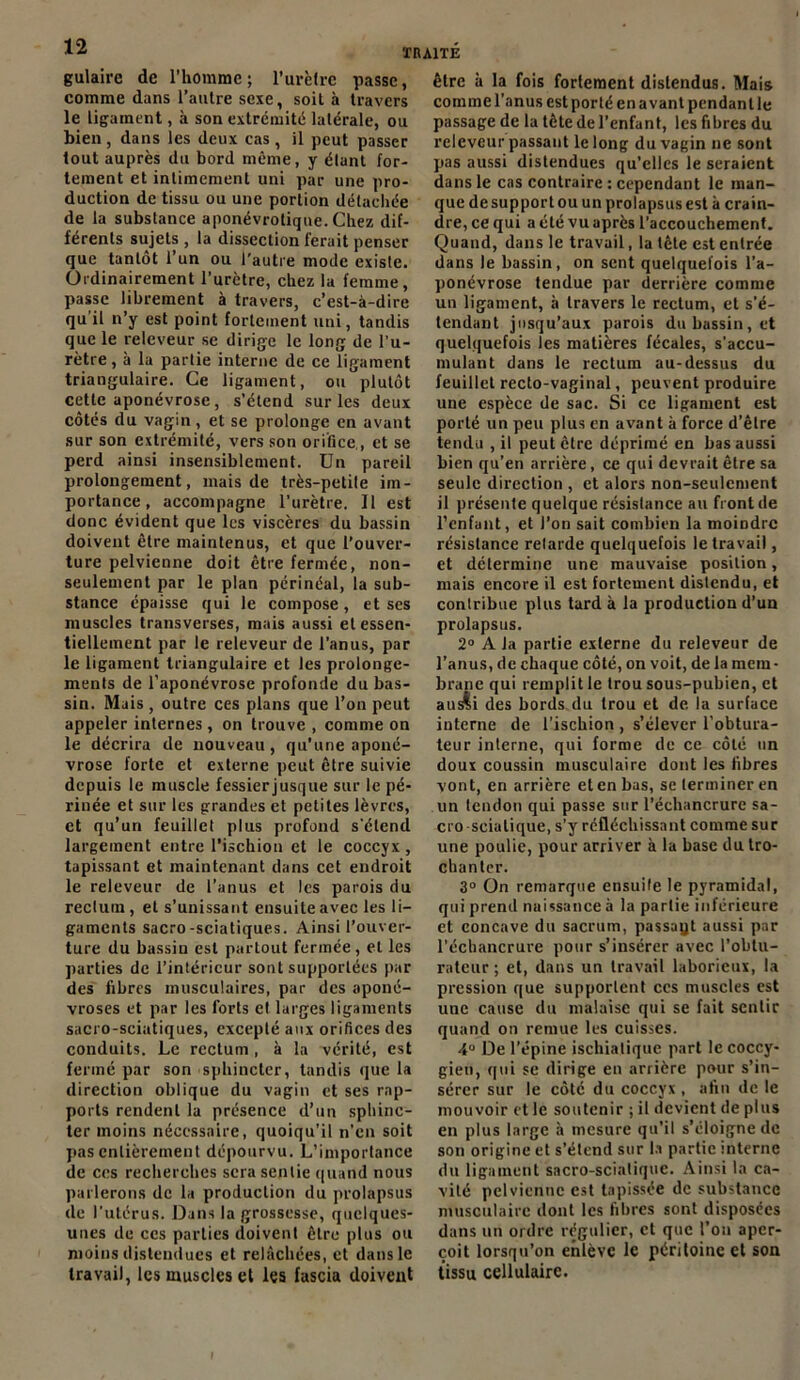 gulaire de l’homme; l’urètre passe, comme dans l’autre sexe, soit à travers le ligament, à son extrémité latérale, ou bien, dans les deux cas, il peut passer tout auprès du bord même, y étant for- tement et intimement uni par une pro- duction de tissu ou une portion détachée de la substance aponévrotique. Chez dif- férents sujets, la dissection ferait penser que tantôt l’un ou l'autre mode existe. Ordinairement l’urètre, chez la femme, passe librement à travers, c’est-à-dire qu'il n’y est point fortement uni, tandis que le relcveur se dirige le long de l’u- rètre , à la partie interne de ce ligament triangulaire. Ce ligament, ou plutôt cette aponévrose, s’étend sur les deux côtés du vagin, et se prolonge en avant sur son extrémité, vers son orifice,, et se perd ainsi insensiblement. Un pareil prolongement, mais de très-petile im- portance, accompagne l’urètre. Il est donc évident que les viscères du bassin doivent être maintenus, et que l’ouver- ture pelvienne doit être fermée, non- seulement par le plan périnéal, la sub- stance épaisse qui le compose, et ses muscles transverses, mais aussi et essen- tiellement par le releveur de l’anus, par le ligament triangulaire et les prolonge- ments de l’aponévrose profonde du bas- sin. Mais , outre ces plans que l’on peut appeler internes, on trouve , comme on le décrira de nouveau, qu’une aponé- vrose forte et externe peut être suivie depuis le muscle fessierjusque sur le pé- rinée et sur les grandes et petites lèvres, et qu’un feuillet plus profond s'étend largement entre l’ischion et le coccyx , tapissant et maintenant dans cet endroit le releveur de l’anus et les parois du rectum, et s’unissant ensuite avec les li- gaments sacro-sciatiques. Ainsi l’ouver- ture du bassiu est partout fermée, et les parties de l’intérieur sont supportées par des fibres musculaires, par des aponé- vroses et par les forts et larges ligaments sacro-sciatiques, excepté aux orifices des conduits. Le rectum , à la vérité, est fermé par son sphincter, tandis que la direction oblique du vagin et ses rap- ports rendent la présence d’un sphinc- ter moins nécessaire, quoiqu’il n’en soit pas entièrement dépourvu. L’importance de ces recherches sera sentie quand nous parlerons de la production du prolapsus de l'utéru.s. Dans la grossesse, quelques- unes de ces parties doivent être plus ou moins distendues et relâchées, et dans le travail, les muscles et les fascia doivent être à la fois fortement distendus. Mais comme l’anus est porté en avant pendant le passage de la tète de l’enfant, les fibres du releveur passant le long du vagin ne sont pas aussi distendues qu’elles le seraient dans le cas contraire : cependant le man- que de support ou un prolapsus est à crain- dre, ce qui a été vu après l'accouchement. Quand, dans le travail, la tête est entrée dans le bassin, on sent quelquefois l’a- ponévrose tendue par derrière comme un ligament, à travers le rectum, et s’é- tendant jusqu’aux parois du bassin, et quelquefois les matières fécales, s'accu- mulant dans le rectum au-dessus du feuillet recto-vaginal, peuvent produire une espèce de sac. Si ce ligament est porté un peu plus en avant à force d’être tendu , il peut être déprimé en bas aussi bien qu’en arrière, ce qui devrait être sa seule direction , et alors non-seulement il présente quelque résistance au front de l’enfant, et l’on sait combien la moindre résistance retarde quelquefois le travail, et détermine une mauvaise position, mais encore il est fortement distendu, et contribue plus tard à la production d’un prolapsus. 2° A la partie externe du releveur de l’anus, de chaque côté, on voit, de la mem- brane qui remplit le trou sous-pubien, et au^i des bords du trou et de la surface interne de l’ischion , s’élever l’obtura- teur interne, qui forme de ce côté un doux coussin musculaire dont les fibres vont, en arrière et en bas, se terminer en un tendon qui passe sur l’échancrure sa- cro-sciatique, s’y réfléchissant comme sur une poulie, pour arriver à la base du tro- chanter. 3° On remarque ensuite le pyramidal, qui prend naissance à la partie inférieure et concave du sacrum, passait aussi par l'échancrure pour s’insérer avec l’obtu- rateur ; et, dans un travail laborieux, la pression que supportent ces muscles est une cause du malaise qui se fait sentir quand on remue les cuisses. 4° De l’épine ischialique part lecoccy- gien, qui se dirige en arrière pour s’in- sérer sur le côté du coccyx , afin de le mouvoir et le soutenir ; il devient de plus en plus large à mesure qu’il s’éloigne de son origine et s’étend sur la partie interne du ligament sacro-sciatique. Ainsi la ca- vité pelvienne est tapissée de substance musculaire dont les fibres sont disposées dans un ordre régulier, et que l’on aper- çoit lorsqu’on enlève le péritoine et son tissu cellulaire.