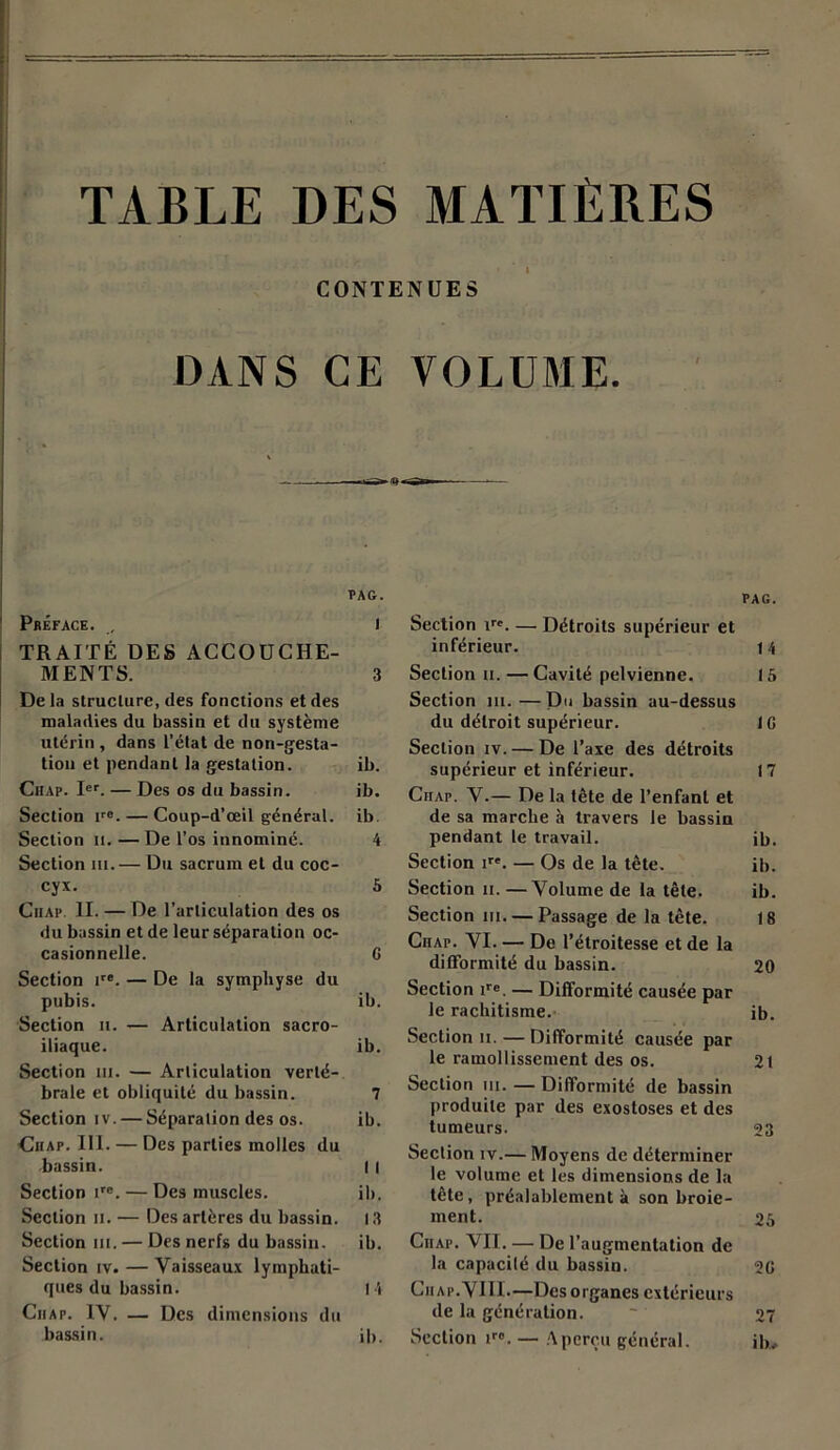 TABLE DES MATIÈRES CONTENUES DANS CE VOLUME. PAG. Préface. , l TRAITÉ DES ACCOUCHE- MENTS. 3 De la structure, des fonctions et des maladies du bassin et du système utérin , dans l’état de non-gesta- tion et pendant la gestation. ib. Chap. Ier. — Des os du bassin. ib. Section re. — Coup-d’œil général, ib. Section ii. — De l’os innommé. 4 Section iti.— Du sacrum et du coc- cyx. 5 Ciiap. II. — De l’articulation des os du bassin et de leur séparation oc- casionnelle. G Section ire. — De la symphyse du pubis. ib. Section n. — Articulation sacro- iliaque. ib. Section ni. — Articulation verté- brale et obliquité du bassin. 7 Section iv. — Séparation des os. ib. Ciiap. III.— Des parties molles du bassin. I i Section ire. — Des muscles. ib. Section ii. — Des artères du bassin. 13 Section ni. — Des nerfs du bassin, ib. Section iv. — Vaisseaux lymphati- ques du bassin. 14 Ciiap. IV. — Des dimensions du bassin. ib. PAG. Section ir'. — Détroits supérieur et inférieur. 14 Section 11. —Cavité pelvienne. 15 Section ni.—D«» bassin au-dessus du détroit supérieur. IG Section iv. — De l’axe des détroits supérieur et inférieur. 17 Ciiap. V.— De la tête de l’enfant et de sa marche à travers le bassin pendant le travail. ib. Section ire. — Os de la tête. ib. Section n. —Volume de la tête. ib. Section ni. — Passage de la tête. 18 Ciiap. VI. — De l’étroitesse et de la difformité du bassin. 20 Section ire. — Difformité causée par le rachitisme. ib. Section n. — Difformité causée par le ramollissement des os. 21 Section ni.—Difformité de bassin produite par des exostoses et des tumeurs. 23 Section iv.— Moyens de déterminer le volume et les dimensions de la tête, préalablement à son broie- ment. 25 Ciiap. VII. — De l’augmentation de la capacilé du bassin. 2G Ciiap. VIII.—Des organes extérieurs de la génération. ~ 27 Section irc. — Aperçu général. ib.
