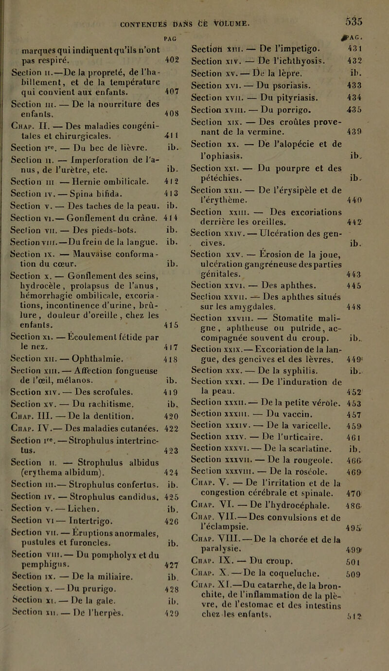 PAG marques qui indiquent qu’ils n’ont pas respiré. 402 Section n.—De la propreté, de l’ha- billement, et de la température qui convient aux enfants. 407 Section ni. — De la nourriture des enfants. 408 Cnap. II. — Des maladies congéni- tales et chirurgicales. 41 I Section ire. — Du bec de lièvre. ib. Section n. — Imperforation de l'a- nus, de l’urètre, etc. ib. Section ni —Hernie ombilicale. 412 Section iv. — Spina bifida. 4 13 Section v. — Des taches de la peau. ib. Section vx.— Gonflement du crâne. 4 14 Section vu. — Des pieds-bots. ib. Section vin.—Du frein de la langue, ib. Section îx. — Mauvaise conforma- tion du cœur. ib. Section x. — Gonflement des seins, hydrocèle, prolapsus de l’anus, hémorrhagie ombilicale, excoria- tions, incontinence d’urine, brû- lure , douleur d’oreille , chez les enfants. 415 Section xi. —Ecoulement fétide par le nez. 4 17 Section xu. — Ophthalmie. 4 18 Section xm. — Affection fongueuse de l’œil, mélanos. ib. Section xiv. — Des scrofules. 4 19 Section xv. — Du rachitisme. ib. Ciiap. III. —De la dentition. 420 CnAP. IV.— Des maladies cutanées. 422 Section ire. — Strophulus intertrinc- tus. 423 Section n. — Strophulus albidus (erythema albidum). 424 Section ni.— Strophulus confertus. ib. Section îv. —Strophulus candidus. 425 Section v. — Lichen. ib. Section vi—Intertrigo. 42G Section vu. — Eruptions anormales, pustules et furoncles. ib. Section vin.— Du pompholyx et du pemphigus. 427 Section ix. — De la miliaire. ib. Section x.—Du prurigo. 4 28 Section xi. — De la gale. ib. Section xu. — De l’herpès. 429 AG. Section xm.— De l’impetigo. 431 Section xiv. — De l’ichthyosis. 432 Section xv. — De la lèpTe. ib. Section xvi. — Du psoriasis. 433 Section xvu. — Du pityriasis. 434 Section xvm. — Du porrigo. 435 Section xix. — Des croûtes prove- nant de la vermine. 439 Section xx. — De l’alopécie et de l’ophiasis. ib. Section xxi. — Du pourpre et des pétéchies. ib. Section xxn. — De l’érysipèle et de l’érythème. 440 Section xxm. — Des excoriations derrière les oreilles. 442 Section xxiv. — Ulcération des gen- cives. ib. Section xxv. — Erosion de la joue, ulcération gangréneuse des parties génitales. 443 Section xxvi, — Des aphthes. 445 Section xxvu. — Des aphthes situés sur les amygdales. 448 Section xxvm. — Stomatite mali- gne , aphlheuse ou putride, ac- compagnée souvent du croup. ib. Section xxix.—Excoriation de la lan- gue, des gencives et des lèvres. 449' Section xxx. — De la syphilis. ib. Section xxxi. — De l’induration de la peau. 452 Section xxxn. — De la petite vérole. 453 Section xxxni. — Du vaccin. 457 Section xxxiv. — De la varicelle. 459 Section xxxv. —De l'urticaire. 4G1 Section xxxvi. — De la scarlatine. ib. Section xxxvii. — De la rougeole. 46G Section xxxvni. — De la roséole. 460 Chap. V. —De l’irritation et de la congestion cérébrale et spinale. 470 Ciiap. VI.—De l’hydrocéphale. 48G Ciiap. VII.— Des convulsions et de l’éclampsie. 49^. Ciiap. VIII. — De la chorée et de la paralysie. 49» CnAP. IX. — Du croup. 501 Ciiap. X. — De la coqueluche. 509 Ciiap. XI.—Du catarrhe, de la bron- chite, de l’inflammation de la plè- vre, de l’estomac et des intestins chez les enfants. ;,|2