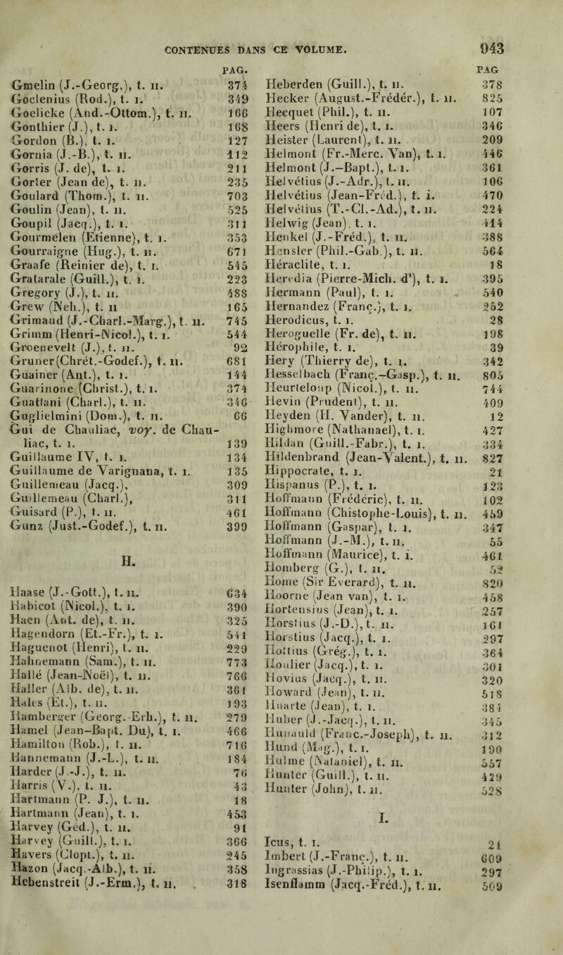 Graelin (J.-Georg,), t. 11. Goclenius (Rod.), t. i. Goelicke (And.-Qttom.), t. ïi. Gonthier (J.), 1.1. Gordon (B.), t. 1. Gornia (J.-B.), t. 11. Gorris (J. de), t. i. Gorter (Jean de), t. 21. Goulard (Thorn.), t. 11. Goulin (Jean), t. 11. Goupil (Jacq.), t. 1. Gourmelen (Etienne), t. 1. Gourraigne (Hug.), t. is. Graafe (Reiriier de), t. 1. Gratarale (Guill.), t. 1. Gregory (J.), t. 11. Grew (Neli.), t. 11 Grimaud (J.-Charl.-Marg.), t. 11. Griinm (Henri-Nicol.), t. 1. Groenevelt (J.),t. 11. Gruner(Chrét.-Godef.), f. 11. Guainer (Ant.), t. 1. Guarinone (Christ.), t. 1. Guatlani (Charl.), t. 11. Guglielmini (Dom.), t. n. Gui de Chauliac, voy. de Chau- liac, t. 1. Guillaume IY, t. 1. Guillaume de Yarignana, t. 1. Guillemeau (Jacq.), Guillemeau (Charl.), Guisard (P.), t. 11. Gunz (Just.-Godef.), I. n. H. ïlaase (J.-Gott.), 1.11. Kabicot (ES'icol.), t. 1. Haen (Ant. de), t. 11. Hagendorn (Et.-Fr.), t. 1. Haguenot (Henri), t. 11. liahnemann (Sam.), t. 11. Halle (Jean-Noël), t. 11. Haller (Alb. de), 1.11. Haies (Et.), t. ïi. Hamberger (Georg. Erh.), t. 11. Hamel (Jean-Bapt. Du), t. 1. Hamilton (Rob.), t. 11. Hannemann (J.-L.), t. 11. Harder (J.-J.), t. 11. Harris (V.), t. 11. Hartmann (P. J.), t. 11. Hartmann (Jean), t. 1. Harvey (Géd.), t. n. Harvey (Guill.), 1.1. Havers (Clopt.), t. 11. Hazon (Jacq.-Alb.), t. 11. Hebenstreit (J.-Erra.), 1.11. PAG Heberden (Guill.), 1.11. 378 Decker (August.-Frédér.), t. 11. 825 Hecquet (Phil.), t. 11. 107 Heers (Henri de), t. 1. 346 Heister (Laurent), t. iî. 209 Helmont (Fr.-Merc. Yan), 1.1. 446 Heimont (J.-Bapt.), 1.1. 361 Helvétius (J.-Adr.), 1.11. 106 Helvétius (Jean-Fréd.), t. 2. 470 Helvétius (T.-Cl.-Ad.), 1.11. 224 Helwig (Jean), t. 1. 414 Henkel (J.-Fréd.)} t. 11. 388 Hensler (Phil.-Gab ), t. iî. 564 Héraclite, 1.1. 18 Heredia (Pierre-Micli. d’), t. 1. 395 Hermann (Paul), t. 1. 540 Hernandez (Franc.), t. j. 252 Herodicus, t. 1. 28 Herogueîle (Fr. de), t. 11. 198 Hérophiîe, t. 1. 39 Hery (Thierry de), t. j. 342 Hesselbach (Franc.-Gasp.), t. 11. 805 Heurteloup (Nicoï.), t. 11. 744 Hevin (Prudent), t. 11. 409 Heyden (H. Yander), t. 11. 12 Highmore (Nathanaël), t. 1. 427 Hildan (Guill.-Fabr.), t. 1. 334 Hildenbrand (Jean-Yalent.), t. 11. 827 Hippocrate, t. 1. 21 Hispanus (P.), t. 1. 123 Hoffmann (Frédéric), t. n. 102 Hoffmann (Chistoplie-Louis), t. 11. 459 Hoffmann (Gaspar), t. 1. 347 Hoffmann (J.-M.), 1.11. 55 Hoffmann (Maurice), t. i. 461 Homberg (G.), t. 11. 52 Home (Sir Everard), t. 11. 820 lioorne (Jean van), t. ï. 45g Hortensius (Jean), t. 1. 257 Horsîius (J.-D.), t. 11. l6t Hoistius (Jacq.), t. 1. 297 Ho! t i us (Grég.), t. î. 364 lioulier (Jacq.), t. 1. 301 Hovius (Jacq.), t. 11. 320 Howard (Jean), 1.11. 5 j s liuarte (Jean), t. 1. 384 Huber (J.-Jacq.), 1.11. 345 Runauld (Franc.-Joseph), t. 11. 312 Hund (Mag'.), 1.1. ' 190 Hulme (Nalaniel), t. 11. 557 Hunier (Guill.), 1.11. 429 Hunter (John), t.11. 52S I. Icus, t. 1. 21 Imbert (J.-Franc.), t. 11. 609 Ingrassias (J.-Philip.), t. 1. 297 Isenflamm (Jacq.-Fréd.), 1.11. 509 PAG. 374 349 166 168 127 112 211 235 703 525 311 353 671 545 223 488 165 745 54 4 92 681 144 374 346 66 139 134 135 309 311 461 399 €34 390 325 541 229 773 766 361 193 279 466 716 184 76 43 18 453 91 366 245 358 318