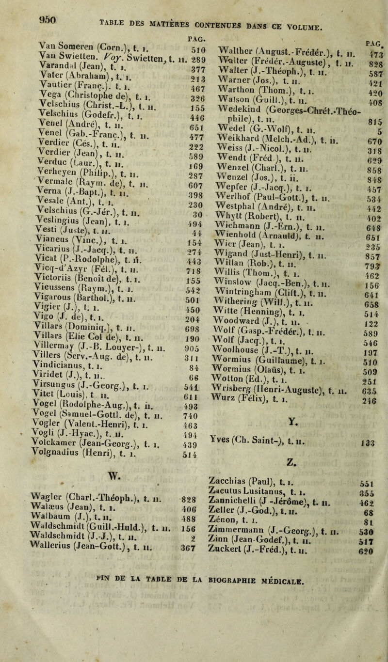 TABLE DES MATIÈRES CONTENUES DANS CE VOLUME. PAG* VauSomeren (Corn.),!... 51Ô Vau Swietten. Voy. Swietten, t. 11. 289 VaranH:. » . Varandal (Jean), t. i. Vater (Abraham), t. 1. Yautier (Franc.). 1.1. Yega (Christophe de), t. 1. Velschius (Christ.-L.), t. il. Yelschius (Godefr.), t. i. Yenel (André), t. n. Venei (Gab.-Franc.), t. 11. Verdier (Cés.), t. îi. Verdier (Jean), t. 11. Verduc (Laur.), t. u. Yerheyen (Philip.), t. 11. Yermale (Raym. de), t. n. Verna (J.-Bapt.), t. n. Vesale (Ant.), t. 1. Yelschius (G.-Jér.), t. n. Yeslingius (Jean), t. 1. Vesti (Juste), t. n. Vianeus (Vinc.), t. 1. Yicarius (J.-Jacq.), t. n. Vicat (P.-Rodolphe), t. îi. Vicq-d’Azyr (Fél.), t. il. Yictoriis (Benoît de), 1.1. Yieussens (Raym.), t. i. Yigarous (Barthol.), 1.11. Vigier (J.), t. i. Yigo (J. de), 1.1. Viilars (Dominiq.), t. u. Yillars (Elie Col de), t. n. Yillermay (J.-B. Louyer-), t. n. Yillers (Serv.-Aug. de), t. n. Yindicianus, 1.1. Viridet (J.), t. ii.. Yirsungus (J.-Georg.), t. i. Yitet (Louis), t n. Yogel (Rodolphe-Aug.), t. ii. Vogel (Samuel-Gottl. de), t. 11. Vogler (Valent.-Henri), t. i. Yogli (J.-Hyac.), t. u. Yolckamer (Jean-Georg.), t. 1. Yolgnadius (Henri), t. 1. w. » • Wagler (Charl.-Théoph.), t. u. Walæus (Jean), t. 1. YVaibaum (J.), t. n. Waldschmidt (Guill.-Huld.), t. il. Waldschmidt (J. J.), t. 11. Wallerius (Jean-Gott.), t. n. 377 213 467 326 155 446 651 477 222 589 169 287 607 398 230 30 494 44 154 274 443 718 155 542 501 450 204 698 190 905 311 84 66 541 611 493 740 463 494 439 514 828 406 488 156 2 367 Walther (August.-Frédér.), t. u. Walter (Frédér.-Auguste), t. u. Walter (J.-Théoph.), t. n. Warner (Jos.), t. u. Warthon (Thom.), 1.1. Walson (Guill.), t. n. Wedekind (Georges-Chrét.-Théo- phile), 1.11. Wedel (G.-Wolf), t. n. Weikhard (Melcb.-Ad.), t. ii. Weiss (J.-Nicol.), t. n. Wendt (Fréd.), t. n. Wenzel (Charl.), 1.11. Wenzel (Jos.), t. ii. Wepfer (J.-Jacq.), t. i. Werlhof (Paul-Gott.), t. u. Westphal (André), t. 11. Whytt (Robert), l. n. Wichmann (J.-Ern.), t. n. Wienhold (Arnauldj, t. u. Wier (Jean), t. 1. Wigand (Just-Henri), t. 11. Willan (Rob.), t. u. Willis (Thom.), t. 1. Winslow (Jacq.-Ben.), t. n. Wintringham (Clift.), t. n. Withering (Will.), t. n. Witte (Henning), t. i. Woodward (J.), t. n. Wolf (Gasp.-Frédér.), t. n. Wolf (Jacq.), t. 1. Woolhouse (J.-T.), t. n. Wormius (Guillaume), t. 1. Wormius (Olaüs), t. 1. Wotton (Ed.), t. 1. Wrisberg (Henri-Auguste), Wurz (Félix), t. 1. Y. t. n, Yves (Ch. Saint-), t.ii. Z. Zacchias (Paul), 1.1. Zacutus Lusitanus, t. 1, Zannieheili (J -Jérôme), t. n. Zeller (J.-God.), t. u. Zénon, t. 1. Zimmermann (J.-Georg.), t. n. Zinn (Jean-Godef.), t. n. Zuckerl (J.-Fréd.), t. u. PAG. 173 828 587 421 420 408 815 5 670 318 629 858 848 457 534 442 402 648 651 235 857 79£ 462 156 641 658 514 122 589 546 197 510 509 251 635 246 133 551 355 462 68 81 530 517 620 FIN DE LA TABLE DE LA BIOGRAPHIE MEDICALE.