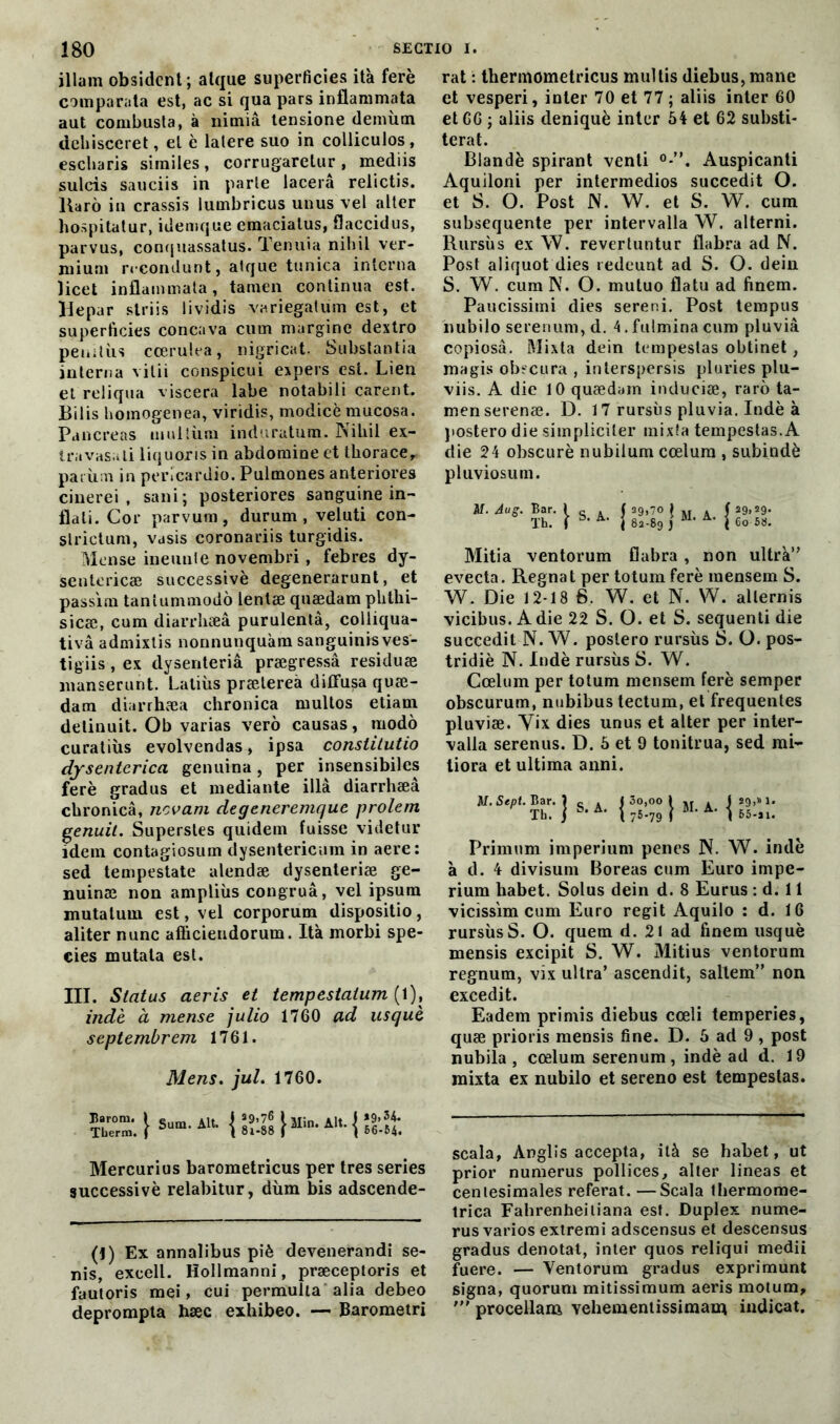 illam obsidcnt ; alque superficies ità ferè comparata est, ac si qua pars inflammata aut combusta, à nimiâ tensione demiitn dehisceret, el è lalere suo in colliculos, escharis sirailes, corrugaretur , mediis sulcis sauciis in parle lacera reiictis. llarô in crassis lumbricus unus vel alter hospitalur, idemque emaciatus, flaccidus, parvus, conquassatus. Tenuia nihil ver- mium n condunt, atque tunica interna licet inflammata, tamen continua est. Hepar striis lividis variegatum est, et superficies concava cum marginc dextro petutùs cœruiea, nigricat. Substantia interna vilii conspicui expers est. Lien et reliqua viscera labe notabili carent. Bilis homogenea, viridis, modicè mucosa. Pancréas multùm induratum. Nihil ex- tra vasali liquons in abdomine et thorace, pariim in pericardio. Pulmones anteriores cinerei , sani; posteriores sanguine in- flali. Cor parvum , durum , veluti con- strictum, vasis coronariis turgidis. Mense ineuule novembri, febres dy- sentericæ successivè degenerarunt, et passim tanîummodo tentæ quædam plithi- sicæ, cum diarrhæâ purulentâ, colliqua- tivâ admixtis nonnunquàm sanguinis ves- tigiis, ex dysenteriâ prægressâ residuæ inanserunt. Laliùs prætereà diffusa quæ- dam diarrhæa chronica multos etiam detinuit. Ob varias verô causas, modo curatiiis evolvendas, ipsa constitutio dy s enter ica genuina , per insensibiles ferè gradus et mediante illà diarrhæâ chronica, nevam degeneremque prolem genuit. Superstes quidem fuisse videtur idem contagiosum dysentericum in aere: sed tempestate alendæ dysenteriæ ge- nuinæ non ampliùs congruâ, vel ipsum mutalum est, vel corporum dispositio, aliter nunc afficieudorum. Ità morbi spe- cies mutata est. III. Status aeris et tempestatum (1), indè à mense julio 1760 ad usquè septembrem 1761. Mens. jul. 1760. Mercurius barometricus per très sériés successivè relabitur, dùm bis adscende- (1) Ex annalibus piè devenerandi se- nis, excell. HollmannI, præceptoris et fautoris mei, cui permulia alia debeo deprompta hæc exhibeo. — Barometri rat : thermometricus multis diebus, mane et vesperi, inter 70 et 77 ; aliis inter 60 et 66 ; aliis deniquè inter 54 et 62 substi- terat. Blandè spirant venti °-”. Auspicanti Aquiloni per intermedios succedit O. et S. O. Post N. W. et S. W. cum subséquente per intervalla W. alterni. Rursùs ex W. revertuntur flabra ad N. Post aliquot dies redeunt ad S. O. dein S. W. cum N. O. mutuo flatu ad finem. Paucissimi dies sereni. Post tempus nubilo serenum, d. 4. fulmina cum pluviâ copiosâ. Mixta dein tempeslas obtinet, magis obecura , interspersis pluries plu- viis. A die 10 quædam ituluciæ, rarô ta- men serenæ. D. 17 rursùs pluvia. Indè à postero die simpliciler mixta tempeslas.A die 24 obscurè nubilum cœlum , subindè pluviosum. il. Aug. Bar. t e Th. i é?’», j M' A' 29» 29* 6o 58. Mitia ventorum flabra, non ultrà” evecta. Régnât per totum ferè mensem S. W. Die 12*18 6, W. et N. W. allernis vicibus. A die 22 S. O. et S. sequenti die succedit N. W. postero rursùs S. O. pos- tridiè N. Indè rursùs S. W. Cœlum per totum mensem ferè semper obscurum, nubibus tectum, et frequentes pluviæ. Yix dies unus et alter per inter- valla serenus. D. 5 et 9 tonitrua, sed rai- tiora et ultima anni. il. Sept. Bar. \ Q . Th. ) S* A‘ 3o,oo 75*79 29,» 1. 55-21. Primum imperium penes N. W. indè à d. 4 divisum Boreas cum Euro impe- rium habet. Solus dein d. 8 Eurus : d. 11 vicissim cum Euro régit Aquilo : d. 16 rursùs S. O. quem d. 21 ad finem usquè mensis excipit S. W. Mitius ventorum regnum, vix ultra’ ascendit, sallem” non excedit. Eadem primis diebus cœli temperies, quæ prioris mensis fine. D. 5 ad 9 , post nubila , cœlum serenum, indè ad d. 19 mixta ex nubilo et sereno est tempestas. scala, Anglis accepta, ità se habet, ut prior numerus pollices, alter lineas et centésimales référât. —Scala thermome- trica Fahrenheiliana est. Duplex nume- rus varios extremi adscensus et descensus gradus dénotât, inter quos reliqui medii fuere. — Ventorum gradus exprimunt signa, quorum mitissimum aeris motum, procellam vehementissimarq indicat.