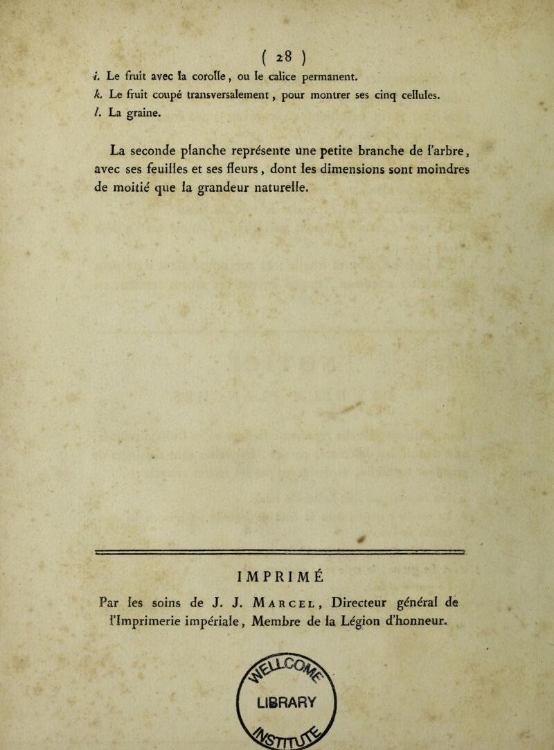 ( ^8 ) •/. Le fruit avec la corolle, ou le calice permanent. k. Le fruit coupé transversalement, pour montrer ses cinq cellules. /. La graine. La seconde planche représente une petite branche de Í arbre, avec ses feuilles et ses fleurs, dont les dimensions sont moindres de moitié que la grandeur naturelle. IMPRIMÉ Par les soins de J. J. Marcel, Directeur général de l’Imprimerie impériale, Membre de la Légion d’honneur. LIBRARY