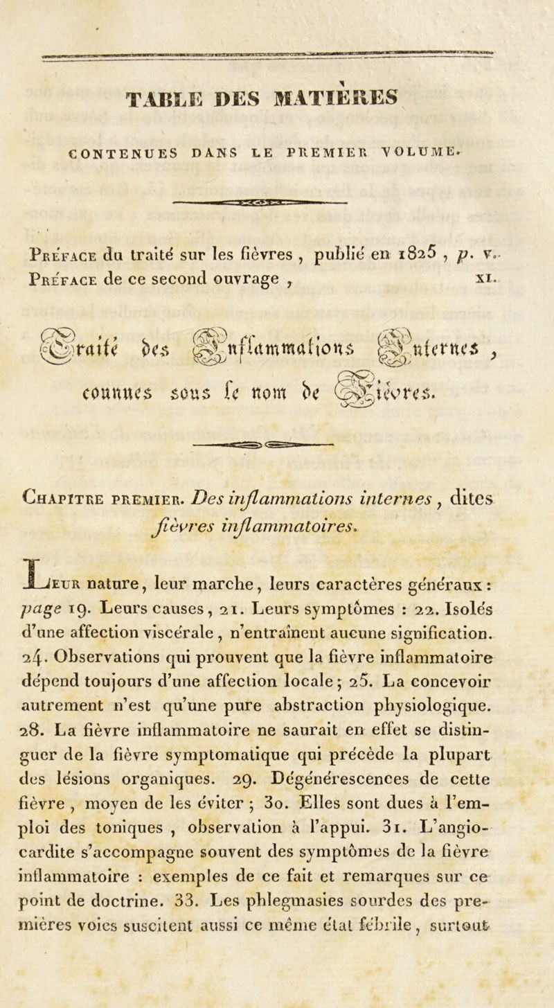 TABLE DES MATIERES CONTENUES DANS LE PREMIER VOLUME* Préfacé du traité sur les fièvres , publie' en 1826 , p. v„ Préfacé de ce second ouvrage , xi. ^inflammations cM'nierncs , ■m. connues sous fc nom bc rpa* oc. uvres. Chapitre premier. Des inflammations internes , dites Jièvres inflammatoires. Ijeur nature, leur marche, leurs caractères generaux: page 19. Leurs causes, 21. Leurs symptômes : 22. Isole's d’une affection viscérale , n’entraînent aucune signification. 24* Observations qui prouvent que la fièvre inflammatoire dépend toujours d’une affection locale; 25. La concevoir autrement n’est qu’une pure abstraction physiologique. 28. La fièvre inflammatoire ne saurait en effet se distin- guer de la fièvre symptomatique qui précède la plupart des lésions organiques. 29. Dégénérescences de cette fièvre , moyen de les éviter ; 3o. Elles sont dues à l’em- ploi des toniques , observation à l’appui. 3i. L’angio- cardite s’accompagne souvent des symptômes de la fièvre inflammatoire : exemples de ce fait et remarques sur ce point de doctrine. 33. Les phlegmasies sourdes des pre- mières voies suscitent aussi ce même état fébrile, surtout