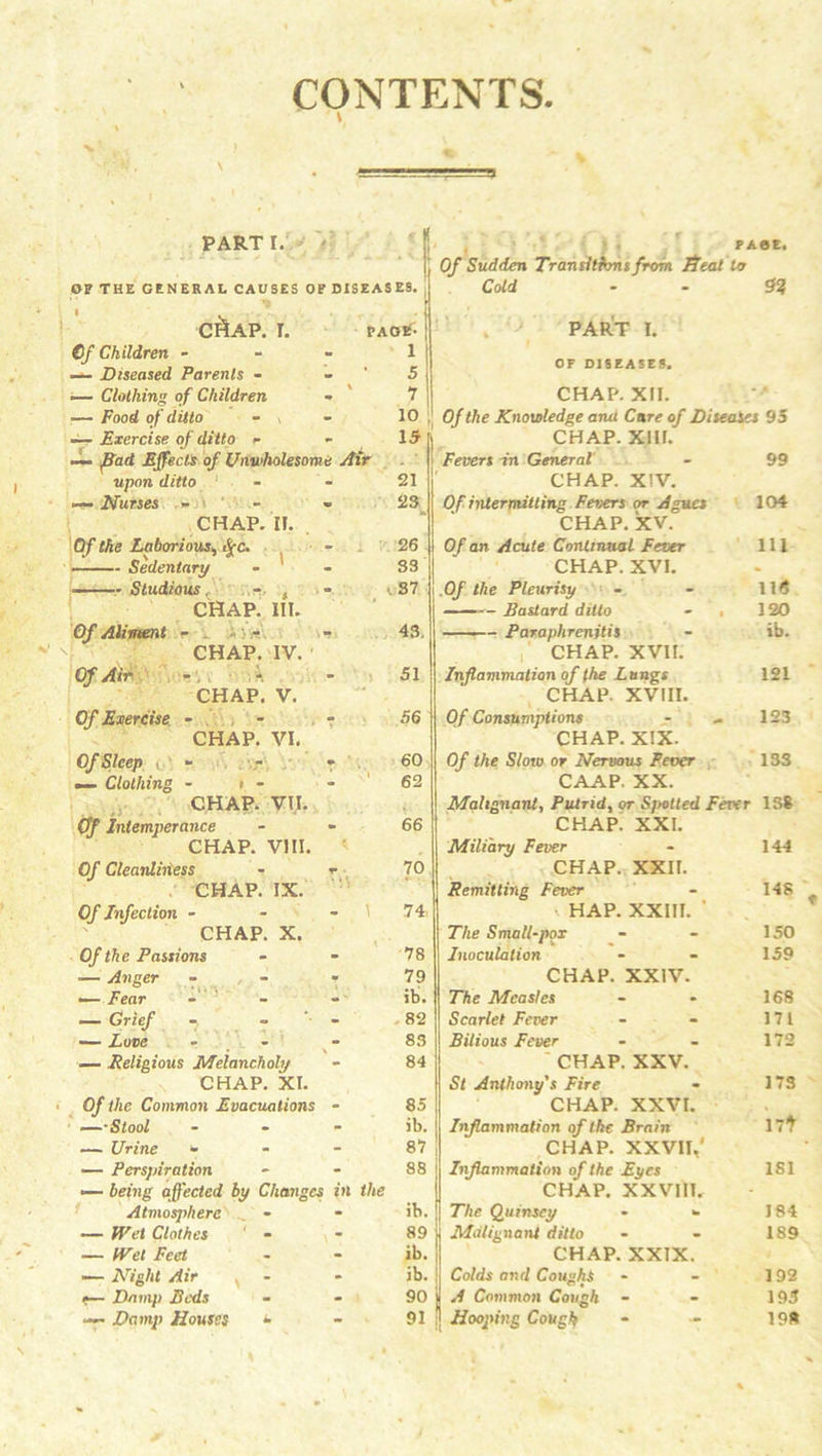 CONTENTS. V PART r. J t j P A6E. Of Sudden Transitions from Heal la OF THE GENERAL CAUSES OF DISEASES. Cold n cp*ap. r. • V, •< PAGE'- PART I. Of Children - i — Diseased Parents - 5 OF DISEASES. — Clothing of Children \ 7 CHAP. XII. •— Food of ditto - , 10 Of the Knowledge aiui Cure of Diseases 95 — Exercise of ditto <- 15 CHAP. XIII. — Bad Effects of Unwholesome Air . Fevers in General 99 upon ditto 21 CHAP. X!V. — Nurses - 23 Of intermitting Fevers or Agues 104 CHAP. IT. CHAP. XV. Of the Laborious, fyc. - 26 Of an Acute Continual Fever 111 Sedentary - ' S3 CHAP. XVI. • ——•Studious, - , •37 Of the Pleurisy 116 CHAP. III. — Bastard ditto - . 120 Of Aliment - - 43. ■ - Paraplirenitis ib. CHAP. TV. ■ CHAP. XVII. Of Air - 51 Inflammation of the Lungs 121 CHAP. V. CHAP. XVIII. Of Exercise * - 56 Of Consumptions 123 CHAP. VI. CHAP. XIX. Of Sleep i - 60 Of the Slow or Nervous Fever 133 •— Clothing - i - \ 1 62 CAAP. XX. CHAP. VII. Malignant, Putrid, or Spotted Fever 1S8 Of Intemperance - 66 CHAP. XXI. CHAP. VIII. Miliary Fever 144 Of Cleanliness y 70 CHAP. XXII. CHAP. IX. ■A Remitting Fever 148 Of Infection - . \ 74. v HAP. XXIII. ' CHAP. X. The Small-pox 150 Of the Passions • 78 Inoculation 159 — Anger - , - - 79 CHAP. XXIV. —- Fear - ib. The Measles 168 — Grief - 82 Scarlet Fever 171 — Love - 83 Bilious Fever 172 .— Religious Melancholy 84 CHAP. XXV. CHAP. XI. St Anthony's Fire 173 Of the Common Evacuations - 85 CHAP. XXVI. —■Stool - ib. Inflammation of Ike Brain 17t — Urine - - 87 CHAP. XXVII,' — Perspiration - 88 Inflammation of the Eyes 1SI •— being affected by Changes in the CHAP. XXVIIE Atmosphere - ib. The Quinscy * >■ 184 — Wet Clothes \ - 89 Malignant ditto 189 — Wet Feet - ib. CHAP. XXIX. — Night Air N - ib. Colds and Coughs 192 t— Damp Beds - 90 A Common Cough 195 — Damp Houses *• - 91 Hooping Cougtf 198