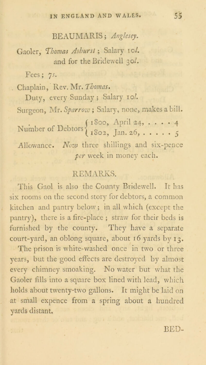 BEAUMARIS; Anglesey. Gaoler, Thomas Ashurst; Salary io/. and for the Bridewell 30/. Fees; 7s. . Chaplain, Rev. Mr. Thomas. Duty, every Sunday ; Salary 101. Surgeon, Mr. Sparrow; Salary, none, makes a hill. ( 1800, April 24, .... 4 Number of Debtorsj igo2) Jan> a6>‘ - Allowance. iVbzei three shillings and six-pence jtcr week in money each. REMARKS. This Gaol is also the County Bridewell. It has six rooms on the second story for debtors, a common kitchen and pantry below; in all which (except the pantry), there is a fire-place ; straw for their beds is furnished by the county. They have a separate court-yard, an oblong square, about 16 yards by 13. The prison is white-washed once in two or three years, but the good effects are destroyed by almost every chimney smoaking. No water but what the Gaoler fills into a square box lined with lead, which holds about twenty-two gallons. It might be laid on at small expence from a spring about a hundred yards distant.