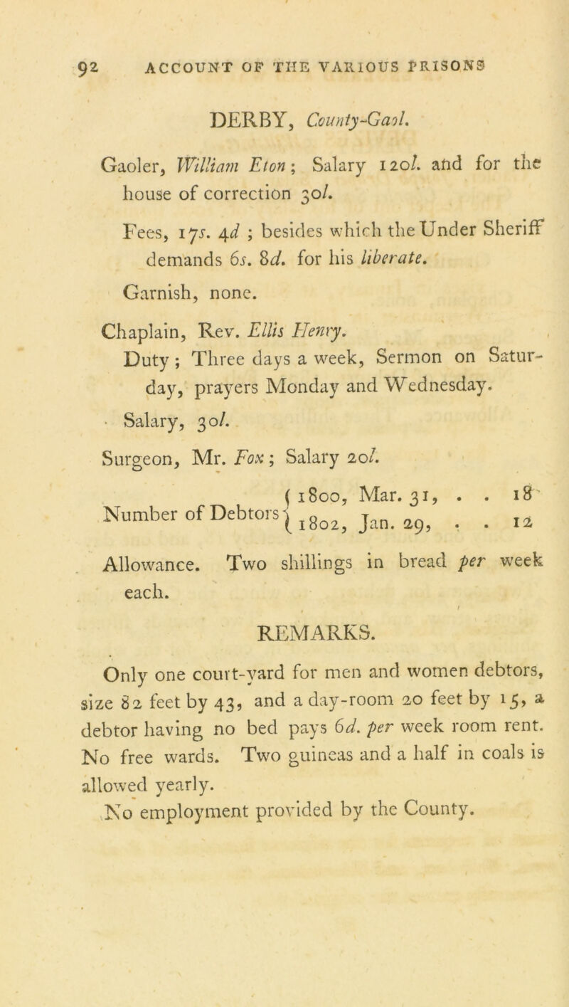 DERBY, County-Gaol. Gaoler, William Eton; Salary 120/. and for the house of correction 30/. Fees, 17s. 4d ; besides which the Under Sheriff demands 6s. 8d. for his liberate. Garnish, none. Chaplain, Rev. Ellis Henry, Duty ; Three days a week, Sermon on Satur- day, prayers Monday and Wednesday. Salary, 30/. Surgeon, Mr. Fox; Salary 20/. ( 1800, Mar. 31, . . 18 ' Number of Debtors| i8o2; Jan a9; _ . ia Allowance. Two shillings in bread per week each. , , ' REMARKS. Only one court-yard for men and women debtors, size 82 feet by 43, and a day-room 20 feet by 15, a debtor having no bed pays 6d. per week room rent. No free wards. Two guineas and a half in coals is allowed yearly. No employment provided by the County.